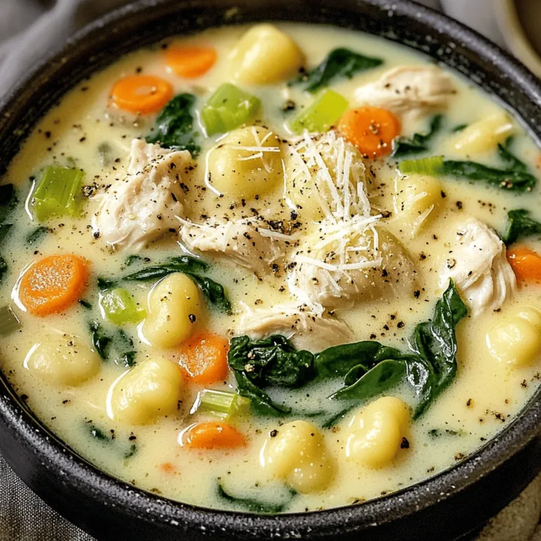 To make creamy chicken and gnocchi soup, you need some basic ingredients: - 1 lb boneless, skinless chicken thighs, diced - 1 tablespoon olive oil - 1 medium onion, chopped - 3 cloves garlic, minced - 3 carrots, diced - 2 celery stalks, diced - 4 cups chicken broth - 1 cup heavy cream or coconut cream - 1 package (16 oz) potato gnocchi - 2 cups fresh spinach - 1 teaspoon dried thyme - 1 teaspoon dried basil - Salt and pepper to taste - Grated Parmesan cheese for garnish You can also add some optional ingredients for more flavor: - Fresh herbs like parsley or dill - Lemon juice for brightness - Red pepper flakes for heat For garnishes, I love using: - Extra grated Parmesan cheese - Fresh herbs like basil or parsley These choices can make your dish look and taste even better. For the full recipe, check out the details on how to prepare this cozy soup! Start with boneless, skinless chicken thighs. Cut them into small pieces, about one inch. Heat a pot on medium heat and add olive oil. Once the oil is hot, add the chicken. Season it with salt and pepper. Cook for about 6 to 8 minutes. You want to see a nice brown color. This browning adds great flavor to the soup. When done, take the chicken out and set it aside. Now, it’s time to add flavor. In the same pot, toss in chopped onion, garlic, diced carrots, and diced celery. Sauté these for about 5 to 7 minutes. Stir gently to cook them evenly. You want the veggies to be tender but not mushy. This step is key. It builds a rich base for your soup. Next, pour in the chicken broth and bring it to a simmer. This is where the magic happens. Add the heavy cream or coconut cream. Stir in dried thyme and basil. Now, return the cooked chicken to the pot. Let everything blend together. Add the potato gnocchi and let the soup cook for 3 to 5 minutes. The gnocchi will float to the top when they are ready. Gently fold in fresh spinach last. Cook until the spinach wilts, which takes about 2 minutes. Adjust the seasoning with salt and pepper as needed. Enjoy this warm, creamy delight. For the complete recipe, check out the Full Recipe section. To make your creamy chicken and gnocchi soup truly special, focus on the texture. Start by using heavy cream or coconut cream. This gives the soup a rich, smooth feel. Stir it in after the broth simmers to keep it creamy. If you want a thicker soup, let it simmer a bit longer. Seasoning is key for flavor. Use salt and pepper to taste. Dried thyme and basil add warmth and depth. Taste as you go. Adjust the seasoning for your liking. A squeeze of lemon at the end can brighten the soup, too. One common mistake is overcooking the gnocchi. Cook them just until they float. This means they are done. If you cook them too long, they can turn mushy. Not sautéing vegetables correctly can also ruin your soup. Make sure to sauté onions, garlic, carrots, and celery until they are soft. This step builds flavor. If they are not cooked properly, the soup will lack depth. For this recipe, a large pot is essential. I recommend a heavy-bottomed pot for even heating. A good wooden spoon helps stir without scratching the pot. Using a sharp knife makes chopping easy and safe. A cutting board with grip is useful, too. Brands like Cuisinart for knives and Calphalon for pots work well. They last long and help you cook better. Check out the Full Recipe for more details on making this comforting soup! {{image_2}} You can switch chicken for other proteins. Turkey works great here. Just use the same amount of turkey as chicken. Tofu is a perfect choice for a vegetarian option. You can use firm tofu for a good texture. Be sure to press it first to remove extra water. This keeps your soup from getting too watery. For a hearty flavor, try using smoked tofu. This gives a nice twist to the dish. Adding more veggies boosts flavor and nutrition. Carrots and celery are classic, but you can add others too. Try adding zucchini or bell peppers for a fresh taste. Spinach is nice, but kale or Swiss chard can work too. If you want a sweet touch, add peas or corn. Keep in mind that different veggies cook at different rates. For example, add zucchini halfway through cooking. This way, it stays firm and tasty. If you're looking for lighter options, there are many choices. You can swap heavy cream for half-and-half or whole milk. For a dairy-free option, coconut cream fits well. It adds creaminess without dairy. You can also use cashew cream for a nutty flavor. Just blend soaked cashews with water for a smooth mix. This keeps the flavor rich without losing the creamy texture. Each option gives a unique twist to your soup. For the full recipe, check out the details above. To keep your creamy chicken and gnocchi soup fresh, refrigerate it. Use an airtight container. This helps prevent drying out and keeps flavors intact. You can store it safely in the fridge for up to three days. If you want to keep it longer, freeze it. Portion it into smaller containers. This makes it easy to reheat later. When you’re ready to enjoy it again, thaw it in the fridge overnight. Then, reheat it on the stove over low heat. Stir often for even warming. You can also use the microwave, but stir it halfway through to avoid hot spots. In the refrigerator, your soup stays good for about three days. If you freeze it, it lasts for about three months. Always check for signs of spoilage. If the soup smells off or has a strange color, it’s best to toss it. Look for any mold or unusual textures. These are clear signs that the soup is no longer safe to eat. Keep an eye on these details to enjoy your soup at its best. Yes, you can use frozen gnocchi. Frozen gnocchi cooks well in soup. Just add it straight to the pot without thawing. This saves time and keeps it easy. Cook it until they float to the top. Fresh gnocchi takes less time but both options work great. To make this soup ahead of time, cook the chicken and veggies first. You can store these parts in the fridge. Then, add the broth and cream when you're ready to eat. This keeps the flavors fresh. You can also freeze the soup without the spinach. Just add spinach when you reheat it. This soup pairs well with crusty bread. You can also serve it with a fresh salad. Garlic bread is another favorite choice. It complements the soup's creamy texture nicely. Try these sides for a complete meal. For the full recipe, check out the section above. This blog post covered everything you need for creamy chicken and gnocchi soup. We explored the key ingredients, step-by-step cooking instructions, and useful tips for success. You learned about variations to suit your tastes and storage methods to keep leftovers fresh. Now, it's time to put this knowledge to work. Enjoy creating your own delicious soup and don't be afraid to experiment! Happy cooking!
