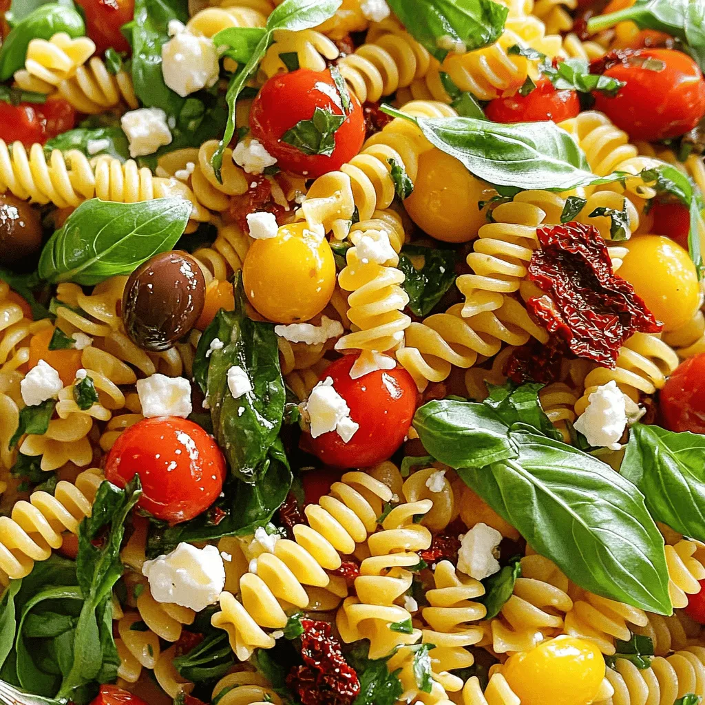 To make a tasty sun-dried tomato pasta salad, gather these simple ingredients: - 12 oz fusilli pasta - 1 cup sun-dried tomatoes in oil, chopped - 1 cup cherry tomatoes, halved - 1 cup baby spinach - ½ cup feta cheese, crumbled - ½ cup Kalamata olives, pitted and sliced - ¼ cup red onion, finely chopped - 3 tablespoons olive oil - 2 tablespoons balsamic vinegar - 1 clove garlic, minced - Salt and pepper to taste - Fresh basil leaves for garnish These ingredients give the salad a fresh taste. The sun-dried tomatoes and feta add rich flavors. Feel free to add your twist to this dish. Here are some optional ingredients for extra flavor or texture: - Grilled chicken for protein - Artichoke hearts for a unique taste - Capers for a briny kick - Fresh herbs like parsley or oregano These options keep the salad exciting. You can mix and match based on what you like. Understanding the nutrition in your salad can help you make better choices. Here are some key ingredients and their benefits: - Fusilli pasta: A good source of carbohydrates for energy. - Sun-dried tomatoes: Rich in vitamins A and C, plus antioxidants. - Baby spinach: Packed with iron, calcium, and vitamins K and A. - Feta cheese: Adds protein and calcium while being lower in fat. - Kalamata olives: Full of healthy fats and antioxidants. This salad not only tastes great but also provides important nutrients. Enjoying it can help you stay healthy. For the full recipe, check out the instructions to create this delicious dish. Start by boiling a large pot of salted water. Once it bubbles, add 12 oz of fusilli pasta. Cook it according to the package directions until it is al dente. This means it should still have a slight bite. When done, drain the pasta and rinse it under cold water. This helps cool it down and stops the cooking process. In a small bowl, whisk together the dressing. Mix 3 tablespoons of olive oil, 2 tablespoons of balsamic vinegar, and 1 minced garlic clove. Add salt and pepper to taste. This dressing is key for flavor. Set it aside while you prepare the other ingredients. In a large mixing bowl, add the cooled pasta. Then, mix in 1 cup of sun-dried tomatoes, 1 cup of halved cherry tomatoes, and 1 cup of baby spinach. Next, add ½ cup of crumbled feta cheese, ½ cup of sliced Kalamata olives, and ¼ cup of finely chopped red onion. Pour the dressing over this mixture. Toss gently, making sure everything is well coated. Taste and adjust the seasoning if you need more salt or pepper. Cover the salad and chill it for at least 30 minutes. This helps the flavors meld. Before serving, give it another gentle toss and garnish with fresh basil leaves. For the full recipe, check the ingredients listed above. To make your sun-dried tomato pasta salad shine, focus on fresh herbs. Adding fresh basil or parsley can lift the taste. These herbs add bright notes and a nice aroma. You can also toss in red pepper flakes for a spicy kick. This little addition can make a big difference in flavor. Try to use high-quality olive oil, as it enriches the dish. Look for brands that are cold-pressed for the best taste. Lastly, let the salad chill before serving. This resting time helps all flavors blend well. Having the right tools makes cooking easier. Start with a large pot for cooking pasta. A colander helps drain the pasta quickly. Use a mixing bowl for combining all the ingredients. A whisk is handy for mixing your dressing smoothly. A sharp knife and cutting board work great for chopping veggies. Don’t forget measuring cups for accurate ingredient amounts. These tools keep your kitchen organized and make the process fun. One common mistake is overcooking the pasta. Aim for al dente to keep it firm. Rinsing it under cold water is also key. It stops the cooking process and keeps the pasta from clumping. Another mistake is not tasting the salad before serving. Always check if it needs more salt or pepper. Many people skip chilling the salad, but this step is vital. It allows flavors to mingle, making each bite delightful. Avoiding these pitfalls will ensure your salad is fresh and tasty. For the full recipe, check the detailed instructions above. {{image_2}} If you have food allergies or special diets, you can still enjoy this salad. Here are some easy swaps: - Gluten-free pasta: Use gluten-free fusilli instead of regular pasta. - Dairy-free cheese: Try a vegan feta or omit cheese for a non-dairy option. - Olives: If you dislike olives, replace them with artichoke hearts or capers. These changes keep the flavors bright and fresh while meeting your needs. To make your salad more filling, add proteins. Here are some tasty options: - Grilled chicken: Shred or chop grilled chicken for a protein boost. - Chickpeas: Drain and rinse a can of chickpeas. They add protein and fiber. - Shrimp: Cook shrimp and toss them in for a seafood twist. These additions turn this salad into a main dish. You can change this salad based on what’s in season. Here are some ideas: - Spring: Add fresh peas or asparagus for a crisp bite. - Summer: Toss in diced cucumber or bell peppers for a refreshing crunch. - Fall: Use roasted butternut squash or pumpkin seeds for warmth. Seasonal swaps keep your salad exciting and fresh all year round. You can find the Full Recipe for more ideas and details. To keep your sun-dried tomato pasta salad fresh, store it in an airtight container. Make sure to let the salad cool before sealing it. This helps prevent moisture buildup. You can also layer the ingredients in the container. This way, the dressing stays separate until you’re ready to eat. Always use a clean spoon to serve, so you keep it safe from bacteria. When stored properly, the salad lasts about 3 to 5 days in the fridge. The taste will improve as it sits, allowing the flavors to meld. However, the spinach may start to wilt after a couple of days. To enjoy the best texture, eat it within the first few days. Always check for any signs of spoilage before serving. Freezing sun-dried tomato pasta salad is possible, but not ideal. The texture of the pasta and fresh veggies can change after thawing. If you want to freeze it, omit the spinach and fresh tomatoes. Instead, freeze the pasta and sun-dried tomatoes with the dressing. When ready to eat, thaw the mixture overnight in the fridge. Add fresh ingredients just before serving for the best taste. The best pasta types for pasta salad are short shapes. Fusilli, penne, and farfalle work well. They hold dressings and flavors nicely. Fusilli, in particular, twists and grabs onto all the tasty bits. You can also use whole wheat or gluten-free pasta. Just cook it until al dente for the best texture. Yes, you can make sun-dried tomato pasta salad ahead of time. This salad tastes even better after it sits for a while. The flavors blend well together when chilled. Just cover it tightly and store it in the fridge. I recommend letting it chill for at least 30 minutes. However, you can prepare it a day in advance. Just remember to toss it again before serving. You can serve sun-dried tomato pasta salad cold or at room temperature. It makes a great side dish or a light main meal. Add some fresh basil leaves on top for a nice touch. You can also pair it with grilled chicken or shrimp for extra protein. This salad is perfect for picnics, potlucks, or easy weeknight dinners. Check out the Full Recipe for more details on how to prepare this tasty dish! In this blog post, I shared how to make a sun-dried tomato pasta salad. We explored the ingredients, including key options for customization and their nutrition. I walked you through cooking and preparing the salad step by step. I also gave tips to enhance flavor, avoid mistakes, and suggested variations and thoughtful storage options. In closing, remember that pasta salad is versatile and fun. Enjoy experimenting with it to suit your taste! Your next meal can be both simple and delicious.
