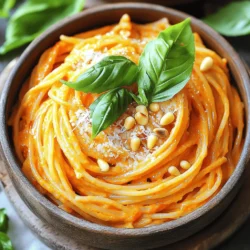 - 3 large red bell peppers - 2 tablespoons olive oil - 3 cloves garlic, minced - 1/2 teaspoon red pepper flakes - 1 cup heavy cream - 1 cup Parmesan cheese, grated - 400g (14 oz) pasta (penne or fettuccine) - Salt and pepper to taste - Fresh basil leaves for garnish - Toasted pine nuts for topping (optional) You can switch out the pasta for gluten-free options like rice or quinoa pasta. If you want a lighter dish, you can use non-dairy cream made from cashews or coconut milk. For cheese lovers, try using nutritional yeast for a vegan option or goat cheese for a tangy twist. This recipe not only offers a creamy and flavorful experience but also provides flexibility. You can mix and match ingredients based on what you have at home. This adaptability makes the Roasted Red Pepper Pasta a delight for every cook. To see the full recipe, check out the [Full Recipe]. 1. Preheat your oven to 400°F (200°C). Line a baking sheet with parchment paper. 2. Cut the red bell peppers in half and remove the seeds and stems. Place them cut-side down on the prepared baking sheet. 3. Roast the peppers in the oven for about 25-30 minutes, or until the skins are charred and blistered. Remove from the oven and let them cool slightly, then peel off the skins. 1. In a large skillet, heat the olive oil over medium heat. Add the minced garlic and sauté for about 1 minute until fragrant. Be careful not to burn it. 2. Add the roasted peppers, chopped into pieces, and red pepper flakes to the skillet. Cook for another 2 minutes, stirring well. 3. Pour in the heavy cream, stirring to combine everything. Let it simmer for another 5 minutes until slightly thickened. 4. Using an immersion blender or a countertop blender, blend the sauce until smooth. If using a countertop blender, let the mixture cool slightly before blending to avoid splatters. 1. Cook your pasta according to package instructions until al dente. Reserve about 1 cup of pasta water, then drain the pasta. 2. Add the blended sauce to the skillet with the cooked pasta, and toss to combine. If the sauce is too thick, add reserved pasta water a little at a time until you reach the desired consistency. 3. Stir in the grated Parmesan cheese and season with salt and pepper to taste. Cook on low for another minute to heat through. For details on the ingredients used, check the Full Recipe. - How to perfectly roast bell peppers: Start by cutting your red bell peppers in half. Remove the seeds and stems. Place them cut-side down on a baking sheet lined with parchment paper. Roast at 400°F (200°C) for 25-30 minutes. Look for charred and blistered skins. Let them cool, then peel off the skins. This method gives the best flavor and texture. - Importance of reserving pasta water: Always save about one cup of pasta water before draining. This water is starchy and helps to thicken your sauce. It can also help the sauce stick to the pasta. Add it slowly if your sauce is too thick. This simple step makes a big difference in the dish's creaminess. - Avoiding burnt garlic: When sautéing garlic, watch the heat closely. Cook it over medium heat and stir often. Garlic cooks quickly and can burn in seconds. If it burns, it will taste bitter. If you see it starting to brown, remove it from the heat right away. - Best ways to present Roasted Red Pepper Pasta: Serve the pasta in bowls for a cozy look. Top it with fresh basil leaves and a sprinkle of toasted pine nuts. A drizzle of olive oil adds a touch of shine. This makes the dish look elegant and inviting. - Complementary side dishes: Pair your pasta with a simple salad. A fresh green salad with lemon vinaigrette complements the flavors well. Garlic bread is also a great side. It soaks up any leftover sauce. - Wine pairings: For wine, choose a light red or a crisp white. A Pinot Grigio or a light Chianti works nicely. These wines enhance the flavors without overpowering the dish. Enjoying the right wine can make your meal even better. Enjoy exploring these tips as you prepare your Roasted Red Pepper Pasta. For the complete recipe, check out [Full Recipe]. {{image_2}} You can make your pasta even heartier by adding protein. Grilled chicken is a great choice. It adds a nice flavor and texture. Shrimp is another fantastic option. Cook it until pink and toss it in with the pasta. If you prefer vegetarian options, consider using chickpeas or lentils. They pack a punch of protein and pair well with the sauce. Tofu is also a nice swap. Simply cube it and sauté it until golden. To elevate the taste of your dish, try adding fresh herbs. Basil or parsley can add a fresh kick. You might also enjoy a sprinkle of oregano for a warm flavor. If you like spice, adjust the heat level. You can add more red pepper flakes for a fiery taste. A pinch of cayenne pepper can work wonders too. Just remember to add a little at a time. For those who need gluten-free options, use gluten-free pasta. Many brands offer great taste and texture. You won't miss the wheat at all. If you're looking for a vegan version, swap the heavy cream with coconut cream. Nutritional yeast can replace the Parmesan cheese. It adds a cheesy flavor without dairy. You can find all these ideas in the Full Recipe. To keep your Roasted Red Pepper Pasta fresh, store leftovers in an airtight container. This helps lock in flavor and moisture. Make sure to let the pasta cool down before sealing it. In the fridge, it stays good for about 3 to 5 days. If you want to save some for later, freezing is a great option. First, let the pasta cool completely. Then, place it in a freezer-safe container or bag. Squeeze out as much air as possible to avoid freezer burn. Your pasta can last up to 3 months in the freezer. When you're ready to enjoy it again, thaw the pasta overnight in the fridge. To reheat, warm it on the stove over low heat. Add a splash of cream or reserved pasta water to keep it creamy. This makes your dish taste fresh again. How do I make the sauce spicier? To spice up your sauce, add more red pepper flakes. You can also use fresh chili peppers. Start with a small amount and taste as you go. This way, you keep the flavor balanced. Can I use jarred roasted red peppers? Yes, jarred roasted red peppers work well. They save time and still add great flavor. Just drain them and chop before adding to your sauce. What pasta shapes work best for this recipe? Penne and fettuccine are great choices. Penne holds the sauce well, while fettuccine adds a nice texture. You can also try spaghetti or any pasta you enjoy. Caloric breakdown of Roasted Red Pepper Pasta One serving of Roasted Red Pepper Pasta has around 600 calories. This can vary based on the pasta and added cheese. The heavy cream adds richness, so keep that in mind. Health benefits of using red bell peppers Red bell peppers are full of vitamins A and C. They are low in calories and high in fiber. Eating them may help your immune system and improve skin health. Best practices for food storage Store leftovers in an airtight container. Keep them in the fridge for up to three days. If you want to save them longer, freezing is a great option. Signs that leftovers may be bad Check for off smells or changes in color. If the pasta looks slimy or has mold, it's time to throw it away. Always trust your senses to ensure food safety. This blog post shared how to make delicious Roasted Red Pepper Pasta. We covered key ingredients, cooking steps, and tips for great results. You learned about ingredient swaps and dietary options to customize your dish. We also explored serving ideas and how to store leftovers properly. Remember, cooking is fun and creative. Don’t hesitate to experiment with flavors and textures. Enjoy your culinary journey with Roasted Red Pepper Pasta!
