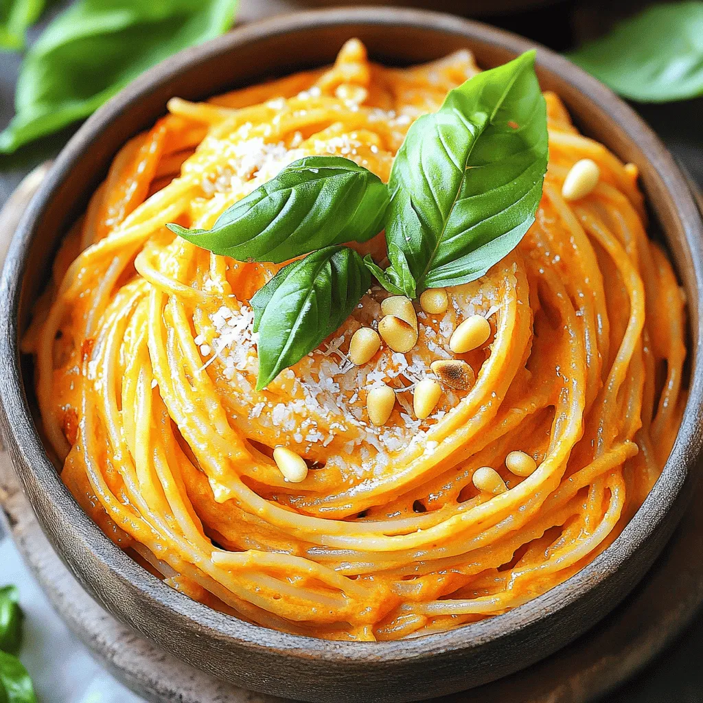 - 3 large red bell peppers - 2 tablespoons olive oil - 3 cloves garlic, minced - 1/2 teaspoon red pepper flakes - 1 cup heavy cream - 1 cup Parmesan cheese, grated - 400g (14 oz) pasta (penne or fettuccine) - Salt and pepper to taste - Fresh basil leaves for garnish - Toasted pine nuts for topping (optional) You can switch out the pasta for gluten-free options like rice or quinoa pasta. If you want a lighter dish, you can use non-dairy cream made from cashews or coconut milk. For cheese lovers, try using nutritional yeast for a vegan option or goat cheese for a tangy twist. This recipe not only offers a creamy and flavorful experience but also provides flexibility. You can mix and match ingredients based on what you have at home. This adaptability makes the Roasted Red Pepper Pasta a delight for every cook. To see the full recipe, check out the [Full Recipe]. 1. Preheat your oven to 400°F (200°C). Line a baking sheet with parchment paper. 2. Cut the red bell peppers in half and remove the seeds and stems. Place them cut-side down on the prepared baking sheet. 3. Roast the peppers in the oven for about 25-30 minutes, or until the skins are charred and blistered. Remove from the oven and let them cool slightly, then peel off the skins. 1. In a large skillet, heat the olive oil over medium heat. Add the minced garlic and sauté for about 1 minute until fragrant. Be careful not to burn it. 2. Add the roasted peppers, chopped into pieces, and red pepper flakes to the skillet. Cook for another 2 minutes, stirring well. 3. Pour in the heavy cream, stirring to combine everything. Let it simmer for another 5 minutes until slightly thickened. 4. Using an immersion blender or a countertop blender, blend the sauce until smooth. If using a countertop blender, let the mixture cool slightly before blending to avoid splatters. 1. Cook your pasta according to package instructions until al dente. Reserve about 1 cup of pasta water, then drain the pasta. 2. Add the blended sauce to the skillet with the cooked pasta, and toss to combine. If the sauce is too thick, add reserved pasta water a little at a time until you reach the desired consistency. 3. Stir in the grated Parmesan cheese and season with salt and pepper to taste. Cook on low for another minute to heat through. For details on the ingredients used, check the Full Recipe. - How to perfectly roast bell peppers: Start by cutting your red bell peppers in half. Remove the seeds and stems. Place them cut-side down on a baking sheet lined with parchment paper. Roast at 400°F (200°C) for 25-30 minutes. Look for charred and blistered skins. Let them cool, then peel off the skins. This method gives the best flavor and texture. - Importance of reserving pasta water: Always save about one cup of pasta water before draining. This water is starchy and helps to thicken your sauce. It can also help the sauce stick to the pasta. Add it slowly if your sauce is too thick. This simple step makes a big difference in the dish's creaminess. - Avoiding burnt garlic: When sautéing garlic, watch the heat closely. Cook it over medium heat and stir often. Garlic cooks quickly and can burn in seconds. If it burns, it will taste bitter. If you see it starting to brown, remove it from the heat right away. - Best ways to present Roasted Red Pepper Pasta: Serve the pasta in bowls for a cozy look. Top it with fresh basil leaves and a sprinkle of toasted pine nuts. A drizzle of olive oil adds a touch of shine. This makes the dish look elegant and inviting. - Complementary side dishes: Pair your pasta with a simple salad. A fresh green salad with lemon vinaigrette complements the flavors well. Garlic bread is also a great side. It soaks up any leftover sauce. - Wine pairings: For wine, choose a light red or a crisp white. A Pinot Grigio or a light Chianti works nicely. These wines enhance the flavors without overpowering the dish. Enjoying the right wine can make your meal even better. Enjoy exploring these tips as you prepare your Roasted Red Pepper Pasta. For the complete recipe, check out [Full Recipe]. {{image_2}} You can make your pasta even heartier by adding protein. Grilled chicken is a great choice. It adds a nice flavor and texture. Shrimp is another fantastic option. Cook it until pink and toss it in with the pasta. If you prefer vegetarian options, consider using chickpeas or lentils. They pack a punch of protein and pair well with the sauce. Tofu is also a nice swap. Simply cube it and sauté it until golden. To elevate the taste of your dish, try adding fresh herbs. Basil or parsley can add a fresh kick. You might also enjoy a sprinkle of oregano for a warm flavor. If you like spice, adjust the heat level. You can add more red pepper flakes for a fiery taste. A pinch of cayenne pepper can work wonders too. Just remember to add a little at a time. For those who need gluten-free options, use gluten-free pasta. Many brands offer great taste and texture. You won't miss the wheat at all. If you're looking for a vegan version, swap the heavy cream with coconut cream. Nutritional yeast can replace the Parmesan cheese. It adds a cheesy flavor without dairy. You can find all these ideas in the Full Recipe. To keep your Roasted Red Pepper Pasta fresh, store leftovers in an airtight container. This helps lock in flavor and moisture. Make sure to let the pasta cool down before sealing it. In the fridge, it stays good for about 3 to 5 days. If you want to save some for later, freezing is a great option. First, let the pasta cool completely. Then, place it in a freezer-safe container or bag. Squeeze out as much air as possible to avoid freezer burn. Your pasta can last up to 3 months in the freezer. When you're ready to enjoy it again, thaw the pasta overnight in the fridge. To reheat, warm it on the stove over low heat. Add a splash of cream or reserved pasta water to keep it creamy. This makes your dish taste fresh again. How do I make the sauce spicier? To spice up your sauce, add more red pepper flakes. You can also use fresh chili peppers. Start with a small amount and taste as you go. This way, you keep the flavor balanced. Can I use jarred roasted red peppers? Yes, jarred roasted red peppers work well. They save time and still add great flavor. Just drain them and chop before adding to your sauce. What pasta shapes work best for this recipe? Penne and fettuccine are great choices. Penne holds the sauce well, while fettuccine adds a nice texture. You can also try spaghetti or any pasta you enjoy. Caloric breakdown of Roasted Red Pepper Pasta One serving of Roasted Red Pepper Pasta has around 600 calories. This can vary based on the pasta and added cheese. The heavy cream adds richness, so keep that in mind. Health benefits of using red bell peppers Red bell peppers are full of vitamins A and C. They are low in calories and high in fiber. Eating them may help your immune system and improve skin health. Best practices for food storage Store leftovers in an airtight container. Keep them in the fridge for up to three days. If you want to save them longer, freezing is a great option. Signs that leftovers may be bad Check for off smells or changes in color. If the pasta looks slimy or has mold, it's time to throw it away. Always trust your senses to ensure food safety. This blog post shared how to make delicious Roasted Red Pepper Pasta. We covered key ingredients, cooking steps, and tips for great results. You learned about ingredient swaps and dietary options to customize your dish. We also explored serving ideas and how to store leftovers properly. Remember, cooking is fun and creative. Don’t hesitate to experiment with flavors and textures. Enjoy your culinary journey with Roasted Red Pepper Pasta!