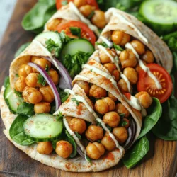 - 1 can (15 oz) chickpeas, drained and rinsed - 2 tablespoons olive oil - 2 teaspoons ground cumin - 2 teaspoons ground coriander - 1 teaspoon smoked paprika - 1 teaspoon turmeric - 1/2 teaspoon cayenne pepper (adjust for heat preference) - Salt and pepper to taste - 4 whole wheat pita wraps - 1 cup fresh spinach leaves - 1 cup diced tomatoes - 1/2 cup cucumber, diced - 1/4 red onion, thinly sliced - 1/2 cup tahini sauce or garlic yogurt sauce (for drizzling) - Fresh parsley, chopped (for garnish) In this recipe, I use canned chickpeas for ease. They are rich in protein and fiber. You can also season them with spices to create a warm flavor. The spices I choose are cumin, coriander, smoked paprika, and turmeric. They add depth and warmth. For the wraps, I prefer whole wheat pita. It’s healthy and holds the ingredients well. Fresh spinach gives a nice crunch and color. Diced tomatoes and cucumbers add freshness. The red onion gives a slight bite. For the sauce, I like tahini or garlic yogurt. Both add creaminess and flavor. You can also sprinkle fresh parsley on top for a pop of color and taste. This list covers everything you need for delicious Chickpea Shawarma Wraps. You can find the full recipe to guide you through each step. Enjoy preparing this tasty meal! To season the chickpeas, start by draining and rinsing them. In a large bowl, mix the chickpeas with olive oil, cumin, coriander, smoked paprika, turmeric, and cayenne. Use salt and pepper to taste. Make sure each chickpea gets coated well. For roasting, preheat your oven to 400°F (200°C). Spread the spiced chickpeas on a baking sheet lined with parchment paper. Roast them for 20 to 25 minutes. Stir them halfway through. This helps them get crispy and golden. For the vegetables, wash and dice the tomatoes and cucumber. Thinly slice the red onion. Place them in a bowl. Season them lightly with salt and a drizzle of olive oil. Toss gently to mix all the flavors. This step enhances the taste of the veggies. Fresh ingredients add crunch and freshness to your wraps. Now, let's assemble the Chickpea Shawarma Wraps! Start with a whole wheat pita. Lay fresh spinach leaves on the bottom. Add a scoop of the roasted chickpeas next. Then, layer on the diced veggies. Drizzle tahini sauce or garlic yogurt sauce over the filling. Sprinkle chopped parsley for color and flavor. To roll the wrap tightly, tuck in the sides as you go. This keeps everything inside. Repeat this process with the remaining ingredients. Serve right away or wrap them in foil for a meal on the go. For the full recipe, check the complete guide above! To keep your wraps fresh, avoid sogginess. Here are some simple tips: - Layer Wisely: Start with spinach first. It acts as a barrier. - Use Dry Ingredients: Make sure your veggies are dry. Pat them with a paper towel if needed. - Serve Right Away: Wraps taste best when enjoyed soon after making. For the best wraps, choose the right pita. Whole wheat pita has a nice flavor and texture. You can also try: - Lavash: This flatbread is thin and soft. - Gluten-Free Pita: For those with dietary needs, this option works well too. To make your chickpea shawarma even tastier, add more spices. Here are some ideas: - Cinnamon: A pinch can add warmth. - Sumac: This tart spice brightens the dish. - Fresh Herbs: Cilantro or mint gives a fresh taste. Making homemade sauces is key to elevating flavor. Instead of store-bought, try these easy ideas: - Garlic Yogurt: Mix yogurt with minced garlic and a splash of lemon juice. - Spicy Tahini: Blend tahini with chili powder for a kick. These tweaks will make your Chickpea Shawarma Wraps truly special. For the full recipe, check out the earlier section! {{image_2}} You can switch out chickpeas for other proteins. Black beans work well and add a nice flavor. Lentils are also a great choice. They cook quickly and absorb spices well. For meat lovers, try grilled chicken or beef shawarma. Use the same spices for a tasty twist. This way, you can enjoy these wraps no matter your diet. If you need a gluten-free option, you can use corn tortillas instead of pita. They hold the filling nicely and taste great. For low-carb diets, skip the wrap altogether. Serve the chickpeas and veggies in a bowl. Add extra sauce on top for flavor. Both options keep the meal delicious and satisfying. For the full recipe, check out the detailed instructions above. To keep your chickpea shawarma wraps fresh, store them in an airtight container. This helps preserve their taste and texture. Place a paper towel inside the container to absorb moisture. If you have extra sauce, store it separately to prevent sogginess. These wraps stay fresh for up to three days in the fridge. When it's time to reheat, use an oven or toaster oven for the best results. Heat them at 350°F (175°C) for about 10 minutes. This method keeps the wrap crispy. You can also microwave them for about 30-60 seconds, but the texture might change. Yes, you can prepare the chickpeas in advance. Cook them, let them cool, and store them in the fridge for up to three days. This makes it easy to assemble your wraps quickly when you're ready to eat. For the full recipe, check out the details above! What can I substitute if I don’t have tahini? If you don’t have tahini, try using peanut butter or almond butter. They add a nice creaminess. You can also make a garlic yogurt sauce. Mix plain yogurt with garlic and lemon juice for a tangy option. Can these wraps be frozen? Yes, you can freeze these wraps. Wrap each one in foil or plastic. They keep well for up to three months. Just remember to thaw them in the fridge before reheating. How do I make these wraps spicy or mild? To make your wraps spicy, add more cayenne pepper or some sliced jalapeños. If you prefer mild, use less cayenne and skip spicy toppings. Adjust spice to fit your taste. What other toppings can I add for variety? You can add toppings like avocado, shredded carrots, or pickled vegetables. Feta cheese or olives work well too. Get creative with flavors to make it your own! Now you know how to make delicious Chickpea Shawarma Wraps from scratch. We covered the ingredients and the best ways to prep the chickpeas and vegetables. Assembling the wraps is easy, and I shared tips to enhance flavor and prevent sogginess. You can even try variations to suit your diet. Remember to store leftovers properly and reheat them carefully. Enjoy these tasty wraps, and don’t hesitate to get creative with your toppings or sauces. Each bite is a chance to explore new flavors and enjoy a healthy meal!