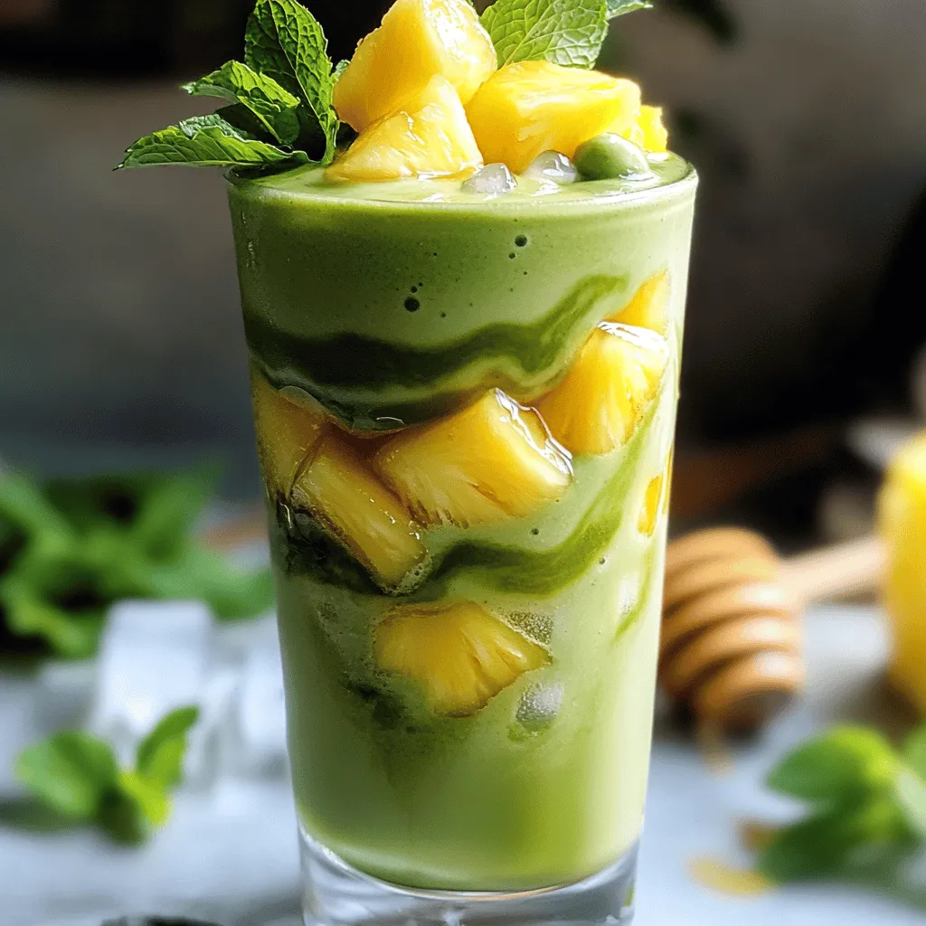 - 1 ripe pineapple, peeled and diced - 1 teaspoon matcha powder - 1 cup coconut milk (or any milk of your choice) - 1 tablespoon honey (or maple syrup for vegan option) - 1/2 cup ice cubes - Pinch of salt - Fresh mint leaves for garnish To make the Pineapple Matcha Frappe, gather the main ingredients first. Start with a ripe pineapple. It should be sweet and juicy. A good pineapple makes the drink delicious. Next, matcha powder adds a unique taste and color. Use high-quality matcha for the best flavor. It gives a gentle energy boost and rich antioxidants. Coconut milk is my favorite base. It adds creaminess and a hint of sweetness. You can swap it for any milk, like almond or oat milk. Honey gives a nice natural sweetness. If you prefer a vegan option, use maple syrup instead. It works perfectly with the other flavors. Don’t forget the ice cubes! They make the drink cold and slushy. A pinch of salt enhances all the flavors. Finally, use fresh mint leaves as a garnish. They add a bright touch and a lovely aroma. - Protein powder - Variations of sweeteners - Non-dairy alternatives For extra nutrition, consider adding protein powder. It helps make the drink more filling. You can also try different sweeteners. Agave or stevia can be good options if you want to change it up. If you want a creamier drink, explore non-dairy alternatives. Different nut milks or even oat milk can work well. - Nutritional benefits of pineapple - Matcha's health advantages - Benefits of coconut milk Pineapple is not just tasty; it’s packed with vitamins. It helps boost your immune system and aids digestion. The enzymes in pineapple may also help reduce inflammation. Matcha is rich in antioxidants. It helps boost your metabolism and gives you energy without a crash. Many people also love it for its calming effects. Coconut milk is full of healthy fats. It promotes heart health and provides energy. Plus, it’s a great dairy-free option for those with lactose intolerance. These ingredients make the Pineapple Matcha Frappe not just a treat but also a healthy choice. For the complete drink details, check out the Full Recipe. First, you need to prepare the pineapple. Take a ripe pineapple, peel it, and cut it into small pieces. This will help it blend quickly and easily. Next, measure out one teaspoon of matcha powder. This green powder adds a nice flavor and a boost of energy. Gather the rest of your ingredients: one cup of coconut milk, one tablespoon of honey or maple syrup, half a cup of ice cubes, and a pinch of salt. Now it’s time to blend your ingredients. In a blender, combine the diced pineapple, matcha powder, coconut milk, honey, and salt. Blend on high speed until everything is smooth. This step is vital for a creamy texture. After that, add the ice cubes. Blend again until the mixture becomes slushy and frothy. If you want it sweeter, taste it. You can add more honey or maple syrup as needed. For serving, pour the frappe into a tall glass. This drink looks great in clear glassware. To make it even more appealing, garnish with fresh mint leaves on top. The mint adds a lovely touch and enhances the drink's aroma. Enjoy your refreshing Pineapple Matcha Frappe right away for the best taste! To make your Pineapple Matcha Frappe truly shine, adjust the sweetness. You can start with one tablespoon of honey. If you like it sweeter, add more honey or maple syrup. This way, you get a taste that fits your needs. Pair flavors to enhance the drink. Coconut milk gives a creamy base. It works great with pineapple's tartness. Matcha adds a rich, earthy note. You can also try adding fresh mint for a bright twist. If you want to prepare your frappe beforehand, blend the mixture and store it. Use an airtight container for best results. Keep it in the fridge for up to a day. When you're ready to serve, just give it a quick stir or re-blend. Serve it cold for the best taste. You want to keep that refreshing chill. Pour it into a tall glass and garnish it before serving. This way, it looks as good as it tastes. For a creamier texture, try different types of milk. Almond milk or oat milk can add a fun twist. Each kind brings its own flavor. Experiment to find your favorite! To make your frappe thicker, use less ice. Or swap some ice with frozen pineapple chunks. This will keep your drink creamy and cold. Enjoy the smooth, slushy goodness! {{image_2}} You can have fun with your Pineapple Matcha Frappe by adding other fruits. Mango and banana work great. They bring extra sweetness and flavor. You can blend them right in or add them as toppings. Coconut flakes are another tasty option. They add a nice crunch and a tropical vibe. You can adjust the matcha to fit your taste. If you want a stronger flavor, add more matcha powder. Start with one teaspoon and go from there. You can also try different types of matcha. Ceremonial matcha has a smooth taste, while culinary matcha is more robust. Each type gives a unique flavor to your drink. Switching up sweeteners can change the whole drink. You can use agave or stevia instead of honey. These options give a different sweetness. Explore flavored syrups too. Vanilla or caramel syrups can add a fun twist to your frappe. To keep your Pineapple Matcha Frappe fresh, use an airtight container. Glass jars work well, but any tight-sealing container will do. The frappe lasts about two days in the fridge. Just be sure to check for any changes in taste or texture before drinking. You can freeze the leftover frappe for later use. Pour it into ice cube trays or freezer-safe bags. When you want to enjoy it again, just thaw the cubes in the fridge. For a frosty treat, blend the frozen cubes with a splash of coconut milk. This gives you a creamy, refreshing drink. To restore the slushy texture, blend the frappe again after storage. If it's too thick, add a little more milk. Blend until smooth and frothy again. This keeps the drink refreshing and delicious, just like when you first made it. Enjoy your tasty treat! To make a Pineapple Matcha Frappe, follow these steps: 1. Peel and dice a ripe pineapple. 2. Gather matcha powder, coconut milk, honey, and a pinch of salt. 3. Blend the pineapple, matcha, coconut milk, honey, and salt until smooth. 4. Add ice cubes and blend again until slushy. 5. Adjust sweetness if needed, then pour into a glass. 6. Garnish with fresh mint leaves. Enjoy! For the full recipe, check out the details above. Yes, you can use various types of matcha. There are culinary and ceremonial grades. Culinary matcha is best for drinks and baking. Ceremonial matcha has a finer taste and is great for sipping. Both can work in your frappe, but choose based on your preference. Yes, this recipe can easily be vegan! Use maple syrup instead of honey. Coconut milk is already dairy-free, making it a great choice. You can enjoy this refreshing drink without any animal products. You can find ready-made Pineapple Matcha Frappe at many cafes or juice bars. Online retailers like Amazon often have bottled versions. Some local grocery stores may also carry these drinks. Check the beverage aisle for options. To adjust the sweetness, start with the honey or maple syrup. Taste your frappe before adding more. You can also use flavored syrups or sweeteners like agave. Experiment until you find your perfect balance! This blog post covers a tasty recipe for a Pineapple Matcha Frappe. You learned about essential ingredients and their health benefits. I provided step-by-step instructions to help you blend the perfect drink. Tips and tricks guide you on flavor adjustments and storage. Plus, you explored variations to customize your frappe. In summary, this drink is refreshing, healthy, and easy to make. Enjoy experimenting with flavors and ingredients to find your favorite version!