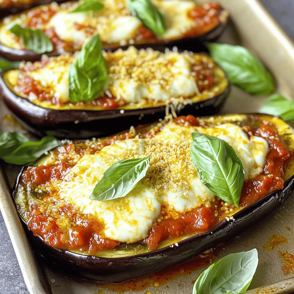 - 2 medium eggplants - 2 cups marinara sauce - 1 ½ cups mozzarella cheese, shredded - ½ cup grated Parmesan cheese - 1 teaspoon dried oregano - 1 teaspoon garlic powder - ½ teaspoon red pepper flakes (optional) - Salt and pepper to taste - Fresh basil leaves for garnish - Olive oil Eggplant Parmesan Boats are easy and fun to make. You need quality ingredients to make it great. Start with two medium eggplants. They should be firm and smooth. Next, grab two cups of marinara sauce. Use your favorite brand or make your own. For cheese lovers, you'll need 1 ½ cups of shredded mozzarella cheese. This cheese melts perfectly. Also, get ½ cup of grated Parmesan cheese to add a sharp flavor. Don't forget the spices! You need 1 teaspoon of dried oregano and 1 teaspoon of garlic powder. These give the dish its Italian flair. If you like a little heat, add ½ teaspoon of red pepper flakes. Lastly, use salt and pepper to taste. For a fresh touch, have some basil leaves for garnish. A drizzle of olive oil is also important. It helps the eggplants roast nicely. You can find all these ingredients in most grocery stores. Check the produce section for fresh eggplants. The cheese aisle will have mozzarella and Parmesan. The spice section will have oregano, garlic powder, and red pepper flakes. Ready to cook? Grab the full recipe and let's dive into the steps! - Preheat the oven to 375°F (190°C). - Cut the eggplants in half lengthwise. Scoop out the flesh, leaving a ½-inch border. This creates the boats. Reserve the flesh for later use. - Brush the eggplant halves with olive oil on both sides. - Sprinkle salt and pepper on them. - Place the halves cut side up on a baking sheet lined with parchment paper. - Roast the eggplant boats in the oven for 25 minutes. They should be tender when done. - Chop the reserved eggplant flesh into small pieces. - Heat a tablespoon of olive oil in a skillet over medium heat. - Add the chopped eggplant, oregano, garlic powder, and red pepper flakes. Cook until soft, about 5-7 minutes. - Stir in the marinara sauce and half of the mozzarella cheese. Mix well and remove from heat. - Carefully fill each roasted eggplant boat with the mixture. - Top with the remaining mozzarella and sprinkle Parmesan cheese over the top. - Return the stuffed eggplants to the oven. Bake for an additional 15-20 minutes until the cheese is bubbly and golden. - Once baked, remove from the oven and let cool for a few minutes. Garnish with fresh basil leaves before serving. For the full recipe, check out the detailed instructions above. Enjoy your cooking adventure! Choose medium-sized eggplants. They offer a good balance of flavor and texture. Look for smooth skin. The skin should be shiny and firm. Avoid eggplants with blemishes or soft spots. These signs mean they are overripe. When selecting, gently press the eggplant. If it springs back, it is fresh. The ideal size is about 6-8 inches long. This size is perfect for making boats. For the best taste, use high-quality mozzarella cheese. It melts well and adds creaminess. Parmesan cheese enhances flavor too. Use a mix of both for a rich topping. If you prefer vegan options, use plant-based cheese. There are great brands that melt nicely. Nutritional yeast is another option. It gives a cheesy flavor without dairy. Add fresh herbs for more flavor. Basil and parsley work well. You can also mix in some thyme or rosemary for a twist. To spice things up, try adding crushed red pepper flakes. For a deeper flavor, sauté garlic with the eggplant. Pair the boats with a light salad or garlic bread. These sides balance the rich cheese and sauce. {{image_2}} You can make Eggplant Parmesan Boats even better by adding more vegetables. Try bell peppers, mushrooms, or spinach. Chop them small and mix them into the filling. This adds color and nutrients. You can also add legumes, like black beans or chickpeas. They boost protein and make the dish heartier. If you want a low-carb version, use zucchini instead of eggplant. Slice zucchini lengthwise and scoop out some flesh. This keeps the boat shape. You can also use cauliflower rice in the filling. It gives a nice texture and cuts carbs. Just make sure to drain any extra liquid. Sauces make a big difference in flavor. You can use homemade marinara for fresh taste. If you’re short on time, store-bought sauce is fine. Just check the label for added sugars. Want some heat? Add red pepper flakes or try a spicy arrabbiata sauce. For a creamy twist, blend in some ricotta with your marinara. This adds a rich layer to your boats. After cooking, let your eggplant Parmesan boats cool. Place any leftovers in an airtight container. This keeps them fresh and tasty. They will last in the fridge for about 3 to 5 days. You can freeze eggplant Parmesan boats for later. First, let them cool completely. Wrap each boat in plastic wrap and then in foil. This helps prevent freezer burn. They can last up to 3 months in the freezer. To reheat, thaw them overnight in the fridge. Preheat the oven to 350°F (175°C). Place the boats on a baking sheet and cover them with foil. Bake for about 20 minutes. Remove the foil for the last 5 minutes to get that cheese bubbly again. These boats pair well with a fresh green salad. A light vinaigrette will balance the rich flavors. You can also serve them with crusty bread. Warm bread is perfect for dipping in any extra marinara sauce. Eggplant Parmesan boats taste great hot or even at room temperature. Yes, you can prepare Eggplant Parmesan Boats ahead of time. Start by roasting the eggplant boats, as the recipe states. After roasting, let them cool completely. Then, fill them with the marinara and cheese mixture. Wrap each boat tightly in plastic wrap and store them in the fridge for up to 24 hours. When you're ready to eat, bake them at 375°F (190°C) for about 20-25 minutes or until heated through. This method saves time and keeps dinner stress-free. To prevent bitterness in eggplant, start by salting it. Cut the eggplant in half, scoop out the flesh, and sprinkle salt inside the boats. Let them sit for about 30 minutes. The salt draws out excess moisture and bitterness. After that, rinse the eggplant under cold water to remove the salt, and pat it dry with a towel. This simple step ensures your Eggplant Parmesan Boats taste fresh and delicious. If you want to switch up the flavors, there are several options for marinara sauce. You can use pesto for a fresh, herby taste. Alfredo sauce adds creaminess and richness. For a spicy kick, try arrabbiata sauce. If you prefer a lighter option, a simple olive oil and garlic mix works well too. Feel free to experiment with these alternatives to find your favorite flavor for Eggplant Parmesan Boats. For the full recipe, check out the main article! You now have all the tools to create tasty eggplant Parmesan boats. We covered the main ingredients, spices, and cooking steps. You learned to choose the best eggplants and cheeses. You also explored various ways to customize your dish and store leftovers. In cooking, use your creativity. Make it your own. Enjoy the process and share your delicious results!