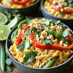 To make tasty Spicy Thai Noodle Bowls, gather these key items: - 8 oz rice noodles - 1 tablespoon vegetable oil - 1 red bell pepper, sliced - 1 cup snap peas - 2 cloves garlic, minced - 1 tablespoon ginger, grated - 1 can (13.5 oz) coconut milk - 2 tablespoons red curry paste - 2 tablespoons soy sauce (or tamari for gluten-free) - 1 tablespoon lime juice - 1 tablespoon brown sugar - Fresh cilantro, for garnish - Chopped peanuts, for garnish - Lime wedges, for serving These ingredients create a rich and vibrant dish. The rice noodles form the base, while fresh veggies add crunch. Coconut milk gives a creamy texture. Red curry paste adds heat and depth of flavor. You can adjust this dish to fit your taste. Here are some optional ingredients: - Additional vegetables like carrots or broccoli - Protein options such as chicken, shrimp, or tofu - Spicy additions like chili flakes or sriracha Feel free to mix and match. Your Spicy Thai Noodle Bowls will be unique each time. For the complete cooking process, check the Full Recipe. To cook rice noodles, follow these steps: 1. Boil water in a large pot. 2. Add the rice noodles to the boiling water. 3. Cook them according to the package instructions, usually 4-6 minutes. 4. Stir occasionally to prevent sticking. To avoid sticky noodles, rinse them with cold water right after draining. This helps separate them and cools them down fast. For the best stir-fry, use a large skillet or wok. Heat the skillet over medium-high heat. 1. Add 1 tablespoon of vegetable oil. 2. Next, toss in the sliced red bell pepper and snap peas. 3. Stir-fry for about 3-4 minutes until they soften. Add minced garlic and grated ginger for flavor. Cook these for one more minute. This keeps the veggies crisp and bright. Mixing the sauce is key to this dish. First, pour the can of coconut milk into your skillet. 1. Bring it to a gentle simmer. 2. Add 2 tablespoons of red curry paste and stir well. The goal is to dissolve the paste fully. Then, mix in 2 tablespoons of soy sauce, 1 tablespoon of lime juice, and 1 tablespoon of brown sugar. This balance gives you sweet, salty, and spicy notes. Now it’s time to bring it all together. 1. Add the cooked rice noodles into the skillet with the sauce. 2. Toss to coat the noodles well in the spicy sauce. Cook for about 2-3 minutes until everything is heated through. This ensures each noodle gets that tasty sauce. For the full recipe, check the details provided earlier. - Overcooking the noodles: This can make your noodles mushy. Follow the package directions closely. Aim for al dente, which means the noodles should still have a slight bite. - Skipping the garnish: Fresh cilantro and chopped peanuts add texture and flavor. Don’t skip these! They make your dish look and taste better. - Adding herbs and spices: Fresh herbs like basil or mint can brighten the dish. You can also add a pinch of chili flakes for extra heat. - Suggestions for additional toppings: Try adding sliced green onions or a few lime wedges. These toppings add color and flavor, making your bowl even more appealing. - Alternative methods for a quicker dish: You can use pre-cooked noodles to save time. Look for rice noodles in the refrigerated section. They heat up quickly in the sauce. - Using kitchen gadgets (Instant Pot, Air Fryer): If you have an Instant Pot, you can cook noodles and sauce together. In an Air Fryer, you can roast veggies while your noodles cook on the stove. This speeds up the process and adds great flavor. Using these tips will help you make the best Spicy Thai Noodle Bowls ever! Enjoy the process and let your creativity shine. For the full recipe and detailed instructions, check out the Full Recipe link. {{image_2}} For a vegetarian or vegan twist, swap meat for plant-based proteins. Tofu works great here. Simply press it to remove excess water, then cube and sauté until golden. You can also use tempeh or seitan for a protein boost. Check that your soy sauce is labeled vegan. Use coconut aminos if you want to avoid soy entirely. This way, you can enjoy a hearty meal without compromising your diet. You can mix things up by trying various curry pastes. For a milder taste, use yellow curry paste. If you want more spice, go for green curry paste. Both can add a unique flair to your bowl. Another option is to stir in some peanut sauce. This rich sauce adds creaminess and depth. It’s a delicious way to elevate your dish. You can adapt this recipe for fall and winter. Try adding roasted squash or kale for heartiness. In spring and summer, fresh herbs like basil and mint brighten the bowl. You can even toss in seasonal veggies like asparagus or zucchini. This keeps your meal fresh and exciting all year long. To store leftovers, let them cool first. Place the noodles and sauce in a sealed container. This keeps them fresh. You can store them in the fridge for up to three days. If you want to enjoy them later, use airtight bags or containers. They will stay good for a short time, but the flavors will fade. If you want to freeze your noodles, do it right after they cool. Use freezer-safe bags or containers. Remove as much air as you can. This helps prevent freezer burn. You can freeze them for about a month. To reheat, let them thaw in the fridge overnight. When you reheat, use a pan on low heat. Add a splash of water or broth to keep them moist. Stir gently to avoid sogginess. You can also use the microwave. It’s quick, but check every minute to avoid overcooking. This way, your spicy Thai noodle bowls stay tasty and fun! To add more heat, you can try a few things. Use more red curry paste. Add crushed red pepper flakes. Sriracha is also great for heat. If you like it super spicy, add fresh chilies. Always taste as you go. You want to balance the spice with the other flavors. Yes, you can. Use gluten-free soy sauce or tamari instead of regular soy sauce. Rice noodles are often gluten-free, but always check the label. Some brands may add wheat. If you want a different noodle, look for gluten-free options made from rice or other grains. If you can't find coconut milk, try almond milk or soy milk. You can also use cashew cream for a rich feel. If you want a light option, use vegetable broth. Each will change the flavor a bit, but they can work well in this dish. You can find the Full Recipe for Spicy Thai Noodle Bowls to get all the details and steps. In this blog post, we explored the key ingredients, instructions, and tips for making Spicy Thai Noodle Bowls. You learned how to cook rice noodles, stir-fry vegetables, and create a flavorful sauce. We covered mistakes to avoid and storage tips to keep your leftovers fresh. Making this dish fun is all about personalizing it. Use different veggies, proteins, and spices. Don’t forget to enjoy it with loved ones. With these tips, you can easily make Spicy Thai Noodle Bowls that taste great every time. Happy cooking!