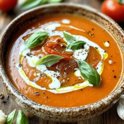 To make a great roasted tomato soup, you need some key ingredients. Here’s what you will need: - 2 pounds ripe Roma tomatoes, quartered - 1 large onion, roughly chopped - 4 cloves garlic, unpeeled - 3 tablespoons olive oil - Salt and pepper to taste - 1 teaspoon smoked paprika - 1 teaspoon dried basil - 4 cups vegetable broth - 1 tablespoon balsamic vinegar - 1 cup heavy cream or a dairy-free alternative (optional) - Fresh basil leaves for garnish These ingredients create a tasty base for your soup. The sweet, roasted tomatoes bring warmth. The onion and garlic add depth and flavor. If you want to take your soup to the next level, consider some fun add-ins. Here are a few options: - A pinch of red pepper flakes for heat - A tablespoon of honey for sweetness - A splash of lemon juice for brightness - Fresh herbs like thyme or oregano for extra flavor Feel free to mix and match these additions. They can change the soup's flavor and make it your own. Roasted tomato soup is not only delicious but also healthy. Here’s a quick look at its nutritional benefits: - High in vitamins A and C from tomatoes - Good source of fiber from vegetables - Contains healthy fats from olive oil - Option for creamy texture with heavy cream or dairy-free choices This soup is a warm and comforting meal, perfect for any day. You can find the full recipe in the section above. Enjoy cooking! First, we need to prepare our ingredients. Grab 2 pounds of ripe Roma tomatoes and quarter them. Next, chop 1 large onion roughly. Take 4 cloves of garlic and leave them unpeeled. This keeps their flavor strong and sweet. Now, preheat your oven to 400°F (200°C). On a large baking sheet, spread out the quartered tomatoes and chopped onion. Add the unpeeled garlic cloves too. Drizzle 3 tablespoons of olive oil over the vegetables. Season generously with salt, pepper, smoked paprika, and dried basil. I like to use about 1 teaspoon of each spice. Roast your mix in the oven for 30-35 minutes. You want the tomatoes to caramelize and soften. Stir the mixture halfway through for even cooking. Once done, take it out and let it cool for a bit. After it cools, squeeze the roasted garlic from its skin into a blender or a pot. Add the roasted tomatoes and onion. Pour in 4 cups of vegetable broth and 1 tablespoon of balsamic vinegar. If you want a creamy soup, you can add 1 cup of heavy cream later. Blend it all until smooth. If you're using a pot, you can use an immersion blender. Once blended, pour the mixture back into the pot. Simmer over medium heat for about 10 minutes. If you added heavy cream, stir it in now. Simmer for another 5 minutes. Always taste and adjust the seasoning as needed. To serve, ladle the hot soup into bowls. Garnish each bowl with fresh basil leaves for a nice touch. This roasted tomato soup pairs well with a crispy grilled cheese sandwich or a fresh salad. Enjoy your cozy meal! You can find the full recipe for more details. Roasting brings out the best in tomatoes. Use ripe Roma tomatoes for great taste. Cut them into quarters to help them roast evenly. Spread them out on your baking sheet. This way, they won’t steam but caramelize instead. A little olive oil helps too. Drizzle it on top and make sure to coat all the veggies. Season generously with salt and pepper. Smoked paprika adds a nice depth. Roast them at 400°F for 30-35 minutes. Stir halfway through to ensure they cook evenly. One mistake is overcrowding the baking sheet. If you pile on the tomatoes, they will not roast well. They need space to breathe and caramelize. Another mistake is not letting the garlic roast long enough. Roasting garlic adds a sweet flavor that brightens the soup. Make sure to use fresh herbs instead of dried ones for garnish. Fresh basil gives a pop of flavor that dried cannot match. If you want a creamier soup, add heavy cream. Stir it in after blending the soup. This makes the soup rich and smooth. If you prefer a lighter option, use coconut milk or cashew cream. Both will add creaminess without the dairy. Blend the soup well to achieve a silky texture. Always taste and adjust the seasoning. This step can elevate your soup to new heights. For the full recipe, check out the cozy roasted tomato soup section. {{image_2}} To make this soup vegan, skip the heavy cream. Use a creamy plant-based milk instead. Coconut milk or cashew cream works well. You will still enjoy great flavor. The roasted tomatoes shine in this recipe. If you want a creamy soup, add heavy cream. Stir it in after blending the soup. You can also use a dairy-free alternative. This gives the soup a rich, smooth texture. Adjust the seasoning after adding cream to balance flavors. Add fun flavors by mixing in different ingredients. Try these options: - Fresh herbs: Add thyme or oregano for an herbal twist. - Spices: A pinch of red pepper flakes adds heat. - Cheese: Grated parmesan or crumbled feta gives a salty kick. - Vegetables: Stir in roasted bell peppers or carrots for added depth. Feel free to experiment and find your favorite combination. For the complete recipe, check the [Full Recipe]. To store leftover roasted tomato soup, let it cool first. Pour it into an airtight container. Seal the container well. You can store it in the fridge for up to five days. Make sure it is chilled before placing it in the fridge to keep it fresh. You can freeze roasted tomato soup for later use. First, cool the soup completely. Then, pour it into freezer-safe bags or containers. Leave some space at the top, as the soup will expand when frozen. Label the bags with the date. It can last up to three months in the freezer. When you're ready to eat, just thaw it in the fridge overnight. When reheating your roasted tomato soup, do it slowly. Pour the soup into a pot and heat it over medium heat. Stir often to prevent sticking. If the soup is too thick, add some vegetable broth or water to thin it out. You can also reheat it in the microwave. Heat it in short bursts, stirring in between. This keeps the soup warm without burning it. Enjoy your cozy soup again! You can use coconut milk or cashew cream. Both add creaminess without dairy. Silken tofu is another option. It blends well and keeps the soup thick. You can also try almond milk, but it may not be as rich. Homemade roasted tomato soup lasts about 5 to 7 days in the fridge. Make sure you store it in an airtight container. This keeps the soup fresh and tasty for your next meal. Yes, you can use canned tomatoes. They are a great time-saver. Look for high-quality, whole tomatoes. Drain them well before using. Canned tomatoes can be just as flavorful as fresh ones in this soup. Roasted tomato soup pairs well with grilled cheese sandwiches. The crunch of the bread and gooey cheese complements the soup well. A fresh green salad also works nicely for a light meal. You can even serve it with crusty bread for dipping. Roasted tomato soup is simple to make and very tasty. We discussed important ingredients, step-by-step instructions, tips, variations, and storage methods. You can boost the flavor with add-ins or make it vegan. Remember to avoid common mistakes to ensure a perfect dish. Store leftovers properly for later enjoyment. This soup is a great meal choice with many pairings. Enjoy your cooking adventure with this easy and delightful recipe!