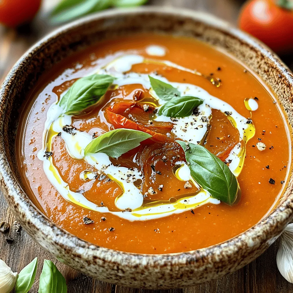 To make a great roasted tomato soup, you need some key ingredients. Here’s what you will need: - 2 pounds ripe Roma tomatoes, quartered - 1 large onion, roughly chopped - 4 cloves garlic, unpeeled - 3 tablespoons olive oil - Salt and pepper to taste - 1 teaspoon smoked paprika - 1 teaspoon dried basil - 4 cups vegetable broth - 1 tablespoon balsamic vinegar - 1 cup heavy cream or a dairy-free alternative (optional) - Fresh basil leaves for garnish These ingredients create a tasty base for your soup. The sweet, roasted tomatoes bring warmth. The onion and garlic add depth and flavor. If you want to take your soup to the next level, consider some fun add-ins. Here are a few options: - A pinch of red pepper flakes for heat - A tablespoon of honey for sweetness - A splash of lemon juice for brightness - Fresh herbs like thyme or oregano for extra flavor Feel free to mix and match these additions. They can change the soup's flavor and make it your own. Roasted tomato soup is not only delicious but also healthy. Here’s a quick look at its nutritional benefits: - High in vitamins A and C from tomatoes - Good source of fiber from vegetables - Contains healthy fats from olive oil - Option for creamy texture with heavy cream or dairy-free choices This soup is a warm and comforting meal, perfect for any day. You can find the full recipe in the section above. Enjoy cooking! First, we need to prepare our ingredients. Grab 2 pounds of ripe Roma tomatoes and quarter them. Next, chop 1 large onion roughly. Take 4 cloves of garlic and leave them unpeeled. This keeps their flavor strong and sweet. Now, preheat your oven to 400°F (200°C). On a large baking sheet, spread out the quartered tomatoes and chopped onion. Add the unpeeled garlic cloves too. Drizzle 3 tablespoons of olive oil over the vegetables. Season generously with salt, pepper, smoked paprika, and dried basil. I like to use about 1 teaspoon of each spice. Roast your mix in the oven for 30-35 minutes. You want the tomatoes to caramelize and soften. Stir the mixture halfway through for even cooking. Once done, take it out and let it cool for a bit. After it cools, squeeze the roasted garlic from its skin into a blender or a pot. Add the roasted tomatoes and onion. Pour in 4 cups of vegetable broth and 1 tablespoon of balsamic vinegar. If you want a creamy soup, you can add 1 cup of heavy cream later. Blend it all until smooth. If you're using a pot, you can use an immersion blender. Once blended, pour the mixture back into the pot. Simmer over medium heat for about 10 minutes. If you added heavy cream, stir it in now. Simmer for another 5 minutes. Always taste and adjust the seasoning as needed. To serve, ladle the hot soup into bowls. Garnish each bowl with fresh basil leaves for a nice touch. This roasted tomato soup pairs well with a crispy grilled cheese sandwich or a fresh salad. Enjoy your cozy meal! You can find the full recipe for more details. Roasting brings out the best in tomatoes. Use ripe Roma tomatoes for great taste. Cut them into quarters to help them roast evenly. Spread them out on your baking sheet. This way, they won’t steam but caramelize instead. A little olive oil helps too. Drizzle it on top and make sure to coat all the veggies. Season generously with salt and pepper. Smoked paprika adds a nice depth. Roast them at 400°F for 30-35 minutes. Stir halfway through to ensure they cook evenly. One mistake is overcrowding the baking sheet. If you pile on the tomatoes, they will not roast well. They need space to breathe and caramelize. Another mistake is not letting the garlic roast long enough. Roasting garlic adds a sweet flavor that brightens the soup. Make sure to use fresh herbs instead of dried ones for garnish. Fresh basil gives a pop of flavor that dried cannot match. If you want a creamier soup, add heavy cream. Stir it in after blending the soup. This makes the soup rich and smooth. If you prefer a lighter option, use coconut milk or cashew cream. Both will add creaminess without the dairy. Blend the soup well to achieve a silky texture. Always taste and adjust the seasoning. This step can elevate your soup to new heights. For the full recipe, check out the cozy roasted tomato soup section. {{image_2}} To make this soup vegan, skip the heavy cream. Use a creamy plant-based milk instead. Coconut milk or cashew cream works well. You will still enjoy great flavor. The roasted tomatoes shine in this recipe. If you want a creamy soup, add heavy cream. Stir it in after blending the soup. You can also use a dairy-free alternative. This gives the soup a rich, smooth texture. Adjust the seasoning after adding cream to balance flavors. Add fun flavors by mixing in different ingredients. Try these options: - Fresh herbs: Add thyme or oregano for an herbal twist. - Spices: A pinch of red pepper flakes adds heat. - Cheese: Grated parmesan or crumbled feta gives a salty kick. - Vegetables: Stir in roasted bell peppers or carrots for added depth. Feel free to experiment and find your favorite combination. For the complete recipe, check the [Full Recipe]. To store leftover roasted tomato soup, let it cool first. Pour it into an airtight container. Seal the container well. You can store it in the fridge for up to five days. Make sure it is chilled before placing it in the fridge to keep it fresh. You can freeze roasted tomato soup for later use. First, cool the soup completely. Then, pour it into freezer-safe bags or containers. Leave some space at the top, as the soup will expand when frozen. Label the bags with the date. It can last up to three months in the freezer. When you're ready to eat, just thaw it in the fridge overnight. When reheating your roasted tomato soup, do it slowly. Pour the soup into a pot and heat it over medium heat. Stir often to prevent sticking. If the soup is too thick, add some vegetable broth or water to thin it out. You can also reheat it in the microwave. Heat it in short bursts, stirring in between. This keeps the soup warm without burning it. Enjoy your cozy soup again! You can use coconut milk or cashew cream. Both add creaminess without dairy. Silken tofu is another option. It blends well and keeps the soup thick. You can also try almond milk, but it may not be as rich. Homemade roasted tomato soup lasts about 5 to 7 days in the fridge. Make sure you store it in an airtight container. This keeps the soup fresh and tasty for your next meal. Yes, you can use canned tomatoes. They are a great time-saver. Look for high-quality, whole tomatoes. Drain them well before using. Canned tomatoes can be just as flavorful as fresh ones in this soup. Roasted tomato soup pairs well with grilled cheese sandwiches. The crunch of the bread and gooey cheese complements the soup well. A fresh green salad also works nicely for a light meal. You can even serve it with crusty bread for dipping. Roasted tomato soup is simple to make and very tasty. We discussed important ingredients, step-by-step instructions, tips, variations, and storage methods. You can boost the flavor with add-ins or make it vegan. Remember to avoid common mistakes to ensure a perfect dish. Store leftovers properly for later enjoyment. This soup is a great meal choice with many pairings. Enjoy your cooking adventure with this easy and delightful recipe!
