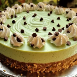 - 1 ½ cups graham cracker crumbs - ½ cup unsalted butter, melted - 2 cups cream cheese, softened - 1 cup powdered sugar - 1 teaspoon vanilla extract - 1 teaspoon peppermint extract - 2 cups heavy whipping cream - ½ cup mini chocolate chips - 2 tablespoons green food coloring (optional) - Extra chocolate chips for garnish When I make Mint Chocolate Chip Cheesecake, I always choose the best ingredients. The crust starts with graham cracker crumbs mixed with melted butter. This gives it a rich flavor and nice crunch. For the filling, I use cream cheese. It needs to be soft. This makes it easy to mix. I add powdered sugar to sweeten it. The vanilla and peppermint extracts give it that classic minty taste. Heavy whipping cream is key for making it light and fluffy. I like using mini chocolate chips because they spread better in the filling. If you want a fun green color, add a few drops of food coloring. Don’t forget the extra chocolate chips for the top! - Choosing high-quality cream cheese: Good cream cheese makes a big difference. It helps the cheesecake taste creamy and smooth. - Importance of fresh ingredients: Always use fresh ingredients. This ensures the best flavor and texture. - Opting for mini chocolate chips versus regular ones: Mini chocolate chips mix in better and look great in each slice. Regular chips can be too big and make it hard to slice. Using these tips will help you create a delicious Mint Chocolate Chip Cheesecake. For the complete guide, check out the Full Recipe. 1. Preheat your oven to 350°F (175°C). This step ensures your crust bakes evenly. 2. In a medium bowl, mix 1 ½ cups graham cracker crumbs with ½ cup melted unsalted butter. Stir until the crumbs are well coated. 3. Press this mixture into the bottom of a 9-inch springform pan. Make sure it is tightly packed. Bake for 10 minutes, then take it out and let it cool completely. 1. In a large bowl, beat 2 cups of softened cream cheese with an electric mixer. Keep mixing until it is smooth and creamy. 2. Gradually add 1 cup of powdered sugar. Mix until the sugar is fully combined. 3. Add 1 teaspoon of vanilla extract and 1 teaspoon of peppermint extract to the bowl. Blend until smooth. If you want, add 2 tablespoons of green food coloring. Use one drop at a time until you like the color. 1. In a separate bowl, whip 2 cups of heavy cream until stiff peaks form. This makes your cheesecake light and fluffy. 2. Gently fold this whipped cream into the cream cheese mixture. Use a spatula and be careful not to overmix. 3. Fold in ½ cup of mini chocolate chips. This adds a nice chocolate crunch. 1. Pour the cheesecake filling over the cooled graham cracker crust. 2. Use a spatula to spread it out evenly. Gently tap the pan on the counter to remove any air bubbles. 1. Cover the cheesecake with plastic wrap and refrigerate for at least 4 hours. For best results, chill it overnight. This helps it set properly. 2. Once it’s set, carefully unclip the springform pan. Garnish the top with extra mini chocolate chips. You can also pipe some whipped cream around the edges for a nice touch. This is how you make a delicious Mint Chocolate Chip Cheesecake. For a detailed recipe, check the Full Recipe. Enjoy your cooking! Using room temperature ingredients is key. It helps the cream cheese mix smoothly. Cold ingredients can lead to lumps. Make sure to take them out ahead of time. Overmixing can ruin the texture. When you fold in the whipped cream, do it gently. This keeps the cheesecake light and fluffy. Stop mixing as soon as you don’t see any lumps. You can customize the mint flavor to fit your taste. If you love mint, add a bit more peppermint extract. Start with a little and taste as you go. Switching up the chocolate types can also change the taste. Use dark chocolate chips for a richer flavor. White chocolate can add a sweet touch. Mix and match to find your favorite combo. Pair your cheesecake with fun toppings. Whipped cream adds a light touch. Fresh mint leaves can give a nice pop of color. You could also drizzle chocolate sauce on top. Best sides to enjoy with the cheesecake include fresh fruit. Strawberries or raspberries work great. They add a tart contrast to the sweet dessert. For the full recipe, check out the Mint Chocolate Chip Cheesecake section above. {{image_2}} You can make this cheesecake lighter. Try using low-fat cream cheese instead of regular. It cuts fat but keeps great taste. You can also reduce sugar. Use a sugar substitute like stevia. This change keeps the cheesecake sweet without the extra calories. Want to change the flavor? You can add different extracts. Almond extract gives a nice twist. You can even layer chocolate ganache on top. This adds depth and richness. It's a fun way to mix things up. Make your cheesecake special for holidays. For Christmas, use peppermint extract. It brings a festive touch. You can also try seasonal flavors. For example, add pumpkin spice in the fall. This keeps your dessert fresh and exciting all year round. You can find the Full Recipe for Mint Chocolate Chip Cheesecake above and try these variations at home! To keep your mint chocolate chip cheesecake fresh, always store it in the fridge. Use an airtight container or cover it tightly with plastic wrap. This keeps the cheesecake moist and prevents it from absorbing smells from other foods. If you have leftovers, freezing is a great option. First, let the cheesecake cool completely. Then, wrap it well in plastic wrap. After that, place it in a freezer-safe bag. This helps avoid freezer burn and keeps the flavor intact. In the fridge, your cheesecake lasts about 5 to 7 days. If you freeze it, it can stay good for 2 to 3 months. Just remember to label the container with the date, so you know when to use it. Watch for signs that your cheesecake has spoiled. If you see mold, a change in color, or an off smell, it's best to throw it away. Always trust your senses. If it looks or smells bad, don't eat it. Making this cheesecake takes about 30 minutes of prep time. You will need at least 4 hours to chill it. The total time, including chilling, is around 4 hours and 30 minutes. Yes, you can use a few options. Some people like to use Oreo cookie crumbs for a rich chocolate taste. Others prefer a nut crust, like almond or pecan, for extra crunch. To avoid cracks, make sure your ingredients are at room temperature. Bake at a lower temperature. Also, let it cool slowly in the oven with the door slightly open. This helps keep the cheesecake smooth. A fully set cheesecake should be firm but still slightly jiggly in the center. It should not look wet. After chilling, it will firm up more. Absolutely! You can make it a day or two ahead. Just keep it covered in the fridge. This allows the flavors to blend and taste even better. Check out the Full Recipe for more details. Making a Mint Chocolate Chip Cheesecake is fun and rewarding. You start with simple ingredients like cream cheese and chocolate chips. Focus on using quality items for the best flavor. Follow the steps carefully, from making the crust to chilling the cheesecake. Feel free to try different flavors or healthier options. Store it properly to keep it fresh. With these tips, you can create a delicious treat that impresses everyone. Enjoy making and sharing your cheesecake!