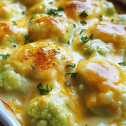 For this cheesy delight, gather these key ingredients: - 1 large head of cauliflower, cut into florets - 2 cups shredded sharp cheddar cheese - 1 cup grated Parmesan cheese - 2 cups heavy cream - 3 tablespoons unsalted butter - 3 tablespoons all-purpose flour - 1 teaspoon garlic powder - 1 teaspoon onion powder - Salt and pepper, to taste - 1/2 teaspoon paprika for garnish - Fresh parsley, chopped for garnish To make Cheesy Cauliflower Au Gratin, you will need: - A large pot for boiling - A medium saucepan for the cheese sauce - A whisk for mixing - A baking dish for baking - Measuring cups and spoons - A knife and cutting board - A strainer for draining the cauliflower You can swap some ingredients if needed. For cheese, use gouda or mozzarella. If you prefer a lighter dish, substitute heavy cream with half-and-half or milk. You can also use gluten-free flour to make the dish gluten-free. Always adjust seasonings to your taste. Start by preheating your oven to 375°F (190°C). This helps the dish cook evenly. Next, bring a pot of salted water to a boil. Once boiling, add the cauliflower florets. Cook them for about 3-4 minutes. You want them slightly tender but still crisp. After cooking, drain the cauliflower and set it aside. In a medium saucepan, melt the unsalted butter over medium heat. Once the butter melts, whisk in the all-purpose flour. Cook this mix for about 1 minute while stirring. Next, slowly pour in the heavy cream. Keep whisking to avoid lumps forming. Cook until the sauce thickens, which takes about 3-5 minutes. After that, reduce the heat to low. Stir in the garlic powder, onion powder, salt, and pepper. Gradually add the sharp cheddar and half of the Parmesan cheese. Keep stirring until the cheese melts and the sauce is smooth. Now, take a greased baking dish and place the blanched cauliflower inside. Pour the cheese sauce over the cauliflower. Make sure each floret gets coated well. Sprinkle the remaining Parmesan cheese on top. Then, transfer the dish to the preheated oven. Bake for 25-30 minutes. You want the top to be golden brown and bubbly. Once done, let the dish cool a bit. Garnish with paprika and fresh parsley for extra color and flavor. Enjoy this hearty and rich dish! For the full recipe, check the earlier section. To make the best cheese sauce, start by using fresh cheese. Fresh cheese melts better. I recommend sharp cheddar for a strong flavor. Use a mix of cheddar and Parmesan for depth. When you melt the cheese, do it slowly. Rapid heat can cause the cheese to clump. Always whisk the sauce as you add the cheese. This keeps the sauce smooth and creamy. If it feels too thick, add a splash of cream. To cook the cauliflower evenly, cut the florets to similar sizes. This helps them cook at the same rate. Blanching the cauliflower first gives it a head start. It also helps keep that nice crunch. After you blanch, make sure to drain well. Excess water can make the cheese sauce runny. When you pour the cheese sauce over the florets, coat them well. This ensures every bite is cheesy and flavorful. Presentation matters, even for a cozy dish like this. After baking, let it sit for a few minutes. This helps the sauce set. For a pop of color, sprinkle paprika on top. Fresh parsley adds a nice touch too. Serve in the baking dish for a rustic look. If you want to impress, use a nice serving spoon. This makes it feel special. Enjoy your meal with a side salad or crusty bread for balance. {{image_2}} You can change this dish by adding more veggies. Broccoli works well for extra flavor and color. Spinach adds a nice touch and packs nutrients. You could also try carrots or peas for sweetness. Just chop them small so they cook well. Blanch them with the cauliflower before adding them to the cheese sauce. Mixing different cheeses can create new flavors. Gouda and Gruyère give a rich, nutty taste. Mozzarella adds a stretchy texture, which is fun! You could also try pepper jack for a little kick. Just keep the total amount of cheese the same as in the recipe. This will keep the sauce creamy. For spice lovers, add jalapeños! Chop them up and mix them in the cheese sauce. You can use fresh or pickled jalapeños based on your taste. If you want more heat, add some chili powder too. This spicy twist makes the dish exciting and bold. Enjoy this variation for a new experience! To store your cheesy cauliflower au gratin, let it cool first. Then, place the dish in an airtight container. It will stay fresh in the fridge for up to three days. You can also cover it tightly with plastic wrap or aluminum foil. When you're ready to enjoy your leftovers, preheat your oven to 350°F (175°C). Place the dish in the oven for about 20 minutes. This will warm it up and keep the cheese nice and melty. You can also microwave individual portions for about 1-2 minutes, but the oven gives the best results. If you want to keep the cheesy cauliflower au gratin longer, freezing is a great option. Let the dish cool completely. Then, wrap it tightly in plastic wrap and foil. It can last in the freezer for up to three months. When you're ready to eat, thaw it in the fridge overnight before reheating. For the full recipe, check out the earlier section. Yes, you can use frozen cauliflower. Just thaw it and drain the excess water. This helps avoid a watery dish. Frozen cauliflower is also quick to prepare. You can skip blanching it if you prefer. You can use whole milk or half-and-half as a lighter choice. For a dairy-free option, try coconut cream or almond milk mixed with a little flour. These alternatives will change the taste slightly but still deliver a creamy texture. To make this dish gluten-free, replace all-purpose flour with a gluten-free flour blend. Most blends work well for thickening sauces. Be sure to check all cheese labels for gluten content too. For the complete list of ingredients and step-by-step cooking instructions, refer to the Full Recipe. This blog post covered making Cheesy Cauliflower Au Gratin. We discussed the key ingredients, tools, and steps. You learned how to prepare, cook, and present this dish. I shared tips for the best creaminess and even cooking. We explored tasty variations and proper storage methods too. Remember, cooking is all about creativity. Feel free to experiment with flavors. Enjoy this dish as a comforting side or a tasty main. Happy cooking!