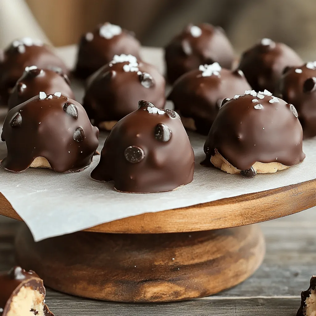To make these tasty treats, you need a few key ingredients: - 1 cup all-purpose flour - 1/2 cup unsalted butter, softened - 1/4 cup granulated sugar - 1/4 cup packed brown sugar - 1/2 teaspoon vanilla extract - 1/4 teaspoon salt - 1/4 cup mini chocolate chips - 1 cup dark chocolate chips (for coating) These ingredients create a creamy, sweet base. The butter and sugars blend well. The mini chocolate chips add bursts of flavor. You can customize your bites with fun add-ins: - 1/4 cup shredded coconut - 1/4 cup chopped walnuts These extras give your cookie dough bites a unique twist. Coconut adds a chewy texture. Walnuts add crunch and a nutty taste. Feel free to mix and match! Each bite is packed with flavor but also contains calories. One serving (about one bite) has around 100 calories. It has fats from butter and chocolate. The sugars add sweetness. If you want a healthier treat, consider reducing the sugar or using dark chocolate. For the full recipe, check out the details above. To start, we need to make the cookie dough. First, heat-treat the flour. Spread 1 cup of all-purpose flour on a baking sheet. Bake it at 350°F for about 5 minutes. This step makes the flour safe to eat. After baking, let it cool down. Next, cream the softened butter with the sugars. Use 1/2 cup of unsalted butter, 1/4 cup of granulated sugar, and 1/4 cup of packed brown sugar. Mix until it looks light and fluffy. Now, add the cooled flour, 1/2 teaspoon of vanilla extract, and 1/4 teaspoon of salt. Mix everything well. Finally, fold in 1/4 cup of mini chocolate chips. You can also add shredded coconut or chopped walnuts if you like. Use a small cookie scoop or your hands to shape the dough into small balls. Place these bites on a parchment-lined baking sheet. Once all the dough is formed, chill the bites in the refrigerator for about 30 minutes. This helps them firm up. While the cookie dough bites chill, it’s time to melt the chocolate. Take 1 cup of dark chocolate chips and put them in a microwave-safe bowl. Heat the chocolate in 30-second bursts. Stir in between until the chocolate is smooth. Once melted, dip each cookie dough bite into the chocolate. Make sure each bite is fully coated. Then, place them back on the parchment paper. After all bites are coated, chill them again for 15-20 minutes. This allows the chocolate to harden. When the chocolate is set, it’s time to make your bites look great. You can arrange them in a decorative box or on a cake stand. For a special touch, sprinkle some sea salt on top of the chocolate. This adds a nice contrast to the sweetness. Enjoy your amazing Chocolate Chip Cookie Dough Bites as a sweet treat or dessert! For the complete recipe, check out the Full Recipe section. To get the best texture, always heat-treat your flour first. This step makes the flour safe to eat. Spread the flour on a baking sheet and bake it at 350°F (175°C) for five minutes. Let it cool before mixing it into your dough. This will help your bites feel soft and not too crumbly. One mistake is not letting the dough chill enough. If you skip the chill time, the bites may not hold their shape. Another is using unheat-treated flour, which can make your bites unsafe to eat. Lastly, avoid overmixing after adding the chocolate chips. This keeps the texture light and fluffy. You will need a few key tools for success. A mixing bowl and a spoon are essential for making the dough. A small cookie scoop helps form even-sized bites. Use parchment paper to line your baking sheet for easy cleanup. A microwave-safe bowl is perfect for melting the chocolate. These tools make the process smooth and fun. For the complete recipe, check out the Full Recipe. {{image_2}} To make vegan cookie dough bites, swap the butter for coconut oil. Use a plant-based butter for a similar taste. For sweeteners, replace granulated sugar with maple syrup or agave nectar. These swaps keep the bites delicious and cruelty-free. You can still enjoy the classic flavor while being kind to animals. To make gluten-free cookie dough bites, use gluten-free flour instead of all-purpose flour. Almond flour or oat flour works well. Just be sure to check the labels on your chocolate chips, as some may contain gluten. This way, everyone can enjoy these tasty treats without worry. You can easily change the taste of your cookie dough bites. Adding nut butter can bring a creamy texture and rich flavor. Try almond butter or peanut butter for a fun twist. You can also include flavor extracts like almond or orange for a unique taste. Mix and match to create your perfect bite. For the full recipe, see the main section. To keep your cookie dough bites fresh, store them in an airtight container. This helps prevent them from drying out. Place a sheet of parchment paper between layers. This keeps them from sticking together. You can also store them in the fridge for a cool treat. If you want to enjoy them later, freezing is a great option. When stored in the fridge, these bites stay fresh for about one week. If you keep them in the freezer, they can last up to three months. Be sure to label your container with the date. This helps you know when to enjoy them at their best. To freeze your cookie dough bites, first chill them in the fridge. Once they are firm, place them in a single layer on a baking sheet. Freeze for about an hour. After they are frozen, transfer them to a freezer bag. Make sure to squeeze out as much air as possible before sealing. This will help prevent freezer burn. When you're ready to eat, just take out a few bites and let them thaw for a bit. Enjoy your delicious treat anytime! You can enjoy chocolate chip cookie dough bites right from the fridge. They taste amazing cold. If you want a warm treat, let them sit at room temperature for a few minutes. This softens the chocolate slightly and enhances the flavor. You can also pair them with milk or coffee for a fun snack. Share them with friends or family for a sweet treat during movie night! Yes, you can make chocolate chip cookie dough bites without raw flour. You can use almond flour or oat flour as safe alternatives. These flours do not need heat treatment. Just mix them into the dough as you would with regular flour. This gives you a gluten-free option. Enjoy the same great taste and texture without the worry! You can find premade chocolate chip cookie dough bites in many grocery stores. Check the freezer aisle or the snack section. Some stores may also offer them in the bakery section. You can also buy them online from various food retailers. Look for brands that focus on quality ingredients to ensure a tasty treat. For a full recipe to make your own homemade bites, check the Full Recipe section! You’ve learned how to make delicious chocolate chip cookie dough bites from scratch. We covered essential ingredients, step-by-step instructions, and some helpful tips to avoid mistakes. You have also seen tasty variations, like vegan and gluten-free options. Finally, proper storage helps keep them fresh longer. Enjoy creating your own bites and share them with friends. With practice, you will master this treat that everyone loves. Happy baking!