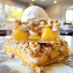 For the best peach crumble bars, you need fresh peaches. Use about 2 cups of diced peaches. This is around 3 to 4 medium peaches. The peaches should be ripe but firm. They add sweetness and flavor to the bars. You also need 1 tablespoon of lemon juice. This juice brightens the peach taste. You need some common items from your pantry. Gather these ingredients: - 1 cup all-purpose flour - 1 cup rolled oats - 1/2 cup brown sugar - 1/2 cup granulated sugar - 1/2 teaspoon baking powder - 1/4 teaspoon salt - 1/2 cup unsalted butter, melted - 1 teaspoon vanilla extract - 1/2 teaspoon cinnamon These staples create a tasty crumble and crust. While the basic recipe is great, you can add more flavor. Consider using these optional items: - 1 tablespoon honey or maple syrup (if peaches are not sweet) - 1/4 cup chopped nuts (for extra crunch) These add-ins can make your bars even better. Adjust them based on your taste! For more details, check the Full Recipe for Peach Crumble Bars. Start by washing the peaches well. I prefer to use fresh peaches for their sweet taste. Dice about three to four medium peaches into small pieces. This gives the bars a nice texture. In a medium bowl, combine the diced peaches with one tablespoon of lemon juice. The lemon juice adds brightness and keeps the peaches fresh. If your peaches are not very sweet, add one tablespoon of honey or maple syrup. Stir the mixture gently and set it aside. Let the flavors blend while you prepare the crumble base. In a large bowl, mix the dry ingredients. You will need one cup of all-purpose flour, one cup of rolled oats, half a cup of brown sugar, half a cup of granulated sugar, half a teaspoon of baking powder, and a quarter teaspoon of salt. To add warmth, include half a teaspoon of cinnamon. Whisk these together until they are well combined. Next, pour in half a cup of melted unsalted butter and one teaspoon of vanilla extract. Mix everything with a fork or your hands until it looks like coarse crumbs. It should feel sandy and crumbly. Reserve about one cup of this mixture for the topping. Press the rest firmly into a greased 9x9 inch baking pan to form the crust. Now, spread the peach mixture evenly over the crust in the pan. If you want extra crunch, sprinkle some chopped nuts over the peaches. Take the reserved crumble mixture and sprinkle it on top of the peach layer. This creates a nice, crispy topping. Preheat your oven to 350°F (175°C) and bake for about 30 to 35 minutes. You know they are done when the top is golden brown and the peaches are bubbling. Once baked, take the pan out of the oven. Allow the bars to cool in the pan for about 15 minutes. Then, transfer them to a wire rack to cool completely. Once cool, cut the bars into squares. Enjoy your delicious Peach Crumble Bars! For the complete process, check the Full Recipe. To make the best peach crumble bars, follow these tips: - Use ripe, juicy peaches for more flavor. - Don’t skip the lemon juice; it brightens the taste. - Ensure your butter is melted but not hot. This helps mix well without cooking the oats. - Press the crust firmly into the pan. A solid base keeps the bars together. - Let the bars cool completely before cutting. This helps them hold their shape. Here are some mistakes that can ruin your bars: - Using unripe peaches can lead to a bland taste. - Adding too much sweetener can overpower the natural peach flavor. - Mixing the crumble too much can make it dense instead of light. - Not greasing the pan may lead to sticking, making it hard to serve. - Cutting the bars too soon can make them fall apart. How you serve your bars can make a big difference: - Cut them into even squares for a neat look. - Serve warm with a scoop of vanilla ice cream on top. - Drizzle caramel sauce for a rich touch. - Add a sprinkle of cinnamon or nuts for extra flair. - Use a colorful plate or a rustic wooden board for a beautiful display. These tips will help you create delicious and stunning peach crumble bars. For the full recipe, check the details above! {{image_2}} You can easily make this recipe vegan. Replace the butter with coconut oil. Use maple syrup instead of honey for sweetness. This keeps the bars rich and tasty while being plant-based. The texture remains soft and crunchy, just like the original. For a gluten-free option, swap the all-purpose flour with almond flour or a gluten-free blend. Ensure your oats are certified gluten-free. This change gives the bars a nutty flavor and a great crunch. The bars still hold together well while keeping every bite delightful. Want to get creative? Try mixing in other fruits! Blueberries, raspberries, or even apples blend well with peaches. Just use the same amount of fruit as in the original recipe. This adds new flavors and colors to your bars. You can even add a hint of ginger or nutmeg for extra zing! After you bake the peach crumble bars, let them cool. Once cool, place them in an airtight container. This keeps the bars fresh and moist. Store them at room temperature for up to three days. If you want to keep them longer, refrigeration is a good option. Just be sure to cover them well to prevent drying out. Freezing is a great way to save peach crumble bars for later. First, cut the bars into squares. Then, wrap each piece in plastic wrap. After that, place the wrapped bars in a freezer-safe bag. This helps avoid freezer burn. They can last up to three months in the freezer. When you're ready to enjoy them, just thaw them overnight in the fridge. Reheating peach crumble bars is simple. You can use the oven or microwave. For the oven, preheat it to 350°F (175°C). Place the bars on a baking sheet and heat for about 10 minutes. This keeps the crust crispy. If using a microwave, warm them for 15-20 seconds. Be careful not to overheat, as it can make them tough. Enjoy them warm for a delightful treat! Yes, you can use frozen peaches. Just thaw them first. Drain any excess juice. This helps keep your bars from getting too wet. Frozen peaches can still taste great in your crumble bars. The bars are done when the top turns golden brown. You should also see bubbling around the edges. This means the peaches are soft and cooked. Always check the time, but also look for these signs. Let the bars cool for about 15 minutes in the pan. This helps them set. Then, transfer them to a wire rack. Use a sharp knife to cut them into squares. Wipe the knife between cuts for neat pieces. You can swap peaches for other fruits like apples or berries. Just adjust the sweetness as needed. Some fruits may need extra lemon juice to keep the flavor bright. Experiment and find your favorite mix! You can find the Full Recipe for Peach Crumble Bars in the article above. It gives you all the details you need to make this tasty treat. You have all the tools to make delicious peach crumble bars. We covered fresh ingredients and pantry staples for a tasty base. Following the step-by-step guide helps ensure great results. Pay attention to the tips for perfect bars and avoid common mistakes. Whether you choose vegan, gluten-free, or mix in different fruits, the options are endless. Storing and reheating leftovers keeps your treats fresh. Enjoy your baking adventure, and savor the rewards with family and friends. Make these bars your new favorite recipe!