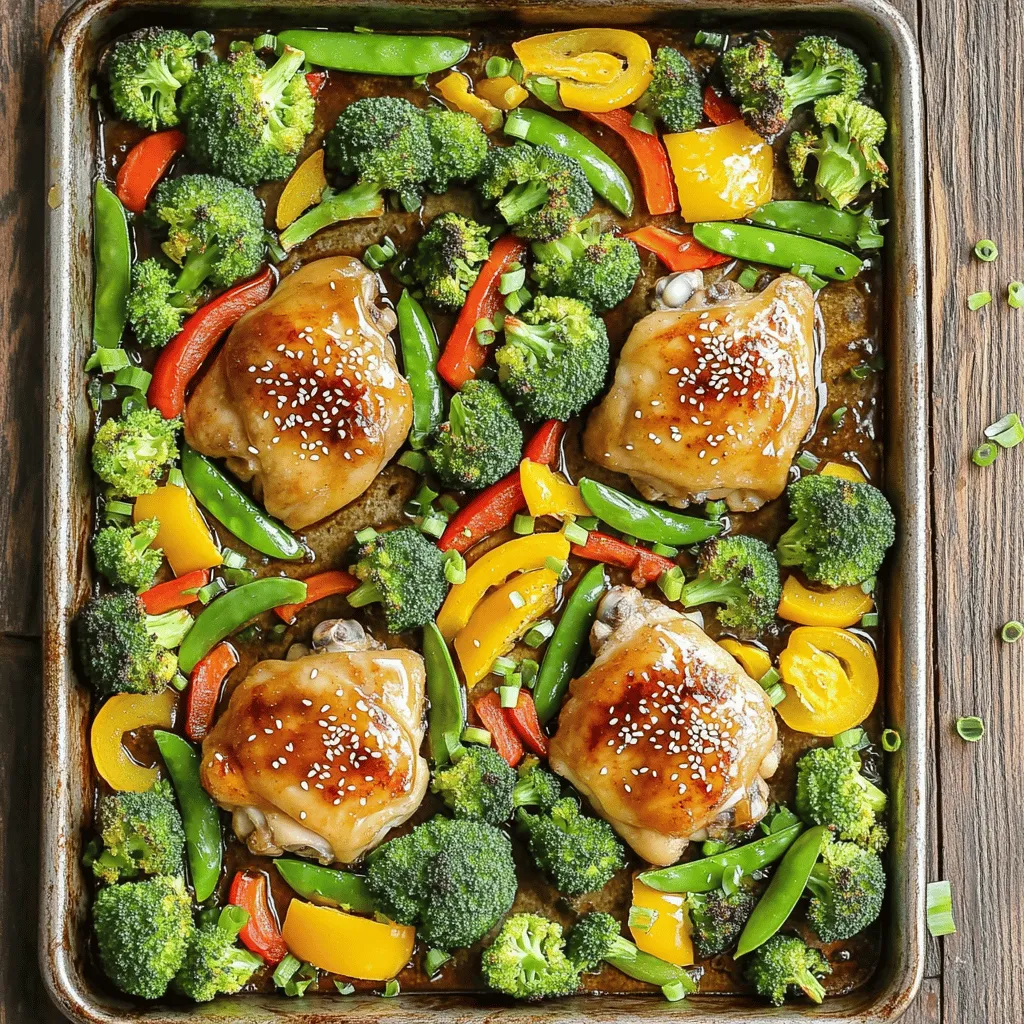 To make this dish, gather these fresh ingredients: - 4 boneless, skinless chicken thighs - 1 cup broccoli florets - 1 cup bell peppers (red and yellow), sliced - 1 cup snap peas - 4 cloves garlic, minced - 1/4 cup honey - 1/4 cup soy sauce (or tamari for gluten-free) - 2 tablespoons olive oil - 1 tablespoon ginger, minced - Salt and pepper to taste - 1 tablespoon sesame seeds (for garnish) - Green onions, sliced (for garnish) You can change some items if needed. Use chicken breasts instead of thighs for a leaner option. If you don’t like soy sauce, try coconut aminos. For honey, maple syrup works too. You can swap out the veggies based on what you have. Carrots, zucchini, or asparagus all taste great. When picking chicken, choose thighs with no discoloration. They should feel firm and plump. For veggies, look for bright colors and firm textures. Broccoli should be dark green, and bell peppers should be smooth. Snap peas must be crisp and bright. Fresh ingredients make your dish pop with flavor! To make One-Pan Honey Garlic Chicken and Veggies, start by preheating your oven to 400°F (200°C). In a large mixing bowl, combine the minced garlic, honey, soy sauce, minced ginger, and olive oil. Add a pinch of salt and pepper. Whisk this mixture to form a tasty marinade. Place the chicken thighs in the bowl or a resealable bag. Pour half of the marinade over the chicken. Let it sit for at least 20 minutes. You can also refrigerate it overnight to get more flavor. While the chicken marinates, prepare a large baking sheet. Add broccoli florets, sliced bell peppers, and snap peas to the sheet. Drizzle a little olive oil, salt, and pepper over the veggies. Toss them gently to coat evenly. After marinating, place the chicken thighs on top of the veggies. Drizzle the rest of the marinade over everything to ensure a rich flavor. Marinating is key for flavor. If you have time, let the chicken sit longer. Twenty minutes is good, but an hour or overnight is better. This lets the marinade soak into the meat. You can also try adding spices, like pepper flakes or chili powder, for a spicy kick. Make sure to coat every piece of chicken in the marinade. This extra step makes the dish taste amazing. Bake the chicken and veggies in the preheated oven for 25 to 30 minutes. The chicken is done when it reaches an internal temperature of 165°F (75°C). The veggies should be tender but still crisp. Once done, take it out of the oven and let it rest for 5 minutes. This helps keep the chicken juicy. Before serving, sprinkle sesame seeds and sliced green onions on top for a nice touch. For the full recipe, check out the earlier section! To get tender chicken and crisp veggies, follow these steps. First, always marinate the chicken. This helps it soak up the flavors. Next, cut the veggies into similar sizes. This ensures they cook evenly. Broccoli florets and bell peppers should be small. The snap peas should stay whole. When baking, space the chicken and veggies out. This allows air to circulate, making everything nice and crispy. Meal prepping is simple with this one-pan dish. You can marinate the chicken a day ahead. Store it in the fridge with the marinade. Chop the veggies and pack them in a container. On cooking day, just toss everything on a baking sheet. For easy cleanup, line your pan with parchment paper. This helps with sticking and makes washing up faster. Avoid overcooking the chicken. Use a meat thermometer to check for 165°F. If you leave it in too long, it gets dry. Also, don’t skip the marinating step. It adds great taste. Finally, don’t overcrowd the pan. If you do, the veggies will steam instead of roast. For a full guide, check out the Full Recipe. {{image_2}} You can mix in many veggies to this dish. Try adding carrots, zucchini, or asparagus. Each will add a new taste and texture. You can also use frozen veggies if you are short on time. They work great and save prep time. If you want a change from chicken, you can use shrimp or tofu. Shrimp cooks quickly and adds a nice flavor. Tofu is a great option for a meatless meal. Just make sure to press it to remove excess moisture for the best texture. You can enhance the dish in many ways. Add spices like chili flakes or paprika for heat. To adjust the sweetness, try using maple syrup instead of honey. You can also squeeze fresh lime juice over the dish right before serving for a zesty kick. For the [Full Recipe], check out the cooking steps and enjoy your meal! After enjoying your One-Pan Honey Garlic Chicken and Veggies, let the leftovers cool. Place them in an airtight container. This helps to keep the food fresh and tasty. Store the container in the fridge. Try to eat the leftovers within three days for the best flavor. When you’re ready to enjoy your leftovers, the best way to reheat is in the oven. Preheat your oven to 350°F (175°C). Place the chicken and veggies on a baking sheet. Cover with foil to keep moisture in. Warm for about 15-20 minutes. This method keeps everything juicy and delicious. You can also use a microwave, but the oven gives better results. If you want to save your One-Pan Honey Garlic Chicken and Veggies for later, freezing is a great option. Portion the meal into freezer-safe bags or containers. Make sure to remove as much air as possible. Label each bag with the date. You can freeze them for up to three months. When you are ready to eat, thaw overnight in the fridge before reheating. This keeps the food safe and tasty. For detailed steps, refer to the Full Recipe. You can serve this dish with rice or quinoa. Both will soak up the tasty sauce. A side salad adds a fresh touch. You could also try garlic bread for a fun twist. Mashed potatoes can be a creamy option too. To make this dish gluten-free, simply switch out regular soy sauce for tamari. Tamari tastes similar and works well in this recipe. Always check labels for hidden gluten in other ingredients. Yes, you can use chicken breasts. They will cook faster, so check them at 20 minutes. Breasts may dry out more, so watch the cooking time closely. You can also pound them to an even thickness for even cooking. For quick sides, consider steamed rice or couscous. A light cucumber salad is refreshing. You could also serve it with roasted sweet potatoes for sweetness. Another option is a simple coleslaw to add crunch. One-Pan Honey Garlic Chicken and Veggies is a simple, tasty meal. You learned about the best ingredients, cooking steps, and tips for success. I shared ways to add fun twists and keep leftovers fresh. Remember, cooking should be enjoyable, so don’t stress. With these ideas, you can make this dish your own. Explore new flavors and find what you love most. Happy cooking!