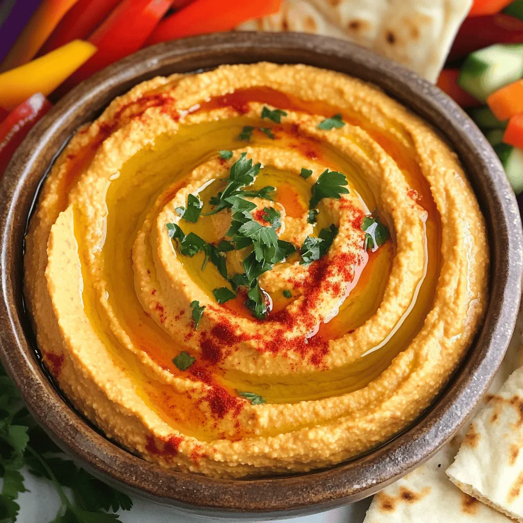 To make this hummus, you need some simple, fresh ingredients. Here’s what to gather: - 1 can (15 oz) chickpeas, drained and rinsed - 1 large roasted red pepper, peeled and seeded - 2 tablespoons tahini - 2 tablespoons lemon juice - 2 cloves garlic, minced - 2 tablespoons olive oil (plus more for drizzling) - ½ teaspoon ground cumin - Salt and pepper to taste These ingredients work together to create a creamy and flavorful dip. The roasted red pepper adds a sweet, smoky taste that pairs well with chickpeas. Tahini gives it a rich texture, while lemon juice brightens the flavor. To make your hummus look even more inviting, consider these tasty garnishes: - Paprika, for a pop of color - Fresh parsley, chopped, for a fresh touch - A drizzle of olive oil, for added richness These extras can elevate your dish and make it more appealing to the eye. Roasted red pepper hummus is versatile and pairs well with many foods. Here are some great serving ideas: - Warm pita bread - Fresh cut veggies like carrots, cucumbers, and bell peppers - As a spread on sandwiches or wraps These options not only enhance the flavors but also make for a healthy snack or meal. For the full recipe and step-by-step guide, check out the [Full Recipe]. To start, you need to roast the red pepper. If you use fresh peppers, place them under a broiler or on a grill. Roast them until they are charred on all sides. This should take about 10 minutes. After roasting, put the peppers in a bowl and cover it with plastic wrap. This steams them and makes peeling easier. After 10 minutes, peel off the skin and remove the seeds. Set the roasted red pepper aside for later. Next, you will blend the ingredients. In a food processor, add the drained chickpeas, the roasted red pepper, tahini, lemon juice, minced garlic, olive oil, and ground cumin. Make sure you have everything ready before you start. This blend gives your hummus its rich flavor. Now, it’s time to process the mix. Pulse the ingredients until they become smooth and creamy. If your hummus looks too thick, add a bit of water or more olive oil. Do this one tablespoon at a time. Keep blending until you reach the perfect consistency. Finally, taste the hummus and add salt and pepper to your liking. Blend briefly to mix it in. For the full recipe, check the Full Recipe section. Enjoy your homemade flavor! You can change the taste of your hummus easily. Add spices like smoked paprika for a smoky kick. Try fresh herbs like basil or cilantro for a green twist. For heat, add a pinch of cayenne or red pepper flakes. You can also mix in roasted garlic for a rich flavor. Blend in sun-dried tomatoes for a tangy bite. Experimenting lets you find your perfect blend. To keep your hummus fresh, store it in an airtight container. Place a thin layer of olive oil on top. This helps prevent it from drying out. Keep it in the fridge for up to a week. If you want to store it longer, freeze it! Portion it into small containers to use later. Just thaw in the fridge overnight before serving. Roasted red pepper hummus is great for any event. Serve it as a dip with pita chips or fresh veggies. It’s perfect for game day or a picnic. Spread it on sandwiches or wraps for a tasty lunch. For dinner parties, serve it in a bowl with a drizzle of olive oil. Add fresh herbs and paprika on top for a nice touch. You can find the full recipe in the article for more ideas. {{image_2}} To add heat to your hummus, mix in some spices. Try adding 1 to 2 teaspoons of cayenne pepper or a dash of hot sauce. Blend it in with the other ingredients. This will give your hummus a nice kick. You can adjust the heat to suit your taste. This spicy twist pairs well with pita chips or crunchy veggies. You can also infuse your hummus with fresh herbs. Basil, cilantro, or dill make great choices. Chop about ¼ cup of your chosen herb and blend it into the hummus. This adds a fresh flavor and makes the dish even more vibrant. It’s a fun way to change up the taste without much effort. While chickpeas are classic, you can try other beans. Black beans or white beans work well, too. Swap out the chickpeas for 1 can of your chosen beans. This gives a new flavor and texture. Each bean type will change the taste, so feel free to experiment. You might find a new favorite variation! For the full recipe, you can check the main article. Store your roasted red pepper hummus in an airtight container. Make sure the lid is tight. This keeps the hummus fresh and tasty. You can put a thin layer of olive oil on top. This helps seal in moisture and flavor. You can freeze hummus for later use. Use a freezer-safe container or bag. Leave some space for the hummus to expand as it freezes. When you’re ready to eat, thaw it in the fridge overnight. Stir it well before serving again. Refrigerated hummus lasts about 4 to 7 days. Check for changes in color or smell. If it looks dry or has mold, it’s time to toss it. Fresh hummus should smell light and nutty. For the best taste, eat it within a week. For the Full Recipe, refer back to the main article. To make roasted red pepper hummus from scratch, gather your ingredients. Use chickpeas, roasted red pepper, tahini, lemon juice, garlic, olive oil, and cumin. Blend the chickpeas and roasted red pepper in a food processor. Add tahini, lemon juice, garlic, and olive oil. Pulse until smooth. If it's too thick, add water or more olive oil. Season with salt and pepper to taste. This process takes about 20 minutes. For a detailed guide, check the Full Recipe. Yes, you can use jarred roasted red peppers. They save time and add great flavor. Just make sure to drain them well before adding to your hummus. This way, your hummus won't be too watery. It’ll still taste fresh and delicious. Hummus is a healthy choice packed with nutrients. It contains protein from chickpeas, which helps build muscle. Tahini adds healthy fats, while olive oil boosts heart health. Hummus also contains fiber, aiding digestion. Plus, it's low in calories, making it a great snack. Enjoy it with veggies or whole-grain pita for added nutrients. In this article, we explored how to make delicious roasted red pepper hummus. We covered the key ingredients, step-by-step preparation, and tips for perfecting the flavor. Customizing your hummus is easy, whether you prefer spicy or herb-infused options. We also discussed storage methods to keep your hummus fresh and tasty. Experimenting with different beans adds a fun twist. Enjoy creating this healthy dip for yourself or your guests. Make it a part of your meals, and relish the vibrant flavors it brings!