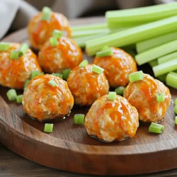 For these baked buffalo chicken meatballs, you need a few key items: - 1 pound ground chicken - 1/2 cup whole wheat breadcrumbs - 1/4 cup grated Parmesan cheese These main ingredients create a hearty base. Ground chicken keeps the meatballs moist. The breadcrumbs help hold everything together while adding a nice texture. Parmesan cheese brings a rich, savory flavor that enhances each bite. Next, let’s add some flavor: - 1/4 cup finely chopped green onions - 1/4 cup buffalo sauce - 1 teaspoon garlic powder - 1 teaspoon onion powder Chopped green onions add a fresh crunch. Buffalo sauce gives the meatballs that famous spicy kick. Garlic and onion powder boost the overall flavor, making each meatball taste amazing. Finally, we need a few seasonings: - Salt and pepper to taste - Cooking spray Salt and pepper are essential for balancing flavors. They bring out the taste of the chicken and other ingredients. Cooking spray helps the meatballs bake evenly without sticking to the pan. With these ingredients, you are ready to make a tasty treat! For the full recipe, check out the [Full Recipe]. First, preheat your oven to 400°F (200°C). This step warms the oven for even cooking. Next, line a baking sheet with parchment paper. It helps prevent sticking. Lightly spray the parchment with cooking spray. This makes cleanup easy. In a large mixing bowl, combine all ingredients. Use ground chicken, breadcrumbs, Parmesan cheese, and chopped green onions. Add the egg and buffalo sauce. Don't forget the garlic powder, onion powder, and season with salt and pepper. Mix until all ingredients are well combined. This ensures every bite is full of flavor. Now it’s time to shape the meatballs. Use your hands to form the mixture into 1-inch meatballs. This size cooks evenly and is easy to eat. Place the meatballs on the prepared baking sheet. Make sure to leave some space between each one. This allows hot air to circulate and cook them well. Bake the meatballs for 20-25 minutes. They should reach an internal temperature of 165°F (74°C). This ensures they are safe to eat. If you want extra flavor, drizzle more buffalo sauce over the meatballs in the last 5 minutes. This adds a tasty kick. Once cooked, remove them from the oven. Let them cool slightly before serving. This makes them easier to handle and enhances their flavor. For the full recipe, be sure to check out the detailed instructions. Enjoy your delicious baked buffalo chicken meatballs! To make great meatballs, your mixture needs to be just right. If it is too dry, the meatballs will fall apart. If it is too wet, they may not hold their shape. Combine ground chicken, breadcrumbs, and the other ingredients well. Use your hands to mix them together, but do not overwork it. When you bake meatballs, preheat your oven to 400°F (200°C). This hot temperature helps them cook evenly. Line your baking sheet with parchment paper to keep them from sticking. Lightly spray the parchment with cooking spray for added ease. Garnishing your meatballs can elevate their look. Drizzle extra buffalo sauce over them just before serving. This adds flavor and makes them shine. Chopped green onions on top give color and freshness. You can also add celery sticks on the side. They provide a nice crunch and balance the heat. Pair these meatballs with a side of veggie sticks, like carrots or bell peppers. You can also serve them with a cool dip, like ranch or blue cheese dressing. This combo can help tone down the spice. You can adjust the spice level in your meatballs. If you want them milder, use less buffalo sauce. You can also mix in a little honey to balance the heat. If you love heat, try adding more buffalo sauce or a dash of cayenne. For a twist, try different sauces for drizzling. A sweet chili sauce can complement the buffalo sauce well. You can also use a tangy barbecue sauce for a unique flavor. Don't be afraid to experiment! {{image_2}} You can change a few ingredients and still enjoy tasty meatballs. Try using lean ground turkey instead of ground chicken. It gives a lighter taste. You can also swap in lean beef for a richer flavor. For those needing gluten-free options, use gluten-free breadcrumbs. They work just as well and keep the meatballs moist. Want to jazz up your meatballs? Add herbs or spices to the mix. Fresh parsley, dill, or oregano can add a nice touch. You can also try different hot sauces. Not all hot sauces taste the same. Some are tangy, while others are more fiery. Experimenting with sauces can help you find your perfect flavor. If you want a quicker method, consider using an air fryer. It cooks the meatballs fast and keeps them juicy. Just set it to 375°F (190°C) and check after 10-15 minutes. You can also cook the meatballs on the stovetop. Sauté them in a pan with a bit of oil. Cook until they're browned and cooked through. Each method offers a new way to enjoy your meatballs. For the complete recipe, check the [Full Recipe]. To keep your baked buffalo chicken meatballs fresh, use airtight containers. Glass or plastic containers work well. Store them in the fridge right after they cool down. The ideal fridge temperature is below 40°F (4°C). This helps keep the meatballs safe and tasty for up to four days. When you want to enjoy leftover meatballs, you have three easy options. You can use the oven, microwave, or stovetop. For the oven, preheat it to 350°F (175°C) and bake for about 10 minutes. If you use the microwave, heat for 1 to 2 minutes on high. Make sure to check if they are hot all the way through. For stovetop, place them in a pan with a splash of water. Cover and heat over medium for about 5 minutes, turning them occasionally. If you want to save your meatballs for later, freezing is a great option. First, let the meatballs cool completely. Then, place them in a freezer-safe bag or container. Remove as much air as you can. This can help prevent freezer burn. Baked buffalo chicken meatballs can last up to three months in the freezer. When you are ready to eat them, thaw overnight in the fridge. You can also use the microwave to defrost them quickly. Just make sure they are fully heated before enjoying! For more details, check the Full Recipe. To check if the meatballs are done, look for a few signs. First, they should be golden brown on the outside. Next, use a meat thermometer to check the center. The internal temperature should reach 165°F (74°C). If you do not have a thermometer, cut one open. The meat should no longer be pink inside. The juices should run clear. These signs will tell you they are fully cooked. Yes, you can make these meatballs ahead of time. To do this, prepare the meatballs and shape them. Then, place them on a baking sheet and freeze them for about an hour. Once frozen, transfer them to a zip-top bag. You can store them in the freezer for up to three months. When you're ready to cook, just bake them straight from frozen. Add a few extra minutes to the cooking time. These meatballs pair well with many side dishes. Consider serving them with celery sticks and carrot sticks for a crunch. A fresh salad with a light dressing also works well. For a fun twist, serve them in a slider bun with some ranch dressing. If you want a drink, a cold beer complements the spicy flavor well. You can also try a refreshing soda or iced tea. This blog shared a simple recipe for baked buffalo chicken meatballs. We discussed the main ingredients, like ground chicken and whole wheat breadcrumbs. You learned how to prepare, form, and bake these tasty meatballs. Tips for perfect results and serving ideas were also covered. In closing, making these meatballs can be fun and tasty. Feel free to experiment with flavors or storage methods. Enjoy serving them with your favorite sides for a delicious meal.
