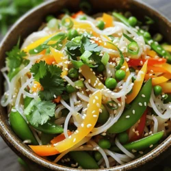 - 8 ounces rice noodles - 1 cup snap peas, trimmed - 1 bell pepper, julienned (any color) - 1 carrot, grated - 1 cucumber, julienned - 2 tablespoons sesame oil - 1 tablespoon fresh ginger, minced - 2 cloves garlic, minced - 1/4 cup soy sauce - 1 tablespoon rice vinegar - 1 tablespoon honey Rice noodles are the heart of this dish. They soak up all the flavors. Snap peas add a nice crunch. Bell peppers give it a pop of color. Carrots bring sweetness, while cucumbers add freshness. Ginger and garlic pack a punch, making every bite full of zest. The soy sauce, rice vinegar, and honey blend into a tasty dressing that ties everything together. - Fresh cilantro - 3 green onions, sliced - 2 teaspoons sesame seeds (for garnish) These garnishes add a burst of flavor. Fresh cilantro gives a herbaceous note. Green onions add a mild bite, while sesame seeds add texture. They make the salad look pretty, too! - Gluten-free options - Vegan substitutes - Nutritional information overview This salad is friendly for many diets. You can use gluten-free rice noodles to keep it gluten-free. For a vegan twist, just omit the honey or use agave syrup. Nutritionally, this dish offers a good range of vitamins. It’s low in calories and high in fiber, making it a great choice for a light meal. You can find the full recipe for more detailed dietary info. First, cook the rice noodles as the package tells you to. This usually takes about 5 to 7 minutes. The noodles should be soft but not mushy. After cooking, rinse them under cold water. This stops the cooking process and keeps them from sticking together. Drain well and set them aside for later. Next, grab a large skillet and heat 2 tablespoons of sesame oil over medium heat. Once the oil is hot, add the minced ginger and garlic. Sauté for about 2 minutes until you smell the lovely aroma. This step adds a deep flavor to your salad. Now, it’s time to add your vegetables. Toss in 1 cup of snap peas, 1 julienned bell pepper, and 1 grated carrot. Cook these for about 3 to 4 minutes. You want them tender but still crisp. In a small bowl, whisk together 1/4 cup of soy sauce, 1 tablespoon of rice vinegar, and 1 tablespoon of honey. This will be your dressing. In a large mixing bowl, combine the cooled rice noodles with the sautéed veggies. Drizzle the dressing over them and toss gently. Finally, add 1 julienned cucumber, 1/4 cup of chopped cilantro, and 3 sliced green onions. Fold these in carefully. Serve right away, or chill for 30 minutes. Sprinkle sesame seeds on top just before serving. You can find the Full Recipe for more details. To make the dressing just right, you need to balance sweetness and salt. Start with soy sauce and honey. The soy sauce gives saltiness, while the honey adds sweetness. Taste as you go. You might want more honey or soy sauce. Aim for a mix that tastes good to you. For texture, cook the noodles until al dente. If the noodles are too soft, they will become mushy when mixed. Rinse them in cold water to stop cooking. This keeps them firm and tasty. When you add the sautéed veggies, they should be tender but still have a crunch. Pre-chopping your veggies makes cooking faster. You can chop them the night before. Store them in the fridge to keep them fresh. This way, when you're ready to cook, you can just grab and go. Consider using pre-made sauces, too. Store-bought sesame or ginger sauces can save time. Just make sure to check the ingredients. You want good quality and natural flavors. This lets you enjoy a delicious meal without a lot of fuss. For the best accompaniments, serve the salad with grilled chicken or shrimp. These proteins add flavor and make it a full meal. You can also serve it with spring rolls or dumplings for a fun meal. For presentation, use a big bowl or platter. Pile the salad high and sprinkle sesame seeds on top. Add some cilantro or green onions for color. This makes the dish look great and appetizing. You can find the Full Recipe for these steps to create this tasty dish! {{image_2}} You can make your Sesame Ginger Noodle Salad even better by adding protein. Chicken is a great choice if you want a hearty meal. Cook and slice grilled chicken breast, then mix it with the salad. If you prefer something plant-based, try tofu. Firm tofu works well. Just cube it and sauté until golden. For seafood lovers, shrimp is a tasty option. Cook the shrimp until pink and toss them in. These additions make the dish filling and satisfying. Feel free to swap out any vegetables in your salad. If you love broccoli, add some small florets. Zucchini is another tasty choice. Just slice it thinly and toss it in. You can also use seasonal vegetables. In summer, try adding fresh corn or cherry tomatoes. In fall, consider roasted butternut squash. This way, you can enjoy different flavors year-round. Want a kick? Make a spicy version of the dressing. Add some chili paste or sriracha for heat. This gives the salad an exciting twist. For a creamy texture, try adding nut butter. Peanut butter or almond butter both work well. Just mix a spoonful into the dressing. It adds richness and a unique flavor. Check out the Full Recipe for more ideas! The sesame ginger noodle salad stays fresh in the fridge for about three days. Store it in a tight container to keep it crisp. Glass or BPA-free plastic containers work best. They seal well and help the salad maintain its flavor. You can freeze the salad, but it may lose some of its crunch. If you decide to freeze it, the noodles might become mushy. To freeze, place the salad in an airtight container or freezer bag. Make sure to remove as much air as possible. When you are ready to eat, thaw it in the fridge overnight before serving. You can enjoy the salad cold, so reheating isn’t necessary. If you prefer warm noodles, heat them gently in a pan over low heat. Add a splash of soy sauce or a little sesame oil for flavor. When enjoying leftovers, mix well to distribute the dressing and toppings evenly. I recommend using rice noodles for this salad. They are light and soak up flavors well. Rice noodles have a nice texture that pairs perfectly with the fresh veggies. You can also use soba noodles or whole wheat noodles. Both options work nicely, but they have a different taste and texture. If you want a gluten-free option, stick with rice noodles. Yes, you can! This salad is great for meal prep. You can make it a few hours or even a day in advance. Just keep the dressing separate until you serve it. Store the salad in an airtight container in the fridge. This way, your noodles and veggies stay crisp. It tastes even better after the flavors meld together. To add heat, try adding red pepper flakes or sriracha to the dressing. You can mix in a dash of chili oil for extra flavor. If you like fresh heat, toss in some sliced jalapeños or chili peppers. Start with a little and taste as you go. You can always add more heat, but it’s hard to take it away! If you need a gluten-free option, use tamari instead of soy sauce. You can also try coconut aminos for a sweeter flavor. For a different taste, mix in some peanut sauce or hoisin sauce. Each option gives a unique twist to the salad. Just adjust the amount based on your taste preferences. You can find the full recipe in our earlier section! To sum up, we explored how to make a tasty Sesame Ginger Noodle Salad. You learned about key ingredients like rice noodles and fresh veggies. I shared step-by-step instructions for cooking and combining everything. With tips for flavor and variations, there’s room for creativity. Remember, proper storage keeps your salad fresh. This dish is both healthy and easy, making it perfect for any meal. Enjoy your cooking and let your taste buds smile!
