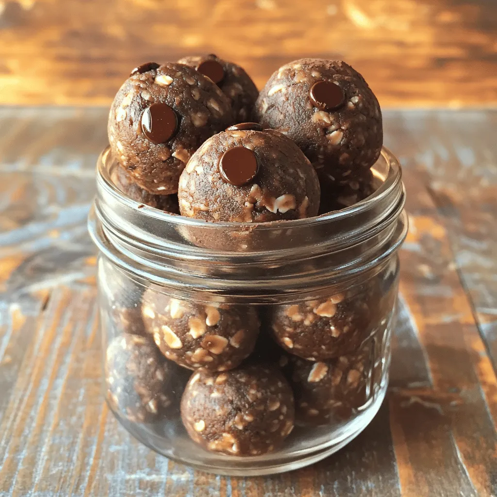 - 1 cup rolled oats - ½ cup creamy peanut butter - ¼ cup honey or maple syrup - ¼ cup unsweetened cocoa powder - ½ cup chocolate chips (dark or semi-sweet) - ¼ cup ground flaxseed (optional) - 1 tsp vanilla extract - A pinch of salt In making Chocolate Peanut Butter Energy Balls, you need simple and wholesome ingredients. Each one serves a purpose and adds to the taste and nutrition. What do these ingredients do? - Rolled oats: They form the base. They give fiber and keep you full. - Creamy peanut butter: It adds rich taste and protein. I love the smooth texture it brings. - Honey or maple syrup: This is your natural sweetener. It binds the mix and adds sweetness. - Cocoa powder: It gives that deep chocolate flavor. It also packs a punch of antioxidants. - Chocolate chips: They add a burst of sweetness. You can use dark or semi-sweet. - Ground flaxseed: This optional ingredient gives extra fiber and omega-3s. It’s a great way to boost nutrition. - Vanilla extract: Just a teaspoon enhances all the flavors. It makes everything taste wonderful. - A pinch of salt: It balances the sweetness. It brings out all the flavors nicely. - Calories per serving: About 150 calories per energy ball. - Protein, fat, and carbohydrate breakdown: Each ball has around 4g protein, 8g fat, and 18g carbs. - Health benefits of key ingredients: - Oats help with digestion and provide lasting energy. - Peanut butter is a good source of protein and healthy fats. - Cocoa powder offers antioxidants and may improve mood. - Flaxseed adds fiber, promoting heart health. The combination of these ingredients makes the energy balls not just tasty but also a nutritious snack. If you want to see the full recipe, check out the section above. First, you need to mix the oats, cocoa powder, and flaxseed in a large bowl. This step is key. It ensures that the dry ingredients blend well. If you use flaxseed, it adds fiber and omega-3s. Balancing dry ingredients helps the energy balls hold together. Next, grab another bowl and combine peanut butter, honey or maple syrup, and vanilla extract. Stir well until everything is smooth. This part is important for getting the right consistency. If the mixture is too thick, it won’t blend well with the dry ingredients. Now, it’s time to form the energy balls. Use your hands to scoop out small portions. Aim for about one inch in diameter. Rolling them tightly helps them stay firm. After shaping, place the balls on a lined baking sheet. Refrigerate for about 30 minutes to set. This step makes them easier to eat and enhances their flavor. For the complete recipe, check the Full Recipe section. To make the best energy balls, aim for a thick and slightly sticky dough. You want it to hold together well but not be too wet. If it feels dry, add a touch more peanut butter or honey. If it's too wet, mix in a bit more oats. I recommend using a sturdy spatula for mixing. It helps combine everything well without too much effort. For best freshness, store your energy balls in an airtight container. They keep well in the fridge for up to a week. To extend their shelf life, you can freeze them. Just place them in a freezer-safe bag or container. They will last for about three months in the freezer. When you want to enjoy them, let them thaw in the fridge overnight. To make your energy balls look appealing, arrange them in a mason jar or on a nice plate. You can also dust them with cocoa powder for a fancy touch. Pair these energy balls with a glass of milk or a warm cup of tea. They also taste great with fresh fruit or yogurt for a balanced snack. Feel free to explore the [Full Recipe] for more ideas! {{image_2}} You can easily change the flavor of your energy balls. Adding spices like cinnamon or nutmeg gives them warmth and depth. Just a pinch can make a big difference. You can also swap peanut butter for almond or cashew butter. Each nut has its own unique taste. This lets you create a special twist to fit your mood. Texture can change how we enjoy food. Incorporating crunchy nuts or seeds adds a fun bite. Chopped almonds or sunflower seeds work great. You can also use different types of chocolate. Dark chocolate offers a rich taste, while milk chocolate is sweeter. These small changes can make your energy balls exciting every time. Dietary needs vary for everyone. To make these energy balls gluten-free, just use gluten-free oats. You can also make them vegan by swapping honey for maple syrup. This keeps the sweetness while meeting dietary needs. If you want lower sugar, try using stevia or monk fruit sweetener. These options help you enjoy a tasty treat without the extra sugar. Chocolate peanut butter energy balls last about one week in the fridge. Keep them in an airtight container to maintain freshness. If stored properly, they stay tasty and safe to eat. Refrigeration helps firm up the energy balls. This makes them easier to handle and enjoy. To freeze energy balls, place them in a single layer on a baking sheet. Make sure they are not touching. Freeze them for about an hour. Once frozen, transfer them to a freezer-safe container or bag. When you want to eat one, thaw it in the fridge overnight. This helps keep the flavor and texture just right. I recommend using glass jars or plastic containers with tight lids. These types of containers keep air out and help maintain freshness. Airtight sealing is key to stopping moisture and odors. Always label your containers with the date you made the energy balls. This way, you know how long they have been stored. Chocolate peanut butter energy balls last about one week in the fridge. They stay fresh in an airtight container. If you freeze them, they can last up to three months. Just make sure to thaw them in the fridge before enjoying. Yes, you can easily customize the ingredients! Here are a few ideas: - Swap creamy peanut butter for almond or cashew butter. - Add dried fruits like cranberries or raisins for sweetness. - Mix in seeds such as chia or pumpkin for extra crunch. - Use different types of chocolate chips, like white or butterscotch. Energy balls are a great snack! They offer several health benefits, such as: - Good source of energy from oats and peanut butter. - Packed with protein, which helps keep you full. - Healthy fats from peanut butter support brain health. - Cocoa powder adds antioxidants, which are good for your body. Yes, you can make energy balls without honey! You can use maple syrup or agave nectar as a sweetener. If you prefer less sweetness, consider using mashed banana or unsweetened applesauce. For the full recipe, check out the main section. These chocolate peanut butter energy balls are easy to make and loaded with nutrients. We covered the key ingredients, from oats to chocolate chips, and discussed their health perks. I shared step-by-step instructions for mixing and shaping them, plus valuable tips for storage and flavor variations. Remember, you can customize this recipe to fit your taste and dietary needs. Enjoy your tasty, energy-boosting snacks!