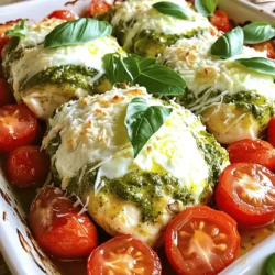 Here’s what you need to make this dish: - 4 boneless, skinless chicken breasts - 1/2 cup basil pesto - 1 cup cherry tomatoes, halved - 1/2 cup mozzarella cheese, shredded - 1/4 cup grated Parmesan cheese - 2 tablespoons olive oil - 1 teaspoon garlic powder - Salt and pepper to taste - Fresh basil leaves for garnish (optional) For pesto, I recommend using a high-quality brand like Barilla or homemade if you can. Fresh basil pesto gives a bright, herby flavor. If you only have dried pesto, it will work but won’t taste as fresh. Fresh ingredients always offer more flavor, but using dried can still save time. To boost flavor, consider adding: - 1 teaspoon of Italian seasoning - A pinch of red pepper flakes for heat - Fresh lemon zest for brightness For toppings, crispy breadcrumbs or pine nuts can add a nice crunch. If you need substitutions, you can use chicken thighs for more flavor or dairy-free cheese for a vegan option. To start, you need to prep the chicken breasts. First, clean the chicken under cold water. Pat them dry using paper towels. This step helps the seasonings stick. Next, season the chicken. Use olive oil, garlic powder, salt, and pepper. Mix these in a bowl. Brush this mixture over each chicken breast. This adds flavor and moisture. Marinating is key. It allows the chicken to soak up the taste. Let it sit for at least 15 minutes. If you have more time, let it marinate for an hour. Now for the baking. Preheat your oven to 400°F (200°C). Place the seasoned chicken in a baking dish. Spread about 2 tablespoons of basil pesto on each breast. Make sure to cover the chicken well. Add the halved cherry tomatoes around the chicken. They add color and flavor. Bake the dish, covered with foil, for 20-25 minutes. This keeps the chicken moist. After that, remove the foil. Bake for an extra 10 minutes. This makes the cheese bubbly and golden. To check the doneness, use a meat thermometer. The chicken should reach 165°F (75°C). Now it's time for the finishing touches. After baking, sprinkle shredded mozzarella and grated Parmesan cheese over the chicken. This adds a rich, cheesy flavor. For a lovely presentation, garnish with fresh basil leaves. You can also drizzle extra pesto on top. Serving this dish on a platter makes it look appealing. Pair it with steamed veggies or a fresh salad. This makes your meal complete. For the full recipe, check the details above. Enjoy your delicious baked pesto chicken! To keep your chicken juicy, start by brining it. A simple saltwater soak for 15-30 minutes helps. This process adds moisture and flavor. When baking, cover the dish with foil for the first part. This traps steam and keeps the chicken moist. After 20-25 minutes, remove the foil. This lets the cheese bubble and turn golden. To achieve that perfect cheesy top, use a mix of mozzarella and Parmesan. They melt well and add great taste. Broil for a minute at the end for extra browning. Overcooking chicken is a common mistake. Look for an internal temperature of 165°F (75°C). If the chicken is dry and tough, it may be overcooked. Apply pesto evenly on the chicken. Too little pesto means less flavor. Go for about 2 tablespoons per breast. This ensures each bite bursts with taste. For the best results, use fresh pesto if you can. It has a bright flavor that elevates the dish. If you use store-bought, choose a high-quality brand. You can find many options available in stores. Want more details? Check the Full Recipe for step-by-step instructions. {{image_2}} You can switch up the protein in this dish. Use turkey breasts for a leaner choice. Tofu works great too, especially for a plant-based meal. Each protein brings its own flavor. Turkey has a mild taste, while tofu absorbs the pesto well. Try marinating it longer for more flavor. If you're gluten-free, look for gluten-free pesto. You can also use dairy-free cheese. These swaps keep the dish tasty for everyone. Use nutritional yeast instead of cheese for a cheesy flavor without dairy. Always check labels to avoid allergens. Pair your baked pesto chicken with fresh sides. Steamed broccoli, green beans, or a mixed salad make great options. If you have leftovers, shred the chicken. Toss it with pasta or on a sandwich for a quick meal. You can even add it to a wrap for lunch. Try these ideas to make the most of your dish and keep it exciting! For the full recipe, check the details above. To store your leftover baked pesto chicken, let it cool first. Place it in an airtight container. This keeps it fresh for up to three days. When you reheat, use a microwave or oven. If using the oven, set it to 350°F (175°C). Cover it with foil to keep it moist. Heat for about 15 minutes, or until warm. Yes, you can freeze baked pesto chicken. It freezes well and stays tasty. To freeze, let the chicken cool completely. Wrap each piece tightly in plastic wrap. Then, place the wrapped chicken in a freezer bag. Label the bag with the date. For thawing, move the chicken to the fridge overnight. Reheat as usual. This keeps your meal enjoyable and safe. You should bake Baked Pesto Chicken for about 30 to 35 minutes. Start by preheating your oven to 400°F (200°C). Place the chicken in a baking dish. Cover it with aluminum foil for the first 20 to 25 minutes. This helps keep the chicken moist. After that, remove the foil. Bake for an extra 10 minutes. This step lets the cheese get bubbly and golden. Always check the chicken with a meat thermometer. It should reach 165°F (75°C) to be safe. Yes, you can use store-bought pesto. It saves time and can be very tasty. However, homemade pesto often has fresher flavors. You can make it with basil, garlic, pine nuts, and olive oil. Try different brands if you go store-bought. Some may taste better than others. Look for pesto without preservatives. This will keep your dish fresh and flavorful. Baked Pesto Chicken can be a healthy meal. Chicken is a good source of protein. Pesto adds healthy fats from olive oil and nuts. The cherry tomatoes provide vitamins and antioxidants. To make it even healthier, you can use less cheese. You can also serve it with a side of veggies. This adds fiber and nutrients to your meal. If you want a lighter option, try using turkey or tofu instead of chicken. To sum it up, we explored how to make Baked Pesto Chicken, from core ingredients to cooking techniques. We've also covered tips to avoid common mistakes and variations to suit any diet. Remember, the key is to keep the chicken juicy and flavorful while enjoying your own twists. With these steps, you’ll create a dish that's both tasty and appealing. Enjoy cooking!