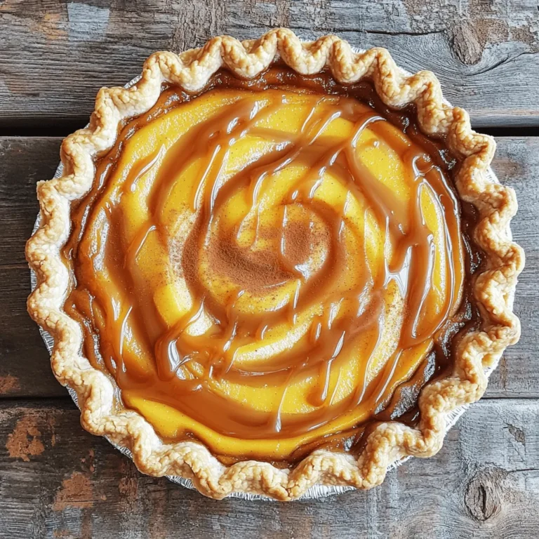 To make the best caramel swirl pumpkin pie, you need these must-have items: - 1 pie crust (store-bought or homemade) - 1 can (15 oz) pumpkin puree - 3/4 cup brown sugar - 1/2 cup granulated sugar - 1 teaspoon ground cinnamon - 1/2 teaspoon ground nutmeg - 1/2 teaspoon ground ginger - 1/4 teaspoon ground cloves - 1/2 teaspoon salt - 1 can (12 oz) evaporated milk - 3 large eggs - 1/2 cup caramel sauce (plus extra for drizzling) These ingredients create a rich, creamy filling. The spices add warmth and depth. The caramel gives a sweet surprise in every bite. You can add extra flavor to your pie with these options: - 1 teaspoon vanilla extract - 1/4 teaspoon allspice - 1/4 cup chopped pecans or walnuts Vanilla enhances the sweetness. Allspice offers a unique twist. Nuts add a nice crunch that contrasts with the smooth filling. If you run out of something, don’t worry! Here are some swaps: - Use maple syrup instead of brown sugar for a deeper flavor. - For a dairy-free option, swap evaporated milk for coconut milk. - Replace eggs with a flaxseed mixture (1 tablespoon flaxseed meal + 2.5 tablespoons water = 1 egg). These substitutions keep the pie tasty and can fit different diets. Feel free to experiment, but stay true to the essence of this classic fall treat! For the full recipe, check the details above. Start by preheating your oven to 425°F (220°C). This step ensures even baking. Next, roll out your pie crust. You can use a store-bought crust or make your own. Fit the crust into a 9-inch pie pan. Trim any extra crust at the edges for a clean look. To prevent bubbling, poke holes in the bottom with a fork. This simple step helps the crust cook evenly. In a large mixing bowl, add the pumpkin puree, brown sugar, and granulated sugar. Next, sprinkle in ground cinnamon, nutmeg, ginger, cloves, and salt. Mix this well until everything blends smoothly. Then, add the evaporated milk and eggs to the bowl. Whisk them into the pumpkin mixture until it is creamy. This filling is the heart of the pie, so make sure it is smooth and well combined. Pour the pumpkin filling into the prepared pie crust. Spread it evenly across the crust. Now comes the fun part! Take your caramel sauce and drop spoonfuls on top of the filling. Use a knife or skewer to gently swirl the caramel into the filling. Be careful not to mix it too much; you want a lovely marbled look. Bake your pie in the preheated oven for 15 minutes. After that, lower the temperature to 350°F (175°C). Bake for an additional 40-50 minutes. The pie is done when a knife inserted in the center comes out clean. Allow it to cool on a wire rack for at least 2 hours. This cooling time helps the filling set perfectly. Before serving, drizzle extra caramel sauce on top for added sweetness. Enjoy your delicious Caramel Swirl Pumpkin Pie! For the full recipe, check the complete instructions above. For a great pie, make sure your oven is preheated. Use a thermometer to check the temperature. A hot oven helps the crust bake evenly. If the crust edges brown too fast, cover them with foil. This protects them from burning. Don’t overmix the filling; a few lumps are okay. This keeps it fluffy and light. After baking, let your pie cool on a wire rack. This step is key. Cooling helps the filling set and keeps it from being runny. Allow at least two hours for this. If you try to cut too soon, the filling may spill. A well-set pie has a nice texture and looks great on the table. Serve your pie with whipped cream for a classic touch. A drizzle of caramel on top makes it even better. You can also sprinkle some cinnamon for added flavor. For a fun twist, try adding nuts on the side. Pair your pie with a scoop of vanilla ice cream for a delicious dessert. For the full recipe, check the details above. {{image_2}} You can use different sweeteners in your Caramel Swirl Pumpkin Pie. If you want less sugar, try using maple syrup or honey. Both will add a unique flavor. You can also consider coconut sugar for a lower glycemic option. Just remember that these sweeteners can change the texture a bit. Adjust the amount based on your taste preference. The crust can change the pie's taste and texture. You can use a classic pie crust for a buttery flavor. A graham cracker crust adds a nice crunch. If you want a gluten-free option, use almond flour or coconut flour crusts. Each crust type will give your pie a different twist that suits your style. Want to spice things up? Add-ins can make your pie special. Consider adding chocolate chips for a sweet surprise. A touch of orange zest brightens the flavor. You can also mix in chopped nuts for extra crunch. These little changes can turn a simple pie into a showstopper. For the full recipe, check out the Caramel Swirl Pumpkin Pie details above. To keep your caramel swirl pumpkin pie fresh, place it in the fridge. Use a pie cover or wrap it tightly with plastic wrap. This will help keep the flavors strong and the pie moist. Store the pie for up to four days. Enjoy it cold or at room temperature! You can freeze this pie for later use. First, let it cool completely. Then, wrap it tightly in plastic wrap and aluminum foil. This helps prevent freezer burn. You can freeze it for up to three months. When you’re ready to enjoy it, thaw it in the fridge overnight. To reheat your pie, preheat the oven to 350°F (175°C). Place the slice on a baking sheet. Cover it with foil to keep it from drying out. Heat for about 10-15 minutes. If you want a warm, gooey slice, drizzle some caramel sauce on top before serving. This will add extra flavor! For the full recipe, check out the detailed guide on making this delicious pie. Yes, you can use homemade pumpkin puree! I love making my own. It adds a fresh taste. To make it, roast a small pumpkin until soft. Scoop out the flesh and blend it until smooth. This gives your pie a unique flavor. Ensure you drain any extra water from the puree. This helps keep the pie from being too watery. The pie is done when the filling is set. Insert a knife in the center. If it comes out clean, it’s ready. The edges might puff a bit, but the center should still jiggle slightly. This jiggle is normal. The pie will continue to set as it cools. Let it cool for at least two hours for the best texture. You can serve many things with this pie! Whipped cream adds a light touch. A drizzle of caramel sauce enhances the sweet flavor. You might also try a scoop of vanilla ice cream. It’s a classic pairing that many love. For a fun twist, add some toasted nuts for crunch. They add a nice contrast to the smooth pie. Enjoy your dessert with friends and family! For the full recipe, check out the details above. To make a great Caramel Swirl Pumpkin Pie, gather your key ingredients and follow the simple steps. Prepare the crust, make the filling, and swirl in the caramel for a tasty treat. Keep my tips in mind for the best bake, and try the variations for new flavors. Remember how to store leftovers and reheat them properly. Enjoy the delicious pie with friends and family. This dessert is sure to please everyone and spark joy at your table. Make your pie unique, and relish every slice!