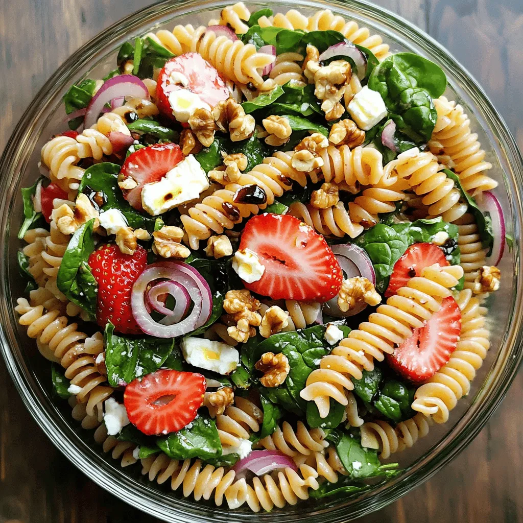 To make a tasty strawberry spinach pasta salad, you will need: - 2 cups whole wheat pasta (fusilli or rotini) - 2 cups fresh spinach, washed and chopped - 1 ½ cups strawberries, hulled and sliced - ½ cup feta cheese, crumbled - ¼ cup red onion, thinly sliced - ¼ cup walnuts, chopped - 3 tablespoons olive oil - 1 tablespoon balsamic vinegar - 1 tablespoon honey - Salt and pepper to taste I like to use Barilla or Ronzoni for pasta. These brands offer whole wheat options that cook well. For spinach, buy organic when you can. It tastes fresher and is safer. When picking feta cheese, look for brands like Athenos or President. They have great flavor. For olive oil, choose extra virgin olive oil for the best taste. It adds richness to your salad. Fresh ingredients make all the difference in this salad. When selecting strawberries, look for bright red color and a sweet smell. Avoid any with soft spots or mold. For spinach, choose vibrant green leaves that feel crisp. Check for wilting or yellow leaves, as they are past their prime. Always smell the walnuts before buying. They should smell nutty and fresh. If they smell bitter, skip them. This way, you ensure your salad bursts with flavor. To start, you need to cook the pasta. Boil salted water in a large pot. Add 2 cups of whole wheat pasta. Cook it according to the package instructions until it is al dente. Once done, drain the pasta and let it cool. Next, prepare the dressing. In a small bowl, mix 3 tablespoons of olive oil, 1 tablespoon of balsamic vinegar, and 1 tablespoon of honey. Add salt and pepper to taste. Whisk this mixture well and set it aside. Now, let’s combine the salad. In a large bowl, mix the cooled pasta, 2 cups of chopped spinach, 1 ½ cups of sliced strawberries, ½ cup of crumbled feta cheese, ¼ cup of thinly sliced red onion, and ¼ cup of chopped walnuts. Finally, drizzle the dressing over the salad. Toss everything gently until all the ingredients are coated. You can serve it right away or chill it for about 30 minutes. This helps the flavors blend nicely. To cook perfect pasta, remember a few key tips. Always boil water before adding pasta. Use plenty of water to prevent the pasta from sticking. Stir the pasta once it is in the pot. This helps keep it from clumping. Taste the pasta a minute before the suggested cooking time. This ensures it is just right. If you want extra flavor, add salt to the boiling water. This will enhance the taste of the pasta. Making the dressing is easy and quick. Start by gathering all your ingredients. Use a small bowl for mixing. Add the olive oil, balsamic vinegar, honey, salt, and pepper all at once. Whisk these ingredients together until they blend well. If you want a stronger flavor, let the dressing sit for a few minutes before using it. This allows the flavors to develop nicely. For your final dish, the dressing will bring all the ingredients together wonderfully. Check out the Full Recipe for more details! Taste your salad before serving. You might want more salt or honey. If the dressing is too strong, add a little more olive oil. This will help balance the flavors. Always mix well to combine everything evenly. Use fresh ingredients for the best taste. Fresh spinach and ripe strawberries make a big difference. Serve this salad chilled or at room temperature. It looks great in a large glass bowl. You can garnish it with whole strawberries or extra feta. This adds color and makes it more appealing. For a crunchy texture, serve with crispy bread or crackers. Enjoy it as a side dish or main meal. Strawberry spinach pasta salad pairs well with grilled chicken or fish. The light flavors complement meats nicely. You can also serve it with a creamy soup for a filling meal. For a vegetarian option, try it with stuffed peppers. This salad is perfect for picnics and barbecues. It adds a fresh touch to any meal. Enjoy every bite of this vibrant dish! {{image_2}} If you have dietary needs, you can still enjoy this salad. To make it gluten-free, use gluten-free pasta. You can find many options at your local store. If you avoid dairy, replace feta with avocado or a dairy-free cheese. For nut allergies, skip the walnuts or swap them for seeds like sunflower or pumpkin seeds. These choices make the dish fit your needs while keeping it tasty. This pasta salad shines with fresh ingredients. You can swap strawberries for seasonal fruits. Try peaches or blueberries in summer, and apples or oranges in fall. For greens, use kale or arugula instead of spinach for a new twist. Each fruit and green adds its own flavor, making this dish fun throughout the year. Think outside the box with this recipe! Add cooked chicken or shrimp for extra protein. Toss in some roasted vegetables for a hearty crunch. You can also mix in herbs like basil or mint for a fresh taste. Try adding grilled corn or bell peppers for a colorful touch. These twists keep the dish exciting and unique every time you make it. For the full recipe, check out the section on ingredients and instructions above. To keep your Strawberry Spinach Pasta Salad fresh, place leftovers in an airtight container. Make sure to cool the salad to room temperature before sealing it. This helps prevent moisture and keeps the flavors intact. Store it in the fridge for up to three days. When prepping this salad, consider making the dressing separately. You can mix it in a jar for easy pouring later. Store the dressing in the fridge for up to a week. Keep the salad and dressing apart until you're ready to eat. This keeps the pasta and greens from getting soggy. This salad is best when fresh. However, if you want to freeze it, store only the cooked pasta and dressing. The spinach and strawberries do not freeze well. When you're ready to eat, thaw the pasta and dressing in the fridge overnight. Then, mix everything together fresh. For the best taste, eat within three days of thawing. For the full recipe, check out the Strawberry Spinach Pasta Salad section! To make this salad gluten-free, choose gluten-free pasta. Many brands offer great options made from rice or quinoa. Just check the package for cooking time. Follow the same steps in the recipe, and you will have a tasty dish without gluten. If you don't have feta cheese, use goat cheese or a dairy-free cheese. Both options add a nice tangy flavor. Crumbled tofu works too for a plant-based choice. Adjust the amount based on your taste. Yes, you can make the dressing ahead of time. Mix the olive oil, balsamic vinegar, honey, salt, and pepper in a jar. Store it in the fridge for up to a week. Just shake it well before using. Yes, you can use frozen strawberries in this salad. Thaw them first and drain any excess liquid. Fresh strawberries taste best, but frozen can work in a pinch, especially when fresh ones are out of season. The salad stays good in the fridge for about 2-3 days. Keep it in an airtight container. The pasta might absorb some dressing, but it will still taste great. Just add more dressing before serving if needed. This post covered the key parts of making a great salad. We explored fresh ingredients, cooking steps, and useful tips. I shared easy tricks for tasting, serving, and pairing. We also looked at fun recipe twists and safe storage methods. Remember, great salads can fit any diet. Use these ideas to create delicious meals. Enjoy your cooking journey and have fun mixing flavors!