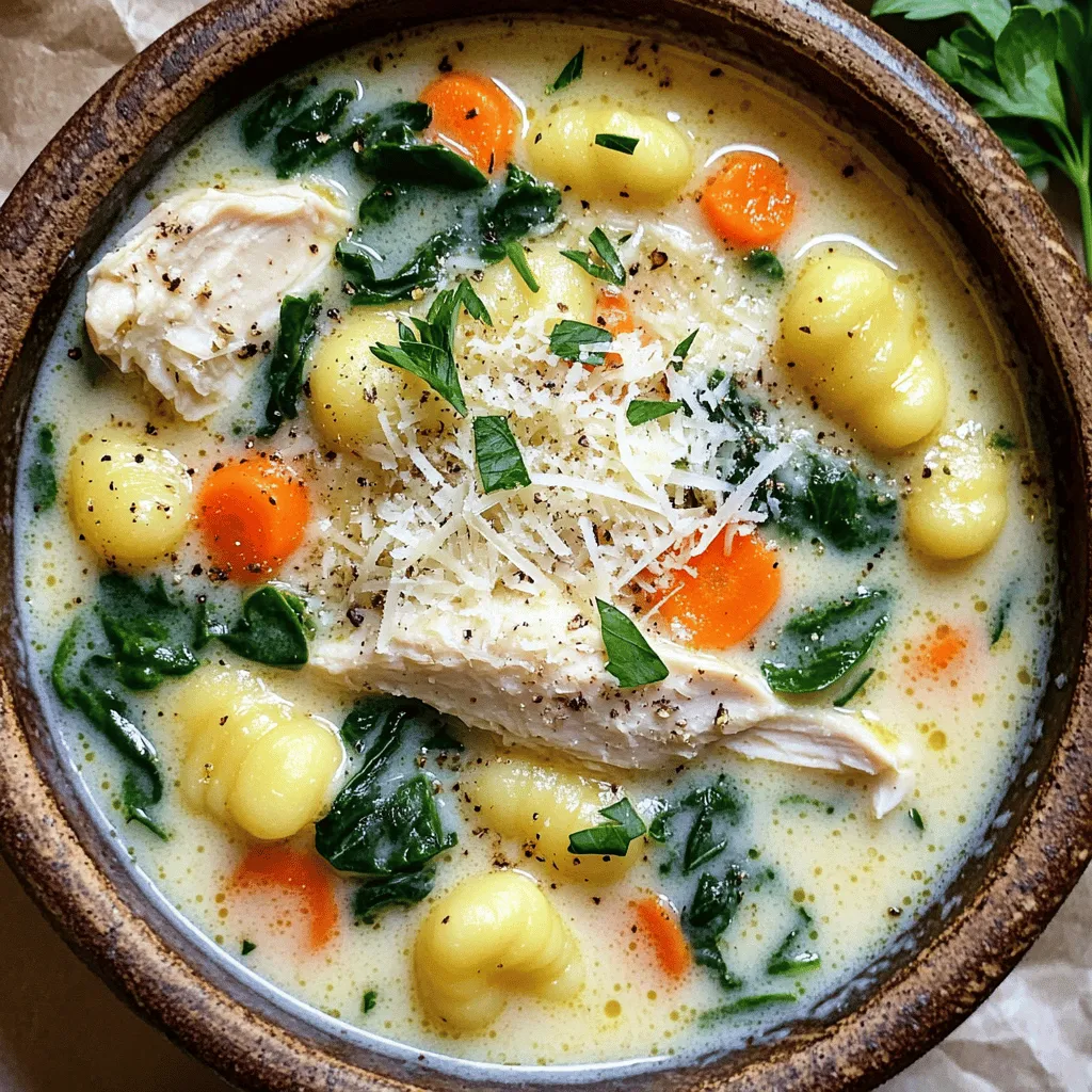 - 1 pound boneless, skinless chicken breast, diced - 1 tablespoon olive oil - 1 medium onion, chopped - 3 garlic cloves, minced - 2 carrots, diced - 2 celery stalks, diced - 1 teaspoon dried thyme - 1 teaspoon Italian seasoning - 4 cups chicken broth - 1 pound potato gnocchi - 1 cup heavy cream - 2 cups fresh spinach - Salt and pepper to taste - Grated Parmesan cheese, for serving - Fresh parsley, for garnish To get started, you need to measure your ingredients. For the chicken, cut it into small, even pieces. This way, it cooks faster and evenly. Chop the onion, carrots, and celery into small bits. Mince the garlic finely. Using a sharp knife makes this easier. Make sure all your ingredients are ready before cooking. This will help you move smoothly through the steps. You can swap some ingredients if you wish. For the chicken, try turkey or even tofu for a veggie option. Use vegetable broth instead of chicken broth for a lighter taste. If you lack heavy cream, coconut milk works well. You can also mix in any greens you like instead of spinach. Kale or Swiss chard can add a nice twist. For the gnocchi, you can use pasta if that’s what you have. Just adjust the cooking time based on what you choose. This recipe is flexible, so feel free to make it your own! Check the Full Recipe for more details. Gather all your ingredients before you start. This makes the process smooth. You will need: - 1 pound boneless, skinless chicken breast, diced - 1 tablespoon olive oil - 1 medium onion, chopped - 3 garlic cloves, minced - 2 carrots, diced - 2 celery stalks, diced - 1 teaspoon dried thyme - 1 teaspoon Italian seasoning - 4 cups chicken broth - 1 pound potato gnocchi - 1 cup heavy cream - 2 cups fresh spinach - Salt and pepper to taste - Grated Parmesan cheese, for serving - Fresh parsley, for garnish Start by washing and chopping the vegetables. Dice the chicken into small pieces. This helps it cook evenly. 1. Heat the olive oil in a large pot over medium heat. Once hot, add the diced chicken. Season it with salt and pepper. Cook until it turns white, around 5-7 minutes. Remove the chicken and set it aside. 2. In the same pot, add the chopped onion, carrots, and celery. Cook for 5-6 minutes. Stir often until the veggies soften. 3. Next, add the minced garlic, dried thyme, and Italian seasoning. Cook for one more minute. The kitchen will smell amazing! 4. Now, pour in the chicken broth. Bring it to a boil. Add the potato gnocchi. Cook them until they float to the top, usually 3-5 minutes. 5. Lower the heat. Stir in the heavy cream and fresh spinach. Return the chicken to the pot. Let it simmer for 5 minutes. This warms everything through. 6. Taste the soup. Add salt and pepper if needed. 7. Serve hot. Top each bowl with grated Parmesan cheese and fresh parsley. - Use a sharp knife for cutting vegetables. This makes prep easier. - Don’t rush the cooking of the chicken. Make sure it’s fully cooked for safety. - Stir the soup gently when you add the gnocchi. This helps them stay intact. - Taste as you go. Adjust seasoning to fit your taste. - Make it your own! You can add more veggies or herbs if you like. Follow these steps for a creamy chicken gnocchi soup that warms your heart. For the full recipe, refer back to the ingredients list. Enjoy every bite! To make your creamy chicken gnocchi soup shine, follow these tips: - Cook chicken thoroughly: Ensure the chicken is cooked until no longer pink. This keeps it safe to eat. - Sauté vegetables well: Sautéing the onions, carrots, and celery adds depth to the flavor. Aim for tenderness and a bit of caramelization. - Use fresh spinach: Fresh spinach wilts nicely and adds vibrant color. Stir it in just before serving. - Monitor the broth: Keep an eye on the chicken broth. Adding it gradually helps control the soup's thickness. Even the best cooks can make mistakes. Here are some common ones: - Overcooking gnocchi: Gnocchi cooks quickly. When they float, they are done. Cooking them longer can make them mushy. - Neglecting seasoning: Don’t forget to taste and adjust salt and pepper. Each ingredient needs balance. - Adding cream too soon: Stir in the cream at low heat. Adding it too early can cause curdling. Want to take your soup to the next level? Consider these ideas: - Add herbs: Fresh herbs like basil or thyme can brighten the dish. Sprinkle them just before serving. - Spice it up: If you like a kick, add a pinch of red pepper flakes. It adds warmth without overwhelming the soup. - Finish with cheese: Grated Parmesan adds richness. It melts nicely into the soup, enhancing every spoonful. For the complete creamy chicken gnocchi soup experience, check out the Full Recipe. {{image_2}} You can easily make a creamy gnocchi soup without meat. Swap the chicken for mushrooms. Use 1 pound of diced mushrooms for a rich, earthy flavor. You can also add tofu for extra protein. It absorbs the flavors well and adds a nice texture. Use vegetable broth instead of chicken broth for a full vegetarian experience. If you want different proteins, try shrimp or sausage. Shrimp cooks quickly and brings a sweet taste. Use about 1 pound of peeled shrimp. For sausage, choose Italian sausage for a spicy kick. Cook it first, then add it to the soup. You can also use shredded rotisserie chicken. It saves time and adds great flavor. Mix in seasonal veggies for variety. In spring, add peas or asparagus. In summer, zucchini and corn brighten the soup. In fall, use squash or pumpkin for a cozy feel. In winter, root vegetables like parsnips or turnips add heartiness. Each season brings unique flavors, making the soup exciting year-round. Don't forget to check the Full Recipe for further details. To store leftover creamy chicken gnocchi soup, let it cool first. Pour the soup into an airtight container. It will stay fresh in the fridge for up to three days. If you want to keep it longer, consider freezing it. Reheat your creamy chicken gnocchi soup on the stove. Pour the soup into a pot and heat over medium heat. Stir it often to warm it evenly. You can also use a microwave. Place the soup in a microwave-safe bowl and heat it in one-minute intervals, stirring between each interval. Make sure it is hot all the way through. If you want to freeze the soup, follow these steps. First, let the soup cool completely. Pour it into freezer-safe bags or containers. Leave some space at the top for expansion. Label the bags with the date. You can freeze the soup for up to three months. When ready to enjoy, thaw it overnight in the fridge before reheating. Creamy chicken gnocchi soup lasts about three to four days in the fridge. Store it in an airtight container to keep it fresh. If you want to keep it longer, consider freezing it. Just remember, the texture may change slightly after freezing. Yes, you can use store-bought gnocchi! It’s a great time-saver. Fresh or frozen gnocchi works well in this soup. Just follow the package directions for cooking time. This helps ensure you get that perfect, soft texture. You can serve many tasty sides with chicken gnocchi soup. Here are a few ideas: - Garlic bread: It’s a classic choice and great for dipping. - Caesar salad: The crunch complements the soup perfectly. - Roasted veggies: These add color and nutrition to your meal. - Simple green salad: A light salad balances the creaminess of the soup. For the full recipe, check out the [Full Recipe]. In this article, we covered how to make creamy chicken gnocchi soup. We detailed the key ingredients and their prep. I provided cooking steps and shared tips to avoid common mistakes. You can also try variations and learn storage tips. Remember, customizing your soup makes it special. Enjoy this warm, filling meal anytime. Good food brings joy, and this soup is sure to please!