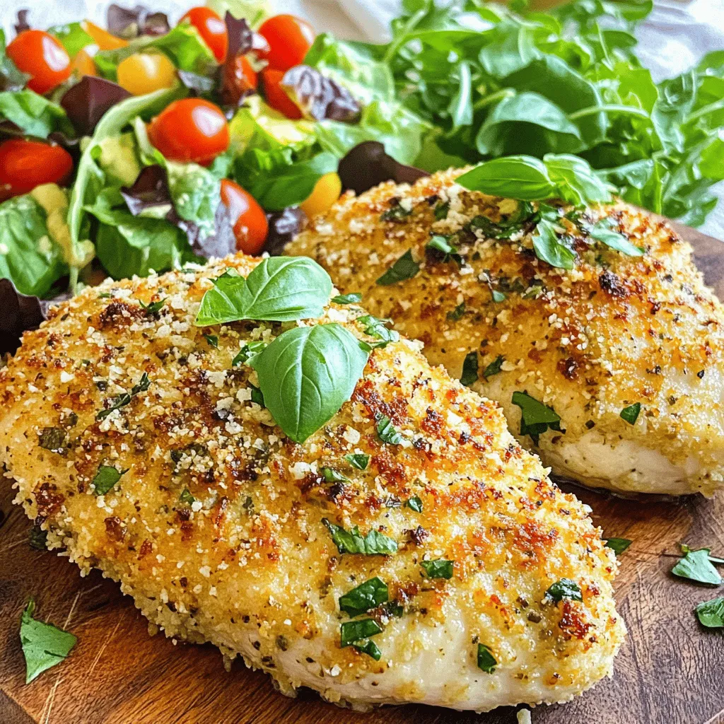 For a tasty dinner, this Parmesan Herb Crusted Chicken is simple and fun to make. You need just a few key ingredients. They combine to create a crispy, cheesy crust that makes your chicken shine. The flavors blend well, making this dish a family favorite. Here’s what you need for this delicious chicken: - 4 boneless, skinless chicken breasts - 1 cup grated Parmesan cheese - 1 cup breadcrumbs (preferably panko for added crunch) - 1 teaspoon garlic powder - 1 teaspoon dried oregano - 1 teaspoon dried basil - 1 teaspoon dried thyme - 1/2 teaspoon salt - 1/2 teaspoon black pepper - 2 eggs, beaten - 1/4 cup all-purpose flour - Olive oil for drizzling These ingredients come together to create a lovely dish full of flavor. The chicken stays juicy, while the crust adds a satisfying crunch. You can swap some ingredients if needed. For a gluten-free option, use gluten-free breadcrumbs or almond flour instead of regular breadcrumbs. Parmesan cheese can be replaced with Pecorino Romano for a sharper flavor. If you want to add a twist, toss in some crushed red pepper flakes for heat. These simple changes can help you adapt the recipe to your taste or dietary needs. Enjoy making this meal your own! Start by preheating your oven to 400°F (200°C). This step helps the chicken cook evenly. While the oven heats, grab a baking sheet and line it with parchment paper. The parchment helps keep the chicken from sticking. It also makes cleanup a breeze. Next, you will mix the crust. In a shallow dish, combine the grated Parmesan cheese, breadcrumbs, garlic powder, oregano, basil, thyme, salt, and black pepper. Use a fork to mix all the ingredients well. The blend of herbs and cheese creates a tasty crust. This mixture gives your chicken a flavorful kick. Now, prepare three shallow dishes. Fill one with all-purpose flour. The second dish should hold your beaten eggs. The last dish will hold your Parmesan herb mixture. Take a chicken breast and dredge it in the flour, shaking off the extra. Then, dip it in the beaten eggs, letting any excess drip off. Finally, coat it in the Parmesan herb mixture. Press down lightly to make sure it sticks. Repeat this process for all the chicken breasts. Once coated, place the chicken on the prepared baking sheet. Drizzle a bit of olive oil over the tops to help them crisp up. Now you're ready to bake! For the full recipe, check the instructions above. To get that perfect crispy crust, use panko breadcrumbs. They add a light and airy crunch. Make sure to press the crust mixture firmly onto the chicken. This helps it stick during baking. A light drizzle of olive oil before baking also boosts crispiness. Always preheat your oven first. This step ensures even cooking. Use a meat thermometer to check the internal temperature. Cook the chicken until it reaches 165°F (75°C) for safety. Letting it rest after baking keeps it juicy. You can add more herbs to boost flavor. Try fresh rosemary or parsley for extra taste. A pinch of crushed red pepper can add a nice kick. Mixing in lemon zest brightens up the dish. These additions make each bite exciting. For the complete recipe, check out the Full Recipe section. {{image_2}} You can easily make this dish gluten-free. Instead of regular breadcrumbs, use gluten-free panko. You can also swap the all-purpose flour for a gluten-free blend. This way, everyone can enjoy the yummy taste! Want to try something new? You can use fish, tofu, or even pork. For fish, a firm type like salmon works great. Just adjust the cooking time to avoid overcooking. For tofu, press it to remove moisture, then coat it like the chicken. This gives a delightful crunch! Add some fun flavors to your crust! Lemon zest gives a bright taste. You can also mix in spices like smoked paprika or cayenne for some heat. Herbs like parsley or cilantro will add freshness. Feel free to experiment and find your favorite twist on this recipe. For the detailed recipe, check out the Full Recipe. Serving Parmesan herb crusted chicken with the right sides can make your meal shine. Here are some tasty options: - Roasted Vegetables: Use carrots, zucchini, and bell peppers. Toss them with olive oil and salt. Roast until tender for a sweet and savory bite. - Mashed Potatoes: Creamy mashed potatoes balance the crispy chicken. Add butter and a bit of garlic for extra flavor. - Green Salad: A fresh salad with mixed greens, tomatoes, and cucumbers adds brightness. Dress it with a light vinaigrette to keep it zesty. - Rice Pilaf: Fluffy rice pilaf with herbs complements the dish well. Add some peas for a pop of color and taste. Wine can enhance your meal. Here are some great choices that work well with the rich flavors of the chicken: - Chardonnay: This white wine has a creamy texture. It pairs nicely with the Parmesan and herbs. - Pinot Noir: A light red wine, it offers fruity notes. It balances the richness of the crust. - Sauvignon Blanc: This wine has bright acidity. It cuts through the savory flavors and keeps your palate refreshed. Making your dish look good can impress your guests. Here are some easy tips for a lovely presentation: - Use a Wooden Cutting Board: Serve the chicken on a rustic cutting board. It adds charm and warmth to the table. - Garnish with Fresh Herbs: Sprinkle some fresh basil or parsley on top. It adds color and a fresh aroma. - Arrange with Colorful Sides: Place your sides around the chicken. Use bright veggies and greens for an eye-catching plate. - Drizzle with Olive Oil: A light drizzle of olive oil on the chicken can give it a glossy finish and enhance the flavors. Feel free to explore more tips and ideas in the Full Recipe for a complete culinary experience! You should bake Parmesan Herb Crusted Chicken for about 25 to 30 minutes. The chicken is ready when it reaches an internal temperature of 165°F (75°C). This ensures it is safe to eat and will be juicy and tender. Keep an eye on the crust; it should turn golden brown. Yes, you can prepare this recipe ahead of time. You can coat the chicken and store it in the fridge for a few hours. This helps the flavors blend and makes it easier for you on a busy night. Just bake it when you're ready to eat. To store leftovers, let the chicken cool completely. Then, place it in an airtight container. You can keep it in the fridge for up to three days. For longer storage, freeze the chicken for up to three months. Reheat it in the oven for the best results. For the full recipe, check the earlier section. This blog post covered all you need to know about making Parmesan Herb Crusted Chicken. We discussed the essential ingredients and some fun substitutions. I provided step-by-step instructions to guide you through baking. You learned tips for a crispy crust and flavor boosts. We explored variations for different diets and proteins. Finally, I shared serving suggestions for the perfect meal presentation. Enjoy trying this recipe for a tasty dinner tonight!