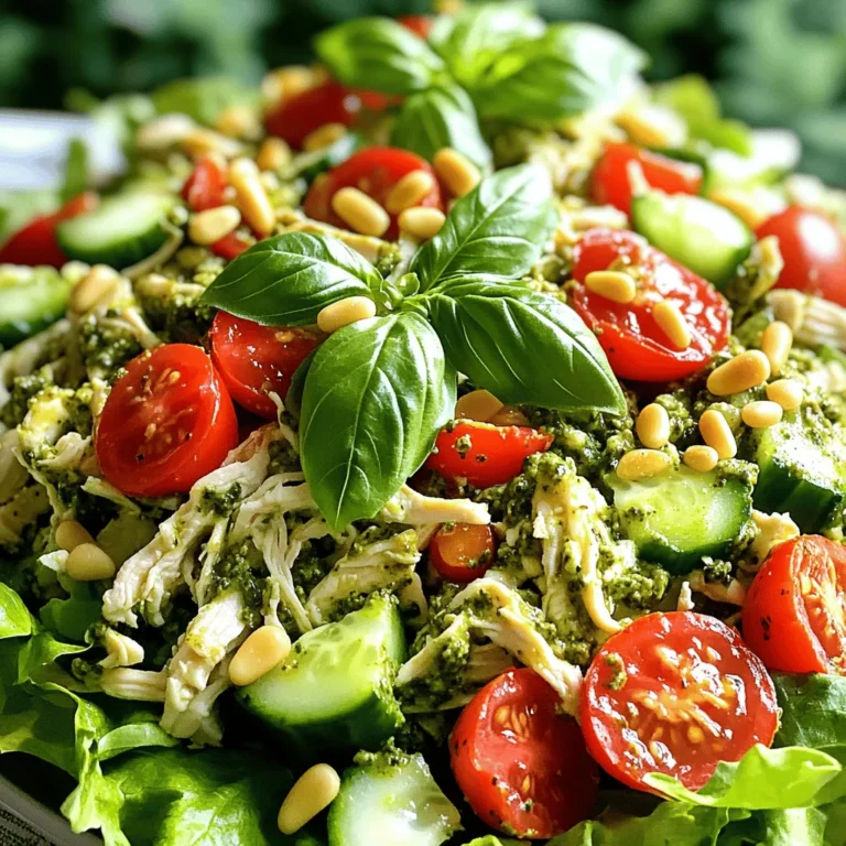 - 2 cups cooked chicken breast, shredded - 1/2 cup homemade or store-bought basil pesto - 1/4 cup Greek yogurt I love using cooked chicken breast for this salad. It adds protein and keeps the dish light. You can shred it easily with forks or your hands. The basil pesto adds a burst of flavor. You can make your own or buy it from the store. Greek yogurt brings creaminess and tang to the mix. - 1/2 cup cherry tomatoes, halved - 1/4 cup red bell pepper, diced - 1/4 cup cucumber, diced - Fresh basil leaves for garnish Fresh vegetables keep this salad bright and crunchy. Cherry tomatoes give a sweet pop. Diced red bell pepper adds color and crunch. Cucumber gives a refreshing bite. Don’t forget to garnish with fresh basil leaves. They add aroma and extra flavor. - 1/4 cup toasted pine nuts - Salt and pepper to taste Toasted pine nuts add a nice nutty flavor. You can easily toast them in a pan. Just keep an eye on them, so they don’t burn. Seasoning with salt and pepper brings out all the flavors. Taste as you go to find the right balance. For the full recipe and detailed instructions, check out [Full Recipe]. First, take your cooked chicken and shred it. I like to use a fork for this. In a large bowl, combine the shredded chicken, basil pesto, and Greek yogurt. Mix until every piece of chicken is coated. This step gives a creamy and tasty base to the salad. Next, it’s time to add some crunch and color. Incorporate fresh vegetables into the mix. I recommend halving cherry tomatoes, dicing red bell pepper, and cutting cucumber into small pieces. Gently fold these ingredients in so they stay whole and firm. Now, sprinkle in the toasted pine nuts. They add a lovely nutty flavor and crunch. Season the salad with salt and pepper to taste. Mix gently to combine everything without crushing the fresh veggies. For the best results, chill the salad for about 30 minutes. This resting time helps the flavors blend together beautifully. When you’re ready to serve, present the salad on a bed of crisp lettuce. You can also scoop it into pita pockets for a fun meal. Just before serving, garnish with fresh basil leaves. This adds a lovely aroma and makes your dish look appealing. For the full recipe, refer to the earlier section. Enjoy your flavorful and fresh Pesto Chicken Salad! To get the best taste from your pesto chicken salad, chill it before serving. Letting the salad sit in the fridge for about 30 minutes helps the flavors blend well. This step makes a big difference in taste. Using quality pesto is key. A rich, fresh pesto boosts the flavor of your salad. You can make your own or buy it from a store. Just make sure it tastes great! You can swap Greek yogurt with sour cream or light mayo. This change keeps the salad creamy while altering the taste a bit. Feel free to try different nuts or seeds. Almonds or sunflower seeds add unique textures and flavors. Experimenting with these can create a new twist on the dish. Pair your salad with fresh bread or a side of fruit. These side dishes complement the flavors nicely. For presentation, try serving the salad on a colorful plate. Use lettuce for a nice base or place it in pita pockets. Garnish with fresh basil leaves for an added touch. This simple step makes your dish look even more appealing. {{image_2}} You can switch up the protein in your pesto chicken salad. One easy option is rotisserie chicken. It saves time and adds great flavor. Simply shred the chicken and mix it in. Canned chicken is another quick choice. It’s ready to use and works well in this salad. If you prefer a vegetarian option, chickpeas are a fantastic substitute. They add protein and texture. You can also use tofu. Just press and cube it before adding. Both options make the salad filling and delicious. To boost the flavor, think about adding spices. A pinch of red pepper flakes gives a nice kick. You could also try smoked paprika for depth. These spices make the salad more exciting. Don’t forget about herbs! You can experiment with fresh oregano or thyme. These add unique flavors that pair well with the pesto. Mixing in different seasonings can personalize the taste to your liking. Incorporating seasonal vegetables is a fun way to change the salad. For summer, add sweet corn or zucchini. In the fall, consider diced apples or roasted squash. These veggies keep the dish fresh and vibrant. You can also adapt the salad for winter meals. Adding roasted root vegetables can provide warmth and heartiness. This makes the salad perfect for cold days. The variations allow you to enjoy this dish all year round. For the full recipe, check out the main article. To keep your Pesto Chicken Salad fresh, store it in an airtight container. This helps prevent the salad from drying out or absorbing odors from the fridge. For best results, eat the leftovers within three days. The flavors will stay vibrant, making each bite just as tasty as the first. If you want to serve leftovers, do not heat the salad. Heating can change the texture and flavor. Instead, enjoy it cold or at room temperature. You can also turn leftovers into a wrap or sandwich with some fresh bread. This way, you'll create a whole new meal with minimal effort. Freezing is not the best option for this salad, but you can freeze some ingredients. For example, you can freeze the shredded chicken and pesto separately. When you’re ready to use them, thaw them in the fridge overnight. This will help keep the chicken moist and the flavors intact. Avoid freezing the vegetables, as they can become mushy. Pesto chicken salad packs a punch of nutrition. The chicken offers lean protein, which helps build and repair muscles. Pesto, made from basil, adds healthy fats from olive oil and essential vitamins. The Greek yogurt brings in probiotics for gut health. Fresh veggies, like tomatoes and cucumbers, provide fiber and hydration. Yes, you can prepare this salad ahead of time. I recommend mixing it and letting it chill for about 30 minutes. This wait time helps the flavors blend. Store it in an airtight container in the fridge. It stays fresh for 2-3 days, making it a great meal prep option. You can easily customize this salad. For a gluten-free option, simply ensure your pesto is gluten-free. For dairy-free, swap Greek yogurt with a plant-based yogurt. You can also use avocado for creaminess without dairy. These swaps keep the salad tasty and fun for everyone. Serve this salad cold for the best taste. You can place it on a bed of mixed greens or stuff it in pita pockets. For a nice touch, garnish with fresh basil leaves. This adds color and aroma, making it look as good as it tastes! Pesto chicken salad lasts about 2-3 days in the fridge. Make sure it stays in a sealed container. If you notice any off smells or changes in texture, it's best to discard it. Always prioritize food safety while enjoying your fresh meals. This pesto chicken salad combines tasty ingredients, easy steps, and helpful tips. You can enjoy the great flavors and health benefits. Remember to chill it for the best taste and feel free to mix in your favorite veggies. Whether you serve it on lettuce or in a pita, this salad makes meals fun and fresh. With simple adjustments, you can customize it for any occasion or season. Enjoy your culinary adventures!