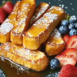 - 6 slices of thick bread (brioche or challah) - 2 large eggs - 1/2 cup milk (or non-dairy alternative) - 1 teaspoon vanilla extract - 1 teaspoon ground cinnamon - 2 tablespoons sugar (optional, adjust to taste) - Pinch of salt - Cooking spray or melted butter - Maple syrup or powdered sugar for serving When I make Air Fryer French Toast Sticks, I focus on using quality ingredients. Thick bread like brioche or challah gives the best texture. The bread soaks up the egg mixture well, creating a soft inside and crispy outside. For the egg mixture, I combine eggs and milk. You can use non-dairy milk if you prefer. The vanilla and cinnamon add warmth and flavor. A pinch of salt enhances the sweetness. If you have a sweet tooth, adjust the sugar to your taste. Cooking spray or melted butter helps the sticks crisp up in the air fryer. To serve, I love drizzling maple syrup or dusting with powdered sugar. These toppings make the dish extra special. Check out the Full Recipe for all the details on how to put this together. Trust me, you will enjoy this treat! Preheat your air fryer to 375°F (190°C). This step is key for crispiness. Let it warm up for about 5 minutes. Cut each slice of thick bread into three equal sticks. I suggest using brioche or challah for a rich flavor. Place the cut sticks aside on a plate. In a bowl, whisk together the eggs, milk, vanilla, cinnamon, sugar, and salt. Mix until smooth. This mixture gives the French toast its sweet, warm taste. Dip each bread stick into the egg mixture. Make sure to coat all sides. Let any extra egg mixture drip off before placing them aside. Spray the air fryer basket lightly with cooking spray. Arrange the bread sticks in a single layer. Avoid overcrowding to ensure they cook evenly. Air fry for 8-10 minutes. Flip them halfway through. They should turn golden brown and crispy. After cooking, let them cool for a minute before serving. Enjoy these sticks warm with maple syrup or powdered sugar. For more details, check the Full Recipe. To make the best French toast sticks, focus on the egg mixture. Dip each stick fully to ensure even coating. This helps them cook evenly and taste great. You want every bite to be rich and flavorful. Avoid overcrowding the air fryer basket. If you place too many sticks at once, they won’t cook well. Air needs to flow around each stick to make them crispy. Cook in batches if you need to. It’s worth the extra time for a perfect snack. Adjust the cook time based on the thickness of your bread. Thicker slices may need a few extra minutes. Keep an eye on them to avoid burning. The goal is a golden brown color with a nice crunch. You can also switch up the milk you use. Regular, almond, or oat milk can change the flavor. Each type brings a different taste, so feel free to experiment and find your favorite. If you want a lighter option, try reducing the sugar. You can also use whole grain or gluten-free bread. These choices add fiber and nutrients. This way, you enjoy a tasty snack while being mindful of health. For the full recipe, click here: [Full Recipe]. {{image_2}} You can boost the taste of your French toast sticks easily. Try adding chocolate chips or chopped nuts to the egg mixture. This adds a sweet crunch that kids love. You can also use flavored extracts like almond or maple. Just a splash adds a new twist to the classic taste. Toppings can make your snack even better! Fresh fruit like strawberries or blueberries adds color and nutrition. You can also get creative with dipping sauces. Yogurt is a healthy option, and chocolate sauce is always a hit. These fun toppings let everyone customize their snack. Make your French toast sticks fit any season! For fall, add pumpkin spice to the egg mixture for a cozy flavor. In winter, a drop of peppermint extract gives a festive touch. These seasonal twists keep things fresh and exciting, making your snack perfect all year round. For more ideas, check the Full Recipe. To store leftover French toast sticks, place them in an airtight container. Let them cool first to avoid steam buildup. Keep the container in the fridge for up to three days. When you're ready to eat, just reheat them in the air fryer for a few minutes. This keeps them crispy and warm. You can freeze French toast sticks for longer storage. To freeze, place the cooled sticks in a single layer on a baking sheet. Freeze for about an hour until firm, then transfer them to a zip-top bag. They can last up to two months in the freezer. To reheat, simply air fry them at 375°F (190°C) for 5-7 minutes until heated through. Use airtight containers to keep your French toast sticks fresh. Glass containers with tight lids work great. You can also use heavy-duty plastic bags. Make sure to remove as much air as possible before sealing. This helps prevent freezer burn and keeps them tasty! Yes, you can prepare these French toast sticks in advance. To do this, follow the steps in the Full Recipe, but stop before cooking. Once you dip the bread sticks, place them in a single layer on a baking sheet. Cover them tightly with plastic wrap and store them in the fridge. When you're ready to eat, just air fry them straight from the fridge. This keeps them fresh and tasty. If you want, you can also freeze them. Just make sure they cool first, then place them in an airtight container. To reheat, air fry them at 375°F for about 5-7 minutes. For the best texture, use thick bread like brioche or challah. These types soak up the egg mixture well, making them soft inside. Their nice crust also helps them get crispy in the air fryer. If you want something healthier, whole grain bread works too. Just make sure it’s thick enough to hold up during cooking. Yes, you can easily modify these ingredients. For a dairy-free option, use almond milk or oat milk instead of regular milk. If you need gluten-free bread, choose a gluten-free variety that you like best. You can also reduce the sugar or leave it out if you want a low-sugar snack. The recipe is flexible, so feel free to adjust it to fit your diet. To keep your French toast sticks crispy, avoid stacking them too closely. Store them in a single layer on a rack if you can. You can also place them in an oven set to low heat. This helps keep them warm and crispy. If you want to reheat them, use the air fryer again. This way, they will regain their crunch without getting soggy. You can easily make tasty air fryer French toast sticks. This recipe uses simple ingredients like bread, eggs, and milk. Flavor enhancers like vanilla and cinnamon add a nice touch. Follow the steps for preparation and cooking to achieve perfect sticks. Experiment with toppings and variations to suit your taste. Store any leftovers properly to keep them fresh. Enjoy this fun, quick snack or breakfast option anytime!