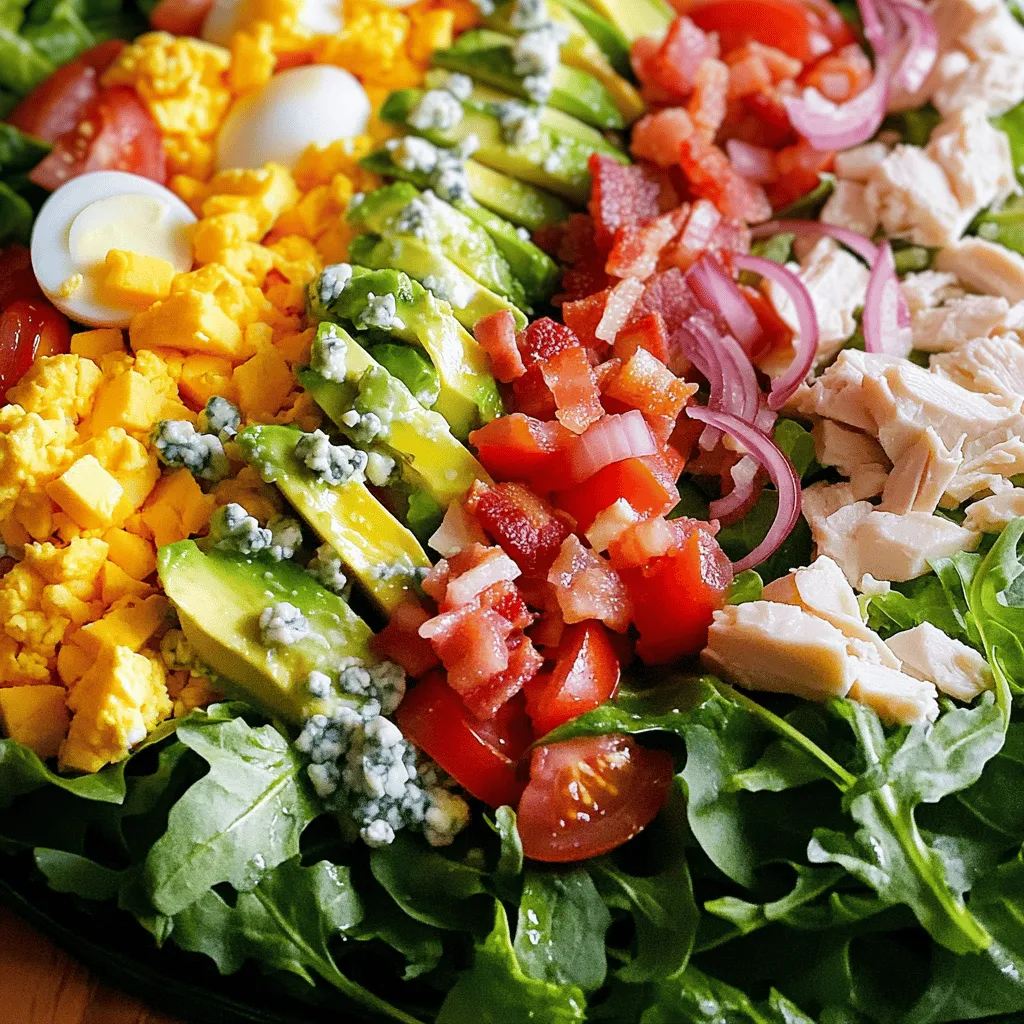 For a Classic Cobb Salad, you need the right mix of fresh and tasty ingredients. Here’s what you will need: - 4 cups mixed greens (romaine, arugula, and spinach) - 2 large eggs, hard-boiled and chopped - 1 cup cooked chicken breast, diced - 1 avocado, diced - 1 large tomato, diced - ½ cup blue cheese, crumbled - ½ cup cooked bacon, crumbled (or use turkey bacon for a healthier option) - ¼ cup red onion, thinly sliced - ½ cup ranch dressing (or your choice of dressing) These ingredients create a colorful dish that is both flavorful and nutritious. The greens provide a fresh base, while the chicken adds protein. The eggs and bacon bring richness to each bite. Avocado adds creaminess, and blue cheese gives a tangy kick. You can always switch up the dressing based on your taste. This salad is not just a meal; it’s a feast for the eyes and the palate. For a complete guide on how to make this delicious salad, check out the Full Recipe. 1. Hard-boiling the eggs: Start by placing the eggs in a pot. Cover them with water and bring it to a boil. Once boiling, reduce the heat and let them simmer for 10-12 minutes. After that, transfer the eggs to an ice bath. This cools them down quickly. Once cool, peel and chop them into pieces. 2. Cooking the chicken breast: If you don’t have pre-cooked chicken, you need to cook it. Season the chicken breast with salt and pepper. You can grill or pan-cook it until it is fully cooked. This should take about 6-7 minutes on each side. Let it rest for a few minutes before dicing it into bite-sized pieces. 3. Dicing and slicing components: Now, take the avocado and tomato. Dice them into small pieces. For the red onion, slice it thinly. This will help with the salad's texture and flavor. 1. Creating layers in the salad bowl: Grab a large mixing bowl. Start with 4 cups of mixed greens as your base. On top of the greens, create sections for each ingredient. Add the diced chicken, chopped eggs, diced avocado, diced tomato, crumbled blue cheese, crumbled bacon, and sliced red onion. This layering makes it look colorful and inviting. 2. Drizzling the dressing: Once your salad is layered, drizzle ½ cup of ranch dressing over the top. You can use your favorite dressing if you prefer. Season with salt and pepper to taste for extra flavor. - Tossing vs. serving as-is: You can choose to gently toss the salad just before serving. This mixes the flavors well. If you want to showcase the layers, serve it as-is. Both ways are delicious! For the full recipe, you can find all the details here: [Full Recipe]. Layering makes your salad pop. Use a clear bowl to show off the colors. Start with mixed greens as your base. Then add sections of each ingredient. This way, the salad looks beautiful and inviting. To keep chicken juicy, don’t overcook it. Grill or pan-cook for 6-7 minutes on each side. Let it rest before cutting. This helps the juices stay inside. For perfect hard-boiled eggs, follow these steps: 1. Place eggs in a pot and cover them with water. 2. Bring the water to a boil. 3. Reduce the heat and simmer for 10-12 minutes. 4. Transfer eggs to an ice bath to cool, then peel and chop. You can choose between homemade or store-bought dressings. Homemade dressings taste fresh and unique. Store-bought options are quick and easy. For variety, try different dressings like balsamic vinaigrette or a zesty lemon dressing. Each adds new flavors to your Cobb salad. Check out the Full Recipe for more details on making this classic dish! {{image_2}} You can easily make a vegetarian Cobb salad. Simply swap the chicken with chickpeas. Chickpeas bring a nice texture and protein boost. You can also add more vegetables like cucumbers or bell peppers. These will add crunch and color to your salad. To make the salad gluten-free, check your ingredient labels. Some dressings may contain gluten, so choose wisely. Look for dressings made from natural ingredients or make your own. A simple olive oil and lemon mix works great! If you're looking for different protein options, try using tofu or tempeh. Both are great at soaking up flavors and add a nice texture. For a seafood twist, consider shrimp or crab. They can add a delicious, fresh taste to your Cobb salad. You can find the full recipe here: [Full Recipe]. To keep your leftover Cobb salad fresh, use airtight containers. Glass or plastic containers work well. Seal them tightly to prevent air from getting in. Store the salad in the fridge for up to three days. After this time, the greens may wilt, and flavors can fade. You can prepare many salad components in advance. Chop the veggies, cook the chicken, and hard-boil the eggs a day before serving. Store each in separate containers. When it's time to eat, simply assemble the salad. This keeps the greens crisp and the flavors bright. If you have leftover cooked chicken, reheat it safely. Use a microwave or skillet on low heat. Make sure it warms through but does not overcook. To keep your salad fresh, avoid reheating the greens. Instead, serve the chicken warm on top of the cold salad. This contrast adds a nice touch! Yes, you can make Cobb salad in advance. To do this, prepare the ingredients separately. Keep the greens and dressing apart until serving. This way, the salad stays fresh and crisp. Layer the salad in a bowl for a nice look. If you want to pack it for lunch, use a jar. Start with the dressing, then add the greens, and layer the other ingredients on top. Just shake it up when you are ready to eat. Ranch dressing is the most popular choice for Cobb salad. It adds a creamy touch that blends well with the other ingredients. You can also try blue cheese dressing for a stronger flavor. If you prefer a lighter option, a vinaigrette works too. A simple mix of olive oil, vinegar, salt, and pepper can be great. Choose a dressing that you enjoy to make the salad your own. To make Cobb salad healthier, consider these swaps: - Use turkey bacon instead of regular bacon. - Substitute blue cheese with feta or omit it entirely. - Add more veggies like bell peppers or cucumbers for extra crunch. - Use grilled chicken breast instead of fried. These changes keep the taste while making it lighter. Enjoy the fresh flavors without the extra calories. For the complete recipe, check the [Full Recipe]. This blog post covered how to make a delicious Cobb salad. We looked at ingredients, preparation steps, and assembly. Tips for presentation and cooking ensure your salad looks great and tastes even better. Variations let you explore new flavors and cater to dietary needs. Lastly, we discussed storage and reheating for leftovers. With these ideas, you can create and enjoy a fresh Cobb salad any time.