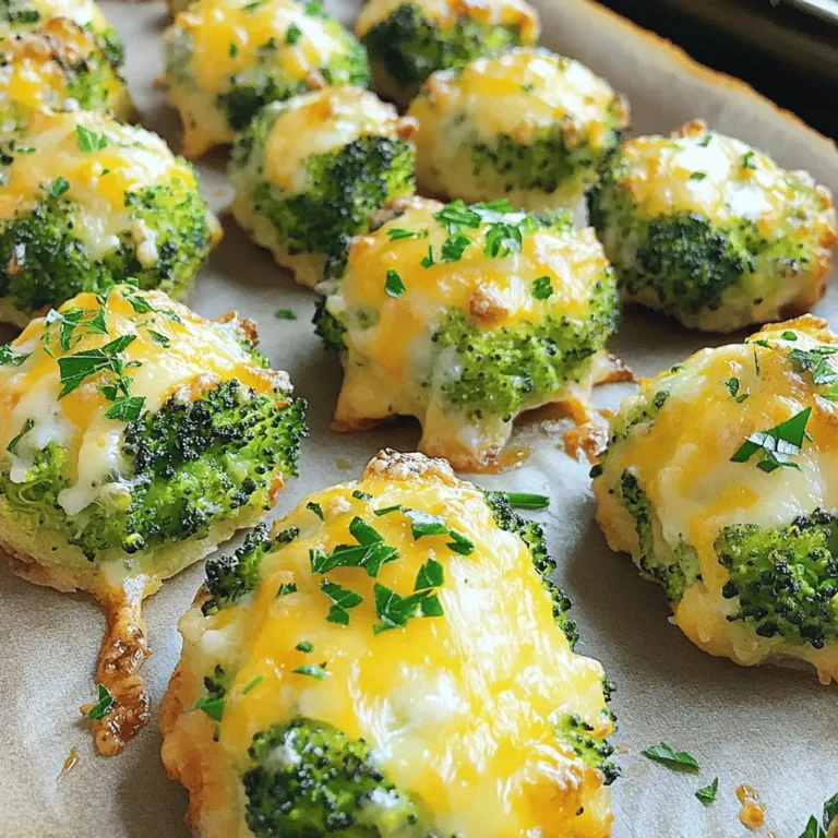 For this tasty snack, start with fresh broccoli florets. You need 2 cups. Fresh broccoli gives a bright flavor and crisp texture. Look for firm stems and dark green heads. This will make your bites pop with color and taste. Next, we add the cheese! You will need two types: 1 cup of shredded cheddar cheese and 1/4 cup of grated Parmesan cheese. Cheddar adds a rich, creamy base, while Parmesan gives a nice, salty kick. Together, they melt beautifully and make these bites so cheesy. Now, let’s spice things up! Gather these ingredients: - 1/2 cup cream cheese, softened - 1/2 cup breadcrumbs - 1 teaspoon garlic powder - 1 teaspoon onion powder - 1/2 teaspoon black pepper - Salt to taste - 2 tablespoons olive oil - Fresh parsley, chopped (for garnish) The cream cheese makes the mixture smooth. Breadcrumbs add crunch. Garlic and onion powders bring flavor. Olive oil helps everything roast well. Don’t forget to sprinkle salt to make all the flavors shine. For a nice touch, add fresh parsley at the end. For the full recipe, check out the earlier section. First, set your oven to 400°F (200°C). This hot heat will help our bites crisp up nicely. Next, grab a baking sheet and line it with parchment paper. This keeps the bites from sticking and makes for easy cleanup. In a big bowl, add 2 cups of fresh broccoli florets. Drizzle in 2 tablespoons of olive oil. Then, sprinkle in 1 teaspoon each of garlic powder and onion powder, plus 1/2 teaspoon of black pepper and salt to taste. Toss the broccoli well so it gets coated in tasty oil and spices. Spread the coated broccoli on your lined baking sheet in a single layer. Roast it in the oven for about 15 minutes. You want the broccoli to be tender and a bit crispy. While the broccoli roasts, let’s make the cheesy mix. In another bowl, combine 1 cup of shredded cheddar cheese, 1/2 cup of softened cream cheese, and 1/4 cup of grated Parmesan cheese. Add 1/2 cup of breadcrumbs to this mix. Stir it all together until it’s well combined. After the broccoli has roasted for 15 minutes, take it out and let it cool for a few minutes. Once cool, chop the broccoli into smaller, bite-sized pieces. Add these pieces to the cheesy mixture and fold everything together until combined. Now, form small bite-sized balls from the mixture with your hands or a spoon. Place them back on the baking sheet. Return the baking sheet to the oven and bake for another 10 to 12 minutes. You want them golden and bubbly. When ready, remove them from the oven and let them cool for a couple of minutes. Garnish with fresh chopped parsley before serving. For the full recipe, refer to the earlier sections. Enjoy your cheesy roasted broccoli bites! To make your cheesy roasted broccoli bites even more tasty, try adding herbs. Fresh thyme or basil can add a nice touch. You can also mix in some red pepper flakes for heat. If you want a smokier flavor, sprinkle in some smoked paprika. Experiment with different seasonings to find your favorite combo! The key to great bites is the right mix of ingredients. Make sure your cream cheese is soft. This helps it blend well with the other cheeses. When you chop the broccoli, keep the pieces small. This ensures they mix evenly in the cheesy mixture. Don't skip the breadcrumbs! They add a nice crunch. These bites shine as a snack or appetizer. Serve them warm for the best taste. Pair them with a creamy dip like ranch or a spicy sriracha mayo. For a fun twist, try them with a sweet chili sauce. You can also add a side salad to make it a full meal. For the full recipe, you can refer back to the main section. {{image_2}} You can mix and match cheeses for tasty bites. Try mozzarella for a gooey texture. Feta adds a tangy kick. Gouda gives a smoky flavor. Experiment with your favorites to find the best blend. You can boost nutrition by adding more veggies. Chopped carrots or bell peppers add crunch and color. Spinach brings freshness and extra vitamins. Just make sure to chop them small so they mix well with the broccoli. If you need gluten-free bites, use gluten-free breadcrumbs. You can also crush rice crackers or oats as a substitute. These options work great and keep the texture nice. Just make sure to check labels for any hidden gluten. For the complete recipe, check the [Full Recipe]. To keep your cheesy roasted broccoli bites fresh, store them in an airtight container. This helps lock in moisture and flavor. I recommend placing a paper towel inside the container. It absorbs extra moisture and keeps the bites crisp. You can store them in the fridge for up to three days. If they sit longer, they may lose their taste and texture. Freezing is a great option if you want to save some bites for later. First, let the bites cool completely. Then, place them on a baking sheet in a single layer. Freeze them for about one hour. This will stop them from sticking together. Once they are firm, transfer them to a freezer-safe bag. They can last for up to three months in the freezer. When you are ready to eat them, just thaw and reheat. To enjoy the best flavor, reheat your cheesy bites in the oven. Preheat your oven to 350°F (175°C). Place the bites on a baking sheet and cover them with foil. This helps keep them moist. Heat for about 10-15 minutes. If you want a crispier texture, remove the foil for the last 5 minutes. You can also use a microwave, but the bites may lose some crunch. For a quick snack, the oven is the best choice! Yes, you can use frozen broccoli. Just thaw it first. Drain the water well. This step helps keep the bites from getting soggy. Remember, frozen broccoli cooks faster. So, check for doneness sooner than fresh broccoli. Add some crushed red pepper flakes or cayenne pepper. Mix them into the cheesy mixture. You can also use spicy cheese, like pepper jack. This will give your bites a nice kick. Adjust the amount to suit your taste. I love serving these bites with ranch dressing. It adds a creamy touch. You can also try a spicy sriracha mayo for a bold flavor. Another great option is a tangy yogurt dip. These dips enhance the taste of the bites. For the full recipe, check back to make these tasty snacks! Cheesy roasted broccoli bites are simple and tasty. You learned about key ingredients, like fresh broccoli and cheese. The step-by-step guide helps you roast and mix flavors for a great dish. I shared tips for flavor enhancement and offered fun variations to try. Proper storage keeps your bites fresh, and FAQs cover common questions. Now, it’s time to enjoy this easy recipe. You can impress guests or surprise your family with these bites. Happy cooking!