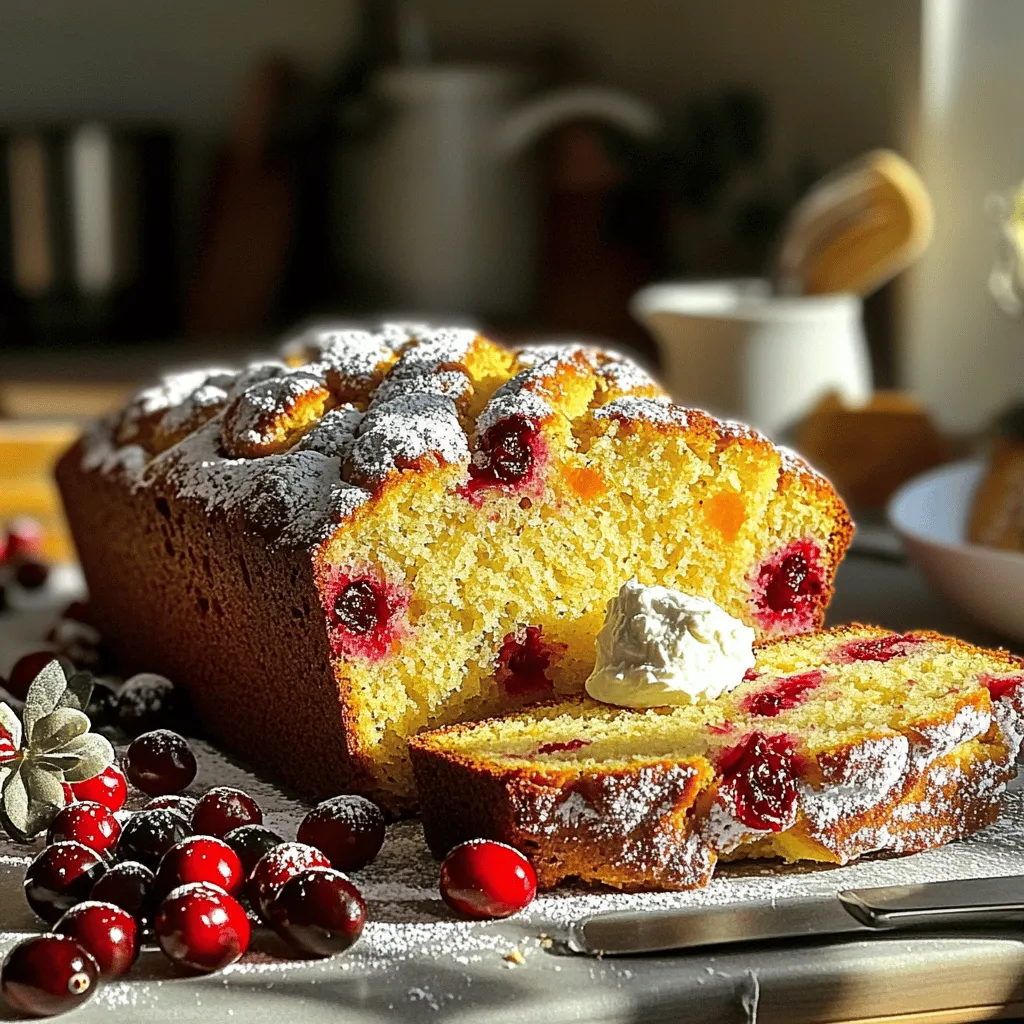 To make this tasty cranberry orange bread, you need these key items: - 2 cups all-purpose flour - 1 teaspoon baking soda - 1 teaspoon baking powder - 1/2 teaspoon salt - 1/2 cup granulated sugar - 1/8 cup brown sugar, packed - 1 large egg - 1 cup orange juice (freshly squeezed is best) - 1/4 cup vegetable oil - Zest of 1 orange - 1 cup fresh cranberries, chopped (or dried cranberries if fresh aren't available) - 1/2 cup chopped walnuts or pecans (optional) - 1 teaspoon vanilla extract These ingredients create a moist and flavorful bread. The fresh cranberries add a tartness that works well with the sweet orange. If you want to mix things up, consider these options: - Use whole wheat flour instead of all-purpose for a healthier choice. - Swap the vegetable oil for melted coconut oil for a different flavor. - Replace walnuts or pecans with other nuts like almonds or hazelnuts. These changes can help you find a version that fits your taste. Understanding the nutrition in your ingredients is important: - All-purpose flour provides carbs and some protein. - Cranberries are high in vitamin C and antioxidants. - Orange juice adds vitamin C and natural sweetness. - Nuts offer healthy fats, protein, and fiber. This bread can be a tasty treat while still giving your body some nutrients. For the full recipe, check out the complete instructions. First, gather all your ingredients. You need: - 2 cups all-purpose flour - 1 teaspoon baking soda - 1 teaspoon baking powder - 1/2 teaspoon salt - 1/2 cup granulated sugar - 1/8 cup brown sugar, packed - 1 large egg - 1 cup orange juice (freshly squeezed is best) - 1/4 cup vegetable oil - Zest of 1 orange - 1 cup fresh cranberries, chopped - 1/2 cup chopped walnuts or pecans (optional) - 1 teaspoon vanilla extract Start by preheating your oven to 350°F (175°C). Grease a 9x5-inch loaf pan. This will help your bread slide out easily later. In a medium bowl, whisk together the flour, baking soda, baking powder, and salt. Mix until everything blends well. Set this bowl aside. In a large mixing bowl, combine the granulated sugar, brown sugar, and orange zest. Mix this well to release the oils from the zest. Next, add the egg and whisk it until smooth. Pour in the orange juice and vegetable oil. Stir until all is mixed together. Now, gradually add the dry ingredients to the wet mixture. It's important to fold gently. You want to keep your bread light and fluffy. Finally, gently fold in the chopped cranberries and walnuts or pecans if you want some crunch. Pour the batter into the prepared loaf pan. Smooth the top with a spatula. Bake in your preheated oven for 50-60 minutes. Check if it's done by inserting a toothpick into the center. If it comes out clean, your bread is ready. Once done, take the bread out of the oven. Let it cool in the pan for about 10 minutes. Then, transfer it to a wire rack to cool completely. For serving, slice the bread warm or at room temperature. Dust it with powdered sugar for a sweet touch. A bit of cream cheese spread pairs well for extra flavor. Enjoy your delicious cranberry orange bread! When baking, pay close attention to your measurements. Too much flour can make the bread dense. Use the spoon-and-level method for the flour. Also, don’t rush the mixing process. Overmixing can lead to tough bread. Always fold gently when adding the dry ingredients. Lastly, check your oven temperature. An oven that is too hot can burn the outside while leaving the inside raw. To get that fluffy texture, use room temperature ingredients. This helps them blend better. Freshly squeezed orange juice adds moisture and flavor. The zest is key for that bright taste. If you want a slightly denser bread, try adding a bit more chopped cranberries. They add weight and texture. Always ensure you don’t overbake. A toothpick should come out clean but not dry. Presentation makes a dish special. For this bread, dust with powdered sugar. It adds a nice touch. You can also garnish with extra orange zest. This brings color and brightness. Serve warm with cream cheese spread for an extra treat. Slice the bread neatly and arrange on a platter. It looks great and tastes even better. For the full recipe, check the details above! {{image_2}} You can make a gluten-free version of this bread easily. Use a 1:1 gluten-free flour blend. This blend often contains xanthan gum, which helps mimic the texture of regular flour. Follow the same steps in the main recipe. Check your bread after 45 minutes of baking. It may bake faster without gluten. To make this bread vegan, swap the egg for a flax egg. Simply mix one tablespoon of ground flaxseed with three tablespoons of water. Let it sit for five minutes to thicken. Replace the vegetable oil with melted coconut oil or applesauce. These changes keep the bread moist and flavorful. You can play with flavors in this recipe. Add spices like cinnamon or nutmeg for warmth. Incorporating orange extract can boost the citrus taste. If you enjoy nuts, try adding almonds or hazelnuts. Dried fruits such as apricots or figs can also add sweetness. Experiment and find your favorite mix! For the complete recipe, check out the Full Recipe section. To keep your cranberry orange bread fresh, wrap it tightly in plastic wrap. This helps seal in moisture and flavor. You can also place it in an airtight container. Store the bread at room temperature for up to three days. If you live in a warm area, refrigerate it to prevent mold. If you have extra bread, freezing is a great option. Slice the bread before freezing. Wrap each slice in plastic wrap, then place them in a freezer bag. This keeps individual slices ready for later use. You can freeze the bread for up to three months without losing taste. To enjoy your bread warm, preheat your oven to 350°F (175°C). Place the slices on a baking sheet. Heat them for about 10 minutes or until warm. You can also microwave a slice for about 15-20 seconds for a quick fix. Enjoy your freshly warmed bread with butter or cream cheese for a tasty treat! Yes, you can use dried cranberries. They work well in this recipe. Dried cranberries add sweetness and chewiness. However, fresh cranberries give a tart flavor that balances the sweetness. If you use dried, reduce the sugar slightly. This change can help keep the bread from being too sweet. To check if the bread is done, insert a toothpick into the center. If it comes out clean, the bread is ready. You can also lightly press the top. If it springs back, it’s done. Bake the bread for about 50 to 60 minutes. Every oven is different, so keep an eye on it. Absolutely! You can add nuts like walnuts or pecans for crunch. You can also try adding fruits like blueberries or raspberries. Just keep in mind that different fruits may change the bread's moisture. If you add too much, it might be too wet. Keep a balance for the best result. Cranberry orange bread has roots in North America. The tart cranberry is native to the region. Early settlers used cranberries in many dishes. They often paired them with orange for a bright flavor. This bread became popular during the fall and winter months. It captures the spirit of the season in its taste and aroma. For a full recipe, check out the Cranberry Orange Bliss Bread. This blog post shared the key ingredients and steps to make delicious cranberry orange bread. We explored options for dietary needs, tips for perfecting texture, and ways to make it shine. Remember, storing leftovers properly is crucial for keeping your bread fresh. My final thoughts: have fun experimenting with flavors or variations. Whether for a special occasion or a simple treat, this bread will surely impress. Enjoy baking and sharing this delightful recipe!
