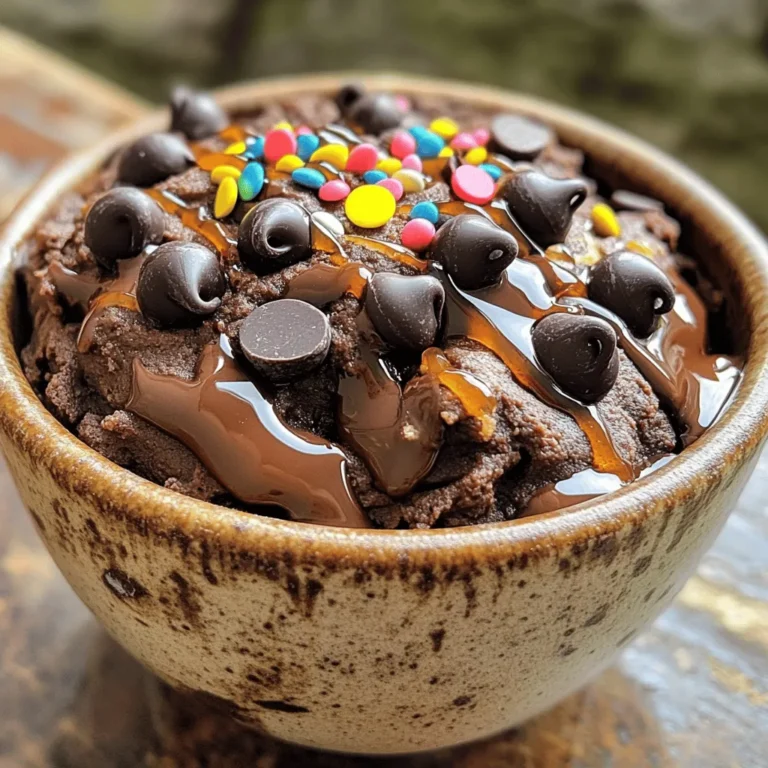- 1 cup almond flour - ½ cup cocoa powder - ½ cup maple syrup - ⅓ cup almond butter (or peanut butter) - 1 teaspoon vanilla extract - ½ teaspoon baking soda - ¼ teaspoon salt - ½ cup dark chocolate chips - Optional: 2 tablespoons chocolate sprinkles for garnish To make edible brownie batter, you need a few simple ingredients. First, almond flour gives the batter its base. It adds a nice texture and is gluten-free. Next, cocoa powder gives that rich chocolate flavor. Maple syrup acts as a sweetener and also adds moisture. Almond butter or peanut butter provides creaminess and a nutty taste. A touch of vanilla extract enhances the flavor, making it more delicious. Baking soda helps the batter stay light, while salt balances the sweetness. Dark chocolate chips add little bursts of chocolate. If you want, sprinkle some chocolate sprinkles on top for a fun look. These ingredients come together quickly, making a delightful treat. The full recipe is easy to follow, ensuring you can whip this up in no time! Start by mixing the almond flour and cocoa powder in a large bowl. Use a whisk to ensure even blending. This step is key, as it makes sure your brownie batter has a rich, chocolatey taste throughout. In a separate bowl, combine the maple syrup, almond butter, vanilla extract, baking soda, and salt. Whisk these ingredients together until they create a smooth mixture. This wet blend adds sweetness and richness to your batter. Now, pour your wet mixture into the dry ingredients. Stir them together until a thick dough forms. You want it to be well mixed, but don’t overdo it. This dough is the heart of your edible brownie batter. Next, fold in the dark chocolate chips. They will melt slightly and add extra flavor. If you want a sweeter treat, taste the batter and adjust sweetness by adding more maple syrup if needed. Finally, transfer the batter to a serving dish or individual bowls. For a fun touch, you can add chocolate sprinkles on top. Enjoy your delicious treat, or store it in the fridge for up to three days. If you want to change the almond flour, try oat flour. Oat flour has a mild taste and works well. You can also use all-purpose flour if you prefer. It gives a different texture but still tastes great. For nut butters, almond butter is a favorite. However, peanut butter can also work. It has a strong flavor and adds creaminess. Sunflower seed butter is another good choice for nut-free options. Each butter gives a unique taste, so feel free to experiment. Maple syrup is the main sweetener in this recipe. If you want it sweeter, add more maple syrup. You can also try honey or agave syrup for a different flavor. These natural sweeteners add a nice touch. If you want fewer calories, consider using stevia or monk fruit. Both options are sweet but have no sugar. Adjust to your taste, as they can be much sweeter than maple syrup. Pair your edible brownie batter with fresh fruits like strawberries or bananas. The fruits add freshness and balance the sweetness. You can also top it with whipped cream for a fun twist. Try serving it in small cups or bowls for a party. Add colorful sprinkles or nuts on top for extra flair. You can also create a brownie batter parfait by layering it with yogurt or granola. Each bite will be a delightful mix of flavors and textures. For the full recipe, check out the details earlier in the article. {{image_2}} You can make your edible brownie batter even better by adding new flavors. Try using different extracts like mint or almond. Just a few drops can change everything! You can also mix in nuts or dried fruit. Walnuts, pecans, or dried cherries add a nice crunch and taste. If you need a gluten-free option, use almond flour. It works great and keeps the batter soft. You can also make this recipe vegan. Replace almond butter with a nut-free alternative like sunflower seed butter. This way, everyone can enjoy the treat without worry. Get creative with seasonal flavors! For holidays, try adding peppermint extract for a festive touch. In fall, mix in pumpkin spice for a cozy feel. You can even make your batter match the season by using colors. Think bright sprinkles for summer or rich colors for winter. Each batch can be a fun theme! For more delicious ideas, check out the Full Recipe. To keep your edible brownie batter fresh, store it in the refrigerator. This way, it stays cool and safe to eat. Use an airtight container to prevent air from drying it out. A good seal locks in moisture and flavor, making each bite delightful. For the best taste, enjoy your brownie batter within three days. After this time, it may lose its fresh flavor. Look for signs of spoilage, like changes in color or smell. If it develops an off odor, it's best to discard it. Always trust your senses when it comes to food safety. Edible brownie batter is a sweet, no-bake treat. It is safe to eat and does not contain raw eggs or flour. Unlike traditional brownie batter, which needs baking, this version is ready to enjoy right away. The key is using safe ingredients that let you indulge without worry. Yes, it is safe to eat brownie batter made with edible ingredients. This batter uses almond flour instead of regular flour and has no raw eggs. By choosing these ingredients, you avoid health risks often linked with raw dough. You can enjoy the rich flavor without any concern. You can freeze edible brownie batter! To do this, scoop it into an airtight container. Make sure to leave some space for expansion. When you want to eat it, thaw it in the fridge overnight. This helps maintain its creamy texture. If it seems too thick after thawing, just stir in a little maple syrup or nut butter. You can easily customize your edible brownie batter! Try adding a splash of mint extract for a fresh twist. You can also mix in nuts, dried fruit, or even sprinkles. Feel free to swap almond flour for coconut or oat flour if you want. The possibilities for flavors and mix-ins are endless! Check the Full Recipe for more ideas. In this post, we covered how to make a safe and tasty edible brownie batter. We shared detailed steps, ingredient lists, and creative ways to customize your batter. You learned about storage tips and even answered common questions. With all this, you can enjoy a delicious treat that’s safe to eat. Don’t hesitate to try your own twist on the recipe. The possibilities are endless, and I hope you have fun making this treat your own!