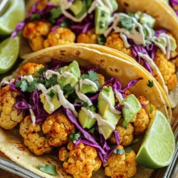 - 1 medium head of cauliflower, cut into florets - 2 tablespoons olive oil - 1 teaspoon chili powder - 1 teaspoon cumin - ½ teaspoon smoked paprika - Salt and pepper to taste - 8 small corn tortillas - 1 cup shredded red cabbage - ½ cup diced avocado - ½ cup fresh cilantro, chopped - ½ cup lime crema (blend ½ cup sour cream with the juice of 1 lime) - Lime wedges, for serving This dish shines with fresh, vibrant ingredients. Cauliflower serves as the star. The spices add depth and warmth. Olive oil helps achieve that perfect roast. Each topping enhances the flavor. Each serving has about 250 calories. You get 5 grams of protein, 20 grams of carbs, and 15 grams of fat. It’s a well-rounded meal fit for everyone. You need a baking sheet for roasting. A mixing bowl helps toss the cauliflower with spices. A small bowl is needed for the lime crema. Having these tools makes cooking easier. For a complete guide, check out the Full Recipe. - Preheat the oven to 425°F (220°C). - Toss cauliflower florets with 2 tablespoons of olive oil, 1 teaspoon chili powder, 1 teaspoon cumin, ½ teaspoon smoked paprika, salt, and pepper. Make sure each floret is well coated. - Layout the seasoned cauliflower on a baking sheet in a single layer. - Roast for about 25 minutes. Stir the cauliflower halfway through to ensure even cooking. Look for a golden brown color and tender texture. - Prepare the lime crema by mixing ½ cup sour cream with the juice of 1 lime in a small bowl. Mix until smooth. - Warm 8 small corn tortillas by wrapping them in foil and placing them in the oven for the last 5 minutes of roasting. - Layer the roasted cauliflower, 1 cup shredded red cabbage, ½ cup diced avocado, and ½ cup chopped cilantro on each tortilla. - Drizzle with lime crema and serve with lime wedges on the side for extra zing. For the full recipe, check the detailed instructions provided. - To ensure even roasting, spread the cauliflower in a single layer. This helps it get crispy. - Adjust spices based on your taste. If you love heat, add more chili powder. - These tacos pair well with sides like rice or beans. They add heartiness to your meal. - Feel free to add toppings like salsa or cheese. They bring extra flavor and fun. - Garnish your tacos with extra cilantro. It adds a fresh touch and looks great. - Serve them on decorative plates. This makes your meal special and inviting. For the full recipe, check out the steps above! {{image_2}} You can add grilled chicken or beans to your tacos. Grilled chicken gives you a tasty, meaty bite. Beans, like black or pinto, add protein and fiber. Both options make the meal heartier. If you prefer, mix both for even more flavor. They pair well with the roasted cauliflower. If you want a vegan option, swap the lime crema for avocado sauce. Just mash ripe avocados with lime juice and salt. This mix is creamy and rich. It complements the roasted cauliflower perfectly. You can also add garlic for extra flavor. Try different types of tortillas for a new twist. Corn tortillas are classic, but flour tortillas work too. You might even explore spinach or whole wheat tortillas. Each type adds its unique taste and texture. Experimenting keeps your tacos fresh and exciting. To keep your leftover tacos fresh, wrap them tightly in plastic wrap. You can also use an airtight container. Store them in the fridge for up to three days. This keeps the tortillas from getting soggy. If you want to keep the roasted cauliflower crispy, store it separately. Just reheat the cauliflower before serving. You can freeze the roasted cauliflower for later use. Allow it to cool completely first. Place it in a freezer-safe bag or container. Make sure to squeeze out any air to prevent freezer burn. It can last up to three months in the freezer. When you’re ready to use it, just thaw it in the fridge overnight. To reheat the tacos, use an oven or a skillet. If using an oven, preheat it to 350°F (175°C). Place the tacos on a baking sheet for about 10 minutes. For a skillet, heat it over medium heat. Add a few drops of oil and warm the tacos for about 3-5 minutes. This keeps the tortillas soft and the filling warm. Enjoy your delicious Roasted Cauliflower Tacos again! Yes, you can use frozen cauliflower. Just make sure to thaw it first. Pat the thawed cauliflower dry to remove excess moisture. This helps the cauliflower roast well and become crispy. Frozen cauliflower may cook faster, so keep an eye on it. Adjust the roasting time if needed to get that nice golden color. To add heat, sprinkle chili flakes or cayenne pepper on the cauliflower. You can also use spicy salsa or hot sauce as toppings. Consider adding jalapeños or slicing fresh chilies for extra kick. Experiment with different spices to find your perfect heat level. Just remember, you can always add more, but it's hard to take away! Yes, roasted cauliflower tacos can be gluten-free. Use corn tortillas, as they do not contain gluten. Always check the package to ensure they are labeled gluten-free. Most of the other ingredients, like cauliflower and spices, are naturally gluten-free too. Enjoy these tasty tacos without worry! Roasted cauliflower tacos are a tasty way to enjoy healthy eating. This recipe features simple ingredients like cauliflower, spices, and tortillas. You learned how to prepare, roast, and assemble these delicious tacos. I shared tips for serving and storing leftovers. Feel free to make this dish your own with different proteins or toppings. Enjoy every bite of your tacos, knowing they're packed with flavor and nutrition. Get started and impress your friends and family with these easy-to-make tacos!