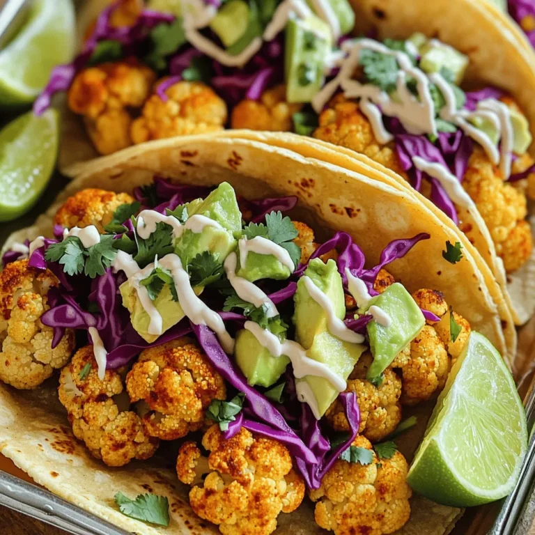 - 1 medium head of cauliflower, cut into florets - 2 tablespoons olive oil - 1 teaspoon chili powder - 1 teaspoon cumin - ½ teaspoon smoked paprika - Salt and pepper to taste - 8 small corn tortillas - 1 cup shredded red cabbage - ½ cup diced avocado - ½ cup fresh cilantro, chopped - ½ cup lime crema (blend ½ cup sour cream with the juice of 1 lime) - Lime wedges, for serving This dish shines with fresh, vibrant ingredients. Cauliflower serves as the star. The spices add depth and warmth. Olive oil helps achieve that perfect roast. Each topping enhances the flavor. Each serving has about 250 calories. You get 5 grams of protein, 20 grams of carbs, and 15 grams of fat. It’s a well-rounded meal fit for everyone. You need a baking sheet for roasting. A mixing bowl helps toss the cauliflower with spices. A small bowl is needed for the lime crema. Having these tools makes cooking easier. For a complete guide, check out the Full Recipe. - Preheat the oven to 425°F (220°C). - Toss cauliflower florets with 2 tablespoons of olive oil, 1 teaspoon chili powder, 1 teaspoon cumin, ½ teaspoon smoked paprika, salt, and pepper. Make sure each floret is well coated. - Layout the seasoned cauliflower on a baking sheet in a single layer. - Roast for about 25 minutes. Stir the cauliflower halfway through to ensure even cooking. Look for a golden brown color and tender texture. - Prepare the lime crema by mixing ½ cup sour cream with the juice of 1 lime in a small bowl. Mix until smooth. - Warm 8 small corn tortillas by wrapping them in foil and placing them in the oven for the last 5 minutes of roasting. - Layer the roasted cauliflower, 1 cup shredded red cabbage, ½ cup diced avocado, and ½ cup chopped cilantro on each tortilla. - Drizzle with lime crema and serve with lime wedges on the side for extra zing. For the full recipe, check the detailed instructions provided. - To ensure even roasting, spread the cauliflower in a single layer. This helps it get crispy. - Adjust spices based on your taste. If you love heat, add more chili powder. - These tacos pair well with sides like rice or beans. They add heartiness to your meal. - Feel free to add toppings like salsa or cheese. They bring extra flavor and fun. - Garnish your tacos with extra cilantro. It adds a fresh touch and looks great. - Serve them on decorative plates. This makes your meal special and inviting. For the full recipe, check out the steps above! {{image_2}} You can add grilled chicken or beans to your tacos. Grilled chicken gives you a tasty, meaty bite. Beans, like black or pinto, add protein and fiber. Both options make the meal heartier. If you prefer, mix both for even more flavor. They pair well with the roasted cauliflower. If you want a vegan option, swap the lime crema for avocado sauce. Just mash ripe avocados with lime juice and salt. This mix is creamy and rich. It complements the roasted cauliflower perfectly. You can also add garlic for extra flavor. Try different types of tortillas for a new twist. Corn tortillas are classic, but flour tortillas work too. You might even explore spinach or whole wheat tortillas. Each type adds its unique taste and texture. Experimenting keeps your tacos fresh and exciting. To keep your leftover tacos fresh, wrap them tightly in plastic wrap. You can also use an airtight container. Store them in the fridge for up to three days. This keeps the tortillas from getting soggy. If you want to keep the roasted cauliflower crispy, store it separately. Just reheat the cauliflower before serving. You can freeze the roasted cauliflower for later use. Allow it to cool completely first. Place it in a freezer-safe bag or container. Make sure to squeeze out any air to prevent freezer burn. It can last up to three months in the freezer. When you’re ready to use it, just thaw it in the fridge overnight. To reheat the tacos, use an oven or a skillet. If using an oven, preheat it to 350°F (175°C). Place the tacos on a baking sheet for about 10 minutes. For a skillet, heat it over medium heat. Add a few drops of oil and warm the tacos for about 3-5 minutes. This keeps the tortillas soft and the filling warm. Enjoy your delicious Roasted Cauliflower Tacos again! Yes, you can use frozen cauliflower. Just make sure to thaw it first. Pat the thawed cauliflower dry to remove excess moisture. This helps the cauliflower roast well and become crispy. Frozen cauliflower may cook faster, so keep an eye on it. Adjust the roasting time if needed to get that nice golden color. To add heat, sprinkle chili flakes or cayenne pepper on the cauliflower. You can also use spicy salsa or hot sauce as toppings. Consider adding jalapeños or slicing fresh chilies for extra kick. Experiment with different spices to find your perfect heat level. Just remember, you can always add more, but it's hard to take away! Yes, roasted cauliflower tacos can be gluten-free. Use corn tortillas, as they do not contain gluten. Always check the package to ensure they are labeled gluten-free. Most of the other ingredients, like cauliflower and spices, are naturally gluten-free too. Enjoy these tasty tacos without worry! Roasted cauliflower tacos are a tasty way to enjoy healthy eating. This recipe features simple ingredients like cauliflower, spices, and tortillas. You learned how to prepare, roast, and assemble these delicious tacos. I shared tips for serving and storing leftovers. Feel free to make this dish your own with different proteins or toppings. Enjoy every bite of your tacos, knowing they're packed with flavor and nutrition. Get started and impress your friends and family with these easy-to-make tacos!