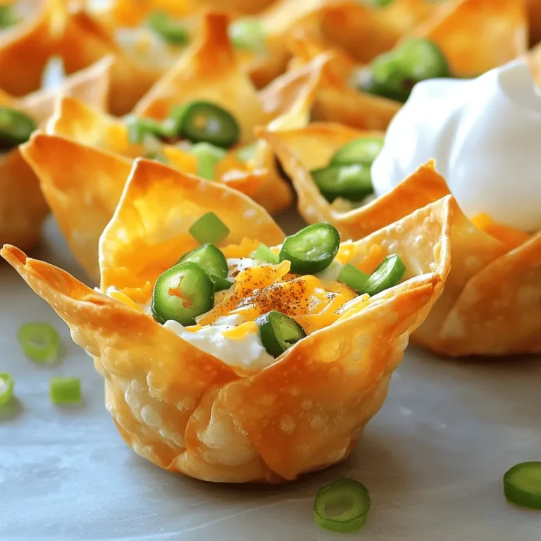 To make these spicy jalapeno popper wonton cups, you need simple and tasty ingredients. Here is the list: - 24 wonton wrappers - 1 cup cream cheese, softened - 1/2 cup shredded cheddar cheese - 1/4 cup diced jalapeños (fresh or pickled) - 1/4 cup green onions, sliced - 1 teaspoon garlic powder - 1/2 teaspoon smoked paprika - Salt and pepper to taste - Cooking spray or olive oil (for greasing) Each ingredient plays a key role in creating a burst of flavor. The cream cheese brings a rich, creamy texture. The cheddar adds a sharp flavor, while the jalapeños deliver heat. Green onions provide freshness, and spices tie everything together. You will need a few tools to make these wonton cups. Here’s what you need: - Muffin tin - Mixing bowl - Spoon or spatula - Cooking spray or brush The muffin tin shapes the wontons. A mixing bowl is perfect for blending the creamy filling. A spoon helps you fill the cups without a mess. Garnishes add a nice touch to your dish. Here are some ideas: - Sour cream for dipping - Extra sliced jalapeños on top - Fresh cilantro for a pop of color These optional garnishes enhance flavor and make your wonton cups look beautiful. They add freshness and creaminess that balance the heat. For the full recipe, check the detailed instructions. Start by preheating your oven to 375°F (190°C). This step warms the oven for crispy cups. While the oven heats, grab a muffin tin. Lightly spray each cup with cooking spray or brush them with olive oil. This helps the wonton wrappers not stick. In a mixing bowl, combine the softened cream cheese, shredded cheddar cheese, diced jalapeños, and green onions. Add garlic powder, smoked paprika, salt, and pepper. Mix everything until smooth. The cream cheese mixture is key to the flavor. It gives a rich and creamy bite with each cup. Carefully press one wonton wrapper into each muffin cup. Make sure it covers the sides to form a cup shape. Then, spoon the cream cheese mixture into each cup. Fill them generously to the top. Bake your filled wonton cups in the preheated oven for about 12-15 minutes. Look for golden brown and crispy edges. Once done, remove them from the oven and let them cool for a few minutes. Enjoy these tasty bites warm. They are perfect for any gathering. For the full recipe, check out the previous section. To get that ideal crunch, remember to preheat your oven to 375°F (190°C). Lightly spray your muffin tin with cooking spray or brush it with olive oil. This step helps the wonton wrappers crisp up nicely. When you press the wonton wrappers into the muffin cups, ensure they cover the sides well. This forms a sturdy base for your filling. Bake them for 12-15 minutes or until golden brown. Keep an eye on them, as ovens can vary. Once they cool for a bit, they will be even crispier! If you love heat, you can add more jalapeños to your mix. Try using fresh jalapeños for a sharper taste. For those who prefer less spice, reduce the amount of jalapeños or use milder peppers, like bell peppers. You can also adjust the garlic powder; less gives you more subtle flavor. Always taste your filling before baking. This lets you find the right balance for your palate. Presentation matters, even for casual snacks! When serving, place the wonton cups on a colorful platter. This makes them pop! You can garnish with sliced green onions or a drizzle of sour cream. If you want a fancy touch, sprinkle some smoked paprika on top. This adds color and hints at the flavors inside. Arrange them neatly to invite your guests to grab one. For a fun twist, serve with extra jalapeños on the side for those who crave more heat. Enjoy these tips while making the full recipe! {{image_2}} You can easily make spicy jalapeno popper wonton cups vegetarian. Swap the cream cheese with a plant-based option. Use a vegan cheese blend for a creamy texture. Add roasted red peppers for extra flavor. These small changes keep the dish tasty and fresh. Experimenting with cheese opens many doors. Try pepper jack cheese for a spicy kick. Mozzarella gives a mild, creamy taste that melts beautifully. You can mix in crumbled feta for a tangy twist. Each cheese option brings a unique flavor to your wonton cups. Toppings can transform your jalapeno popper wonton cups. Add fresh cilantro for a burst of color and taste. Chopped tomatoes bring freshness and a nice crunch. Drizzling with hot sauce can enhance the heat. Try adding crispy bacon bits for a savory touch. Be bold and mix different toppings to find your favorite! After enjoying your spicy jalapeno popper wonton cups, store any leftovers right away. Place them in an airtight container. Make sure to let them cool first. This helps keep them fresh. Store in the fridge for up to three days. Keep in mind that the wonton cups may lose some crispness over time. To bring back the crunch, reheat the wonton cups in the oven. Preheat your oven to 350°F (175°C). Place the cups on a baking sheet lined with parchment. Bake for about 10 minutes. Check to make sure they are warm and crispy. You can also use a microwave, but this may make them soft. Freezing is a great way to save these tasty bites for later. First, let the cups cool completely. Then, place them in a single layer on a baking sheet. Freeze until solid, about one hour. After that, transfer them to a freezer bag. Label the bag with the date. They will stay fresh for up to three months. When you're ready to eat, thaw in the fridge overnight before reheating. For best results, do not freeze the cream cheese filling separately. For the full recipe, check the details above. The main flavors in Spicy Jalapeno Popper Wonton Cups come from cream cheese and cheddar cheese. The cream cheese adds a rich and smooth texture. Cheddar cheese gives a sharp and bold taste. Fresh or pickled jalapeños bring heat and a tangy kick. Green onions add a mild onion flavor, while garlic powder and smoked paprika enhance the overall taste. This mix creates a delicious balance of creamy, spicy, and savory flavors. Yes, you can prepare some parts of the recipe ahead of time. You can make the cream cheese mixture and store it in the fridge. Just remember to fill the wonton cups right before baking. If you bake them in advance, they may lose crispness. For best results, assemble and bake them on the day you plan to serve. If you want alternatives to wonton wrappers, you have a few tasty options. You can use phyllo dough, which gives a flaky texture. Puff pastry is another great choice, offering a light and airy crunch. For a gluten-free option, try using rice paper wrappers. They can hold the filling well and offer a different texture. Each option can add its unique twist to your spicy jalapeno popper cups. For the full recipe, check out the details above! This blog post covered how to make Spicy Jalapeno Popper Wonton Cups. We explored key ingredients, essential equipment, and optional garnishes. I shared step-by-step instructions to help you nail the recipe. We discussed tips for crispy cups and adjusting spice levels. You can even try fun variations and learn how to store leftovers. Remember, these wonton cups are tasty and can adapt to your style. Enjoy making them your way!