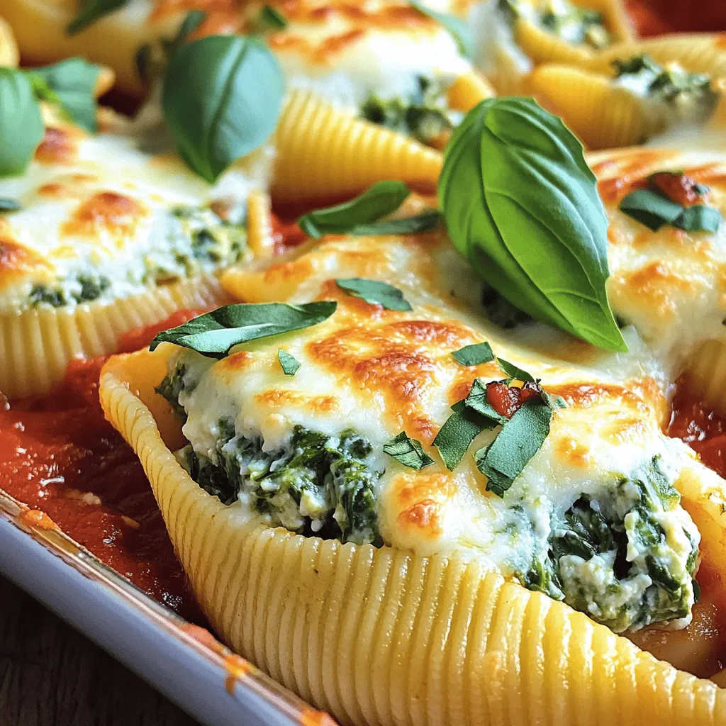 Here’s what you need to make easy spinach ricotta stuffed shells. Gather these ingredients: - 20 jumbo pasta shells - 1 cup ricotta cheese - 1 cup fresh spinach, finely chopped - 1 cup shredded mozzarella cheese, divided - 1/4 cup grated Parmesan cheese - 1 egg, beaten - 1 teaspoon garlic powder - 1 teaspoon dried Italian herbs (oregano, basil, thyme) - Salt and pepper to taste - 2 cups marinara sauce - Fresh basil leaves for garnish (optional) These ingredients create a tasty and satisfying dish. The creamy ricotta and fresh spinach blend well with the savory marinara. Each bite bursts with flavor. You can find the full recipe for more tips and details. To start, I bring a large pot of salted water to a boil. I add the jumbo pasta shells and cook them until they're al dente. This usually takes about 9 to 11 minutes, but make sure to check your package instructions. Once they are cooked, I drain them and rinse them under cold water. Rinsing stops the cooking process. I set the shells aside to cool. Next, I mix the filling in a large bowl. I add 1 cup of ricotta cheese and 1 cup of finely chopped spinach. Then, I include 1/2 cup of shredded mozzarella cheese and 1/4 cup of grated Parmesan cheese. For flavor, I add 1 beaten egg, 1 teaspoon of garlic powder, and 1 teaspoon of dried Italian herbs. I season with salt and pepper to taste. I mix everything well until it's combined. Now, I preheat the oven to 375°F (190°C). I take one pasta shell and fill it with the spinach ricotta mixture using a spoon. I fill it generously, but not too much. I place the stuffed shell seam side up in a greased baking dish. I repeat this until all the shells are filled. After stuffing the shells, I pour marinara sauce evenly over them. I want to make sure they are well covered. Then, I sprinkle the remaining 1/2 cup of mozzarella cheese on top. I cover the baking dish with aluminum foil to keep the cheese from browning too quickly. I bake the shells for 25 minutes. After that, I remove the foil and bake them for another 10 to 15 minutes. I look for the cheese to be bubbly and golden. For the full recipe, you can check out the details provided. To keep your stuffed shells from sticking, lightly grease your baking dish. You can use cooking spray or olive oil. This simple step makes it easy to serve. For added flavor, mix in some fresh herbs like basil or parsley. You might also try adding a pinch of red pepper flakes for a little heat. These stuffed shells shine with a simple side salad. A crisp green salad works well. I like to serve them with garlic bread too. For an attractive plate, stack three shells in the center of a plate. Spoon marinara sauce around the dish and sprinkle fresh basil on top. This adds color and a fresh taste. You can make these shells ahead of time. Just prepare them up to the baking step. Cover them tightly in the fridge for up to two days. If you want to freeze them, wrap the stuffed shells in plastic wrap. They can last up to three months in the freezer. To reheat, bake them right from frozen. Just add a few extra minutes to the time. {{image_2}} You can switch up the greens in your stuffed shells. Try using kale or dandelion greens instead of spinach. These greens add a nice twist. Kale has a hearty flavor, while dandelion is slightly bitter. Both can balance the creamy ricotta well. Just make sure to chop them finely, so they mix well in the filling. If you want to change the cheese, cottage cheese works great as a substitute. It gives a nice texture and is lower in fat. Goat cheese also adds a tangy flavor that many love. For those who prefer vegan options, use cashew cheese or tofu. These options can create a lovely filling that suits all diets. You can play with the sauce too. While marinara is classic, try Alfredo for a rich taste. A drizzle of pesto can add freshness and depth. For spice lovers, use a spicy marinara sauce to kick it up a notch. These sauce choices can change your dish from good to amazing. To keep your spinach ricotta stuffed shells fresh, store them in an airtight container. Place them in the fridge within two hours of cooking. This helps prevent bacteria growth. Stuffed shells can last in the refrigerator for three to five days. Always check for any signs of spoilage before eating. You can freeze the shells for later enjoyment. First, let the dish cool completely. Then, cover it well with plastic wrap and aluminum foil. This seals in freshness and prevents freezer burn. The shells can last in the freezer for up to three months. To reheat, thaw in the fridge overnight and bake until heated through. When ready to enjoy, preheat your oven to 350°F (175°C). Place the shells in a baking dish and cover with foil. Heat for about 20-25 minutes. This keeps the shells moist and prevents drying out. If microwaving, use a microwave-safe dish and cover it. Heat for a few minutes, stirring halfway through. This method also helps avoid dryness. For best taste, I recommend reheating in the oven if possible. Yes, you can prepare these stuffed shells in advance. To do this, follow these steps: - Cook the pasta shells and prepare the filling as usual. - Stuff the shells and arrange them in a baking dish. - Cover the dish with plastic wrap and store it in the fridge. - Bake within 24 hours for the best taste. - If you want to make it even earlier, you can freeze the unbaked shells. Just be sure to thaw them in the fridge before baking. If you don’t have ricotta cheese, there are some great alternatives: - Cottage cheese works well for a similar texture. - Cream cheese can give a rich flavor, but it is denser. - For a dairy-free option, try tofu blended with a bit of lemon juice. Each option changes the flavor slightly, but they all work nicely in stuffed shells. To check if your stuffed shells are ready, look for these signs: - The cheese on top should be bubbly and golden brown. - The sauce should be hot and slightly bubbling around the edges. - If you insert a knife, it should come out warm. These signs mean your dish is cooked perfectly and ready to serve. Yes, you can use whole wheat or gluten-free shells in this recipe. - Whole wheat shells add a nutty flavor and are more filling. - Gluten-free shells are available made from rice or corn. Both options will work, but be sure to adjust the cooking time based on the package instructions. Enjoy your delicious stuffed shells! This blog post covered how to make delicious stuffed pasta shells. We discussed the key ingredients, like ricotta and spinach, and walked through cooking steps. You learned essential tips for perfecting the dish and ways to vary flavors. We even explored storage methods for leftovers. In my view, stuffed shells are a fun dish. You can make them your own and share them with others. I hope you enjoy trying this recipe and making it unique to your taste!