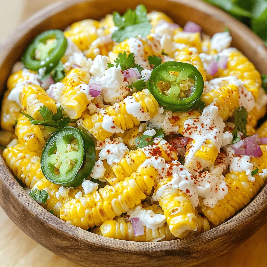 Fresh Corn: Fresh corn is the heart of this salad. I recommend using sweet corn on the cob. It gives a sweet, juicy taste that makes the salad pop. Look for ears with bright green husks and plump, full kernels. When you grill it, the natural sugars caramelize, adding a smoky flavor. Dairy Elements: The creaminess in this salad comes from mayo, sour cream, and feta cheese. Mayo adds richness, while sour cream brings a slight tang. Feta cheese gives a nice salty kick and a crumbly texture. Together, they create a smooth and delicious dressing that clings to the corn. Spices and Flavorings: Spices like chili powder and smoked paprika are key. Chili powder adds heat and depth, while smoked paprika gives a warm, smoky flavor. Lime juice adds brightness and cuts through the creaminess. These flavors balance perfectly, making each bite exciting. When combined, these ingredients create a refreshing and tasty dish. You can find the full recipe at the end of this section. To get the best flavor from your corn, start with fresh ears. Husk the corn and remove all silk. Preheat your grill to medium-high heat. Place the corn directly on the grill. Grill for about 10 to 12 minutes, turning it every few minutes. Look for char marks; they add great taste. Once done, take the corn off the grill and let it cool. This cooling step is key for safe handling later. In a medium bowl, mix together the mayo and sour cream. Start with equal parts of each for the base. Whisk until it’s smooth. Then, add chili powder and smoked paprika for a kick. Squeeze in the juice of two limes, and add salt and pepper to taste. Whisk again until all the spices blend well. This dressing is what makes the salad creamy and tangy. Once your corn is cool, use a sharp knife to cut off the kernels. Be careful! In a large mixing bowl, combine the grilled corn, red onion, jalapeño (if you want heat), feta cheese, and cilantro. Pour the prepared dressing over the salad mix. Gently toss everything together until it’s well coated. Refrigerate for at least 30 minutes. This chill time lets the flavors meld together nicely before serving. To make your Mexican Street Corn Salad pop, consider adding spices like cumin or garlic powder. These spices bring a deeper flavor that pairs well with the corn. You can also toss in some diced avocado for creaminess. It adds richness and a nice texture. For a better crunch, use fresh vegetables. Chopped bell peppers or radishes add color and a crisp bite. Fresh herbs like cilantro or parsley brighten the dish. They give it a fresh taste that makes each bite exciting. Serving your salad in a large bowl can be appealing. You can also use small cups for individual servings. This makes it easy for guests to grab a portion. For garnish, sprinkle extra feta cheese on top. This adds a pop of white against the colorful salad. Lime wedges on the side make it easy for guests to add more juice. You can also add a sprinkle of chili powder for a nice visual touch. {{image_2}} To kick up the heat in your Mexican street corn salad, consider adding different peppers. You can use serrano or habanero peppers for a fiery touch. Just chop them finely and mix them in. Another way to add heat is by using a spicy dressing. You can mix in some hot sauce or cayenne pepper into the mayo and sour cream blend for a zesty twist. For a vegetarian or vegan take, swap the dairy. Use plant-based mayo and vegan sour cream. You can also replace feta cheese with crumbled tofu or a nut-based cheese. Adjust the dressing to fit a plant-based diet by ensuring all ingredients are dairy-free. This way, everyone can enjoy this fresh treat without missing out. Make your salad even better by using seasonal vegetables. In summer, add diced tomatoes or bell peppers for extra flavor and color. In fall, consider incorporating roasted butternut squash or sweet potatoes. You can also enhance the taste by adding fresh herbs like basil or mint when they are in season. These ideas bring a new twist to your dish and keep it exciting. For the full recipe, check out the details above and enjoy making this vibrant dish! To keep your Mexican Street Corn Salad fresh, store it in the fridge. Use an airtight container to keep out air and moisture. Glass or plastic containers with tight lids work well. If you have leftover salad, scoop it into the container right away. This will help prevent it from getting soggy. In the fridge, this salad stays fresh for about 3 days. After that, the flavors may fade. Look for signs of spoilage, such as a sour smell or changes in color. If the corn looks slimy or the dressing separates, it’s best to toss it. Always trust your senses; when in doubt, throw it out. To enjoy the full flavor, aim to eat it within a couple of days. For the full recipe, check out the detailed instructions above. Mexican Street Corn Salad, or Esquites, is a fresh and vibrant dish. It features grilled corn mixed with creamy dressing, spices, and cheese. This salad comes from the streets of Mexico, where vendors serve corn on the cob. They often slather it in mayo and sprinkle cheese on top. The salad captures the same flavors but offers a fun twist. You get all the goodness in a bowl, perfect for sharing. Yes, you can prepare this salad ahead of time. I recommend making it at least 30 minutes before serving. This allows the flavors to blend well. If you want to make it even earlier, prepare it up to a day in advance. Store it in the fridge in an airtight container. Just remember to give it a gentle stir before serving. Reheating this salad is not the best choice. It tastes best when served cold or at room temperature. If you must reheat it, do so gently. Use a microwave on low power, and heat in short bursts. Watch out for the cheese and mayo, as they may change texture. Yes, this recipe is gluten-free. The main ingredients, like corn, mayo, and cheese, do not contain gluten. However, always check the labels on your ingredients. Some brands may have cross-contamination. For the safest option, choose certified gluten-free products. Enjoy this salad worry-free! For the full recipe, check out the complete instructions and ingredients list. In this blog post, we explored the key ingredients for Mexican Street Corn Salad. We discussed how fresh corn, dairy, and spices work together to create rich flavors. I shared step-by-step instructions for grilling corn and making the perfect dressing. You now have tips for enhancing flavor and presenting the dish nicely. Lastly, we covered various options for spice lovers and those with dietary needs. Enjoy making this salad, and remember, it’s all about fresh ingredients and careful preparation!