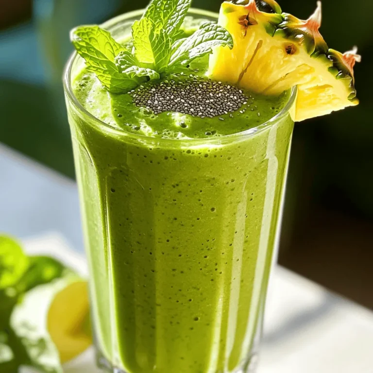 - Fresh spinach leaves - Ripe banana, frozen - Pineapple chunks (fresh or frozen) - Coconut water - Avocado - Chia seeds - Greek yogurt (optional) - Juice of lime - Mint leaves for garnish - Use 1 cup of fresh spinach leaves for a nutrient boost. - Add 1 ripe banana, frozen to make it creamy and cold. - Use 1/2 cup of pineapple chunks, either fresh or frozen, for sweetness. - Pour in 1/2 cup of coconut water for hydration and flavor. - Include 1/2 avocado for healthy fats and creaminess. - Add 1 tablespoon of chia seeds for extra fiber and omega-3s. - Use 1/2 cup of Greek yogurt if you want a thicker smoothie. - Squeeze in the juice of 1 lime for a zesty kick. - Garnish with fresh mint leaves for a lovely finish. If you want to switch things up, you can swap spinach for kale or use almond milk instead of coconut water. Each change brings a new twist to your smoothie! For the full recipe, check out the Tropical Green Smoothie section. 1. Start by preparing your banana. If it is fresh, peel and slice it. Place the slices in the freezer for about 30 minutes. Freezing gives your smoothie a nice, cold texture. 2. Next, grab your blender. Add the fresh spinach leaves and coconut water. Blend on a low setting. This creates a smooth base for your drink. 1. Now it's time to add more flavor. Into the blender, add your frozen banana, pineapple chunks, avocado, chia seeds, and lime juice. If you want a creamier smoothie, you can add Greek yogurt too. 2. Blend everything together until it is well combined and smooth. For the perfect texture, pulse the blender a few times. If you find the mixture too thick, add a splash more coconut water or regular water. 1. Taste your smoothie to see if it is sweet enough. If you want it sweeter, you can add a little honey or agave nectar. However, the fruit usually provides enough sweetness. 2. Once you are happy with the flavor, pour the smoothie into your favorite glass or bowl. To make it look pretty, garnish it with fresh mint leaves and a slice of lime. Enjoy your refreshing Tropical Green Smoothie! How do you select ripe tropical fruits? Look for vibrant colors and a sweet smell. For bananas, choose ones with a few brown spots. Pineapples should feel heavy for their size and have a sweet scent. Avocados should yield slightly when pressed. Make sure to buy fresh, seasonal fruits for the best taste and nutrition. When are these fruits available? Bananas and avocados are available year-round. Pineapples peak in spring and summer. Knowing seasonal availability helps you enjoy the freshest flavors. What are the nutritional benefits of spinach and avocado? Spinach is low in calories and high in vitamins A, C, and K. It also has iron and calcium, great for strong bones. Avocado is rich in healthy fats, which help your heart. It also adds creaminess to your smoothie. What are the advantages of using coconut water? Coconut water is low in calories and full of electrolytes. It hydrates you better than regular water. It also adds a subtle sweetness to your smoothie. How can you garnish your smoothie for visual appeal? Try adding fresh mint leaves on top. You can also add a slice of lime on the rim of your glass. A sprinkle of chia seeds or shredded coconut makes it pop! What are some serving suggestions? Serve your smoothie in clear glasses to show off the color. Bowls work well too, especially if you add toppings. Enjoy your drink with a straw or a spoon for a fun touch! For the full recipe, check out the Tropical Green Smoothie section. {{image_2}} You can switch up the greens in your smoothie. Try kale or arugula for a different taste. Both add great nutrients. If you need a dairy-free option, use almond or coconut yogurt instead of Greek yogurt. This keeps the smoothie creamy without dairy. Want to spice things up? Try adding ginger or turmeric for warmth and health benefits. Both spices boost flavor and nutrition. You can also mix in tropical fruits like mangosteen or kiwi. These fruits add unique flavors and nutrients. The texture of your smoothie can change easily. For a thicker smoothie, add more frozen fruits or avocado. If you prefer a thinner consistency, splash in extra coconut water or regular water. You can also boost protein by adding protein powder or acai. These options make your smoothie more filling and nutritious. Check out the [Full Recipe] for more details on making your Tropical Green Smoothie! To keep your Tropical Green Smoothie fresh, store it in a sealed container. A glass jar works best. Smoothies taste best when fresh, but you can keep them in the fridge for up to 24 hours. After that, they may lose their taste and texture. If you notice separation, just shake or stir before drinking. Freezing smoothies is a great way to save time. Pour your smoothie into ice cube trays or small containers. This way, you can grab just what you need. To thaw, leave them in the fridge overnight. If it’s too thick after thawing, add a splash of coconut water and blend again. Make your mornings easier by prepping smoothie packs. Gather ingredients like spinach, banana, and pineapple. Measure out your fruits and greens, then place them in freezer bags. You can add chia seeds and yogurt to the bags too. When you’re ready to blend, just dump the pack into your blender with coconut water. This method makes for a quick and easy smoothie. For the complete recipe, check out the Tropical Green Smoothie section above. Can I use other liquids instead of coconut water? Yes, you can use other liquids! Some good options are almond milk, regular water, or even orange juice. Each liquid will change the flavor a bit. Coconut water adds a nice tropical taste, but you can choose what you like. Is the Greek yogurt necessary for the recipe? Not at all! Greek yogurt adds creaminess and protein, but it is optional. If you want a vegan smoothie, you can skip it. You can also use dairy-free yogurt if you prefer. How many calories does this smoothie contain? This smoothie has about 250 calories per serving. The exact number can change based on your ingredients. Using frozen fruit may also change the calorie count slightly. Can I make this smoothie vegan-friendly? Yes, you can! Just skip the Greek yogurt or use a plant-based yogurt. This change makes the smoothie vegan while keeping it tasty and nutritious. What foods pair well with this smoothie? This smoothie goes great with toast, muffins, or a fruit salad. You can also enjoy it with a light breakfast, like oatmeal or granola. Pair it with a nut butter for added protein. Can I use this recipe as a meal replacement? Yes, you can use this smoothie as a meal replacement! It has good nutrients and keeps you full. Just make sure to add enough healthy fats, like avocado or nut butter, to feel satisfied. For the full recipe, check out the Tropical Green Smoothie section above. This blog explores vibrant ingredients for a healthy tropical green smoothie. I shared steps to prepare and serve, along with tips for choosing fruits and enhancing flavor. Remember, you can customize this recipe to suit your tastes. Whether you want a thicker blend or a dairy-free option, the sky is the limit. Enjoy experimenting, and feel free to make this smoothie your own. With a little creativity, you can create a delicious drink perfect for anytime!