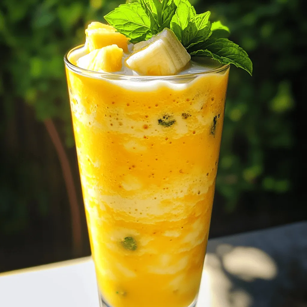- 1 cup fresh pineapple chunks - 1 ripe banana - Fresh mint leaves for garnish You need fresh pineapple chunks for a sweet taste. Choose a ripe banana for creaminess. Fresh mint leaves add a burst of flavor on top. - 1/2 cup coconut milk - 1/2 cup Greek yogurt Coconut milk gives a rich, smooth texture. Greek yogurt adds protein and depth to your smoothie. - 1 tablespoon honey (optional) - 1/2 teaspoon vanilla extract - 1/2 cup ice cubes Honey can sweeten your drink, but it’s optional. Vanilla extract enhances the flavor. Ice cubes keep your smoothie cool and refreshing. This Tropical Pineapple Smoothie is simple to make. You can find the full recipe above. Enjoy every sip! Start by cutting your fresh pineapple into chunks. Use ripe, sweet pineapple for the best flavor. Next, peel your banana and break it into pieces. This helps the blending process. Using chilled glasses makes a big difference. Cold glasses keep your smoothie refreshingly cool. This small step enhances your drinking experience. When you’re ready to blend, add the pineapple, banana, coconut milk, Greek yogurt, honey, vanilla extract, and ice cubes to your blender. Blend on high speed until it becomes smooth. If the texture is too thick, simply add more coconut milk. This makes it easier to drink and brings out all the flavors. After blending, taste your smoothie. If you want it sweeter, add more honey. Blend again for a few seconds to mix it well. Pour the smoothie into your chilled glasses. Garnish with fresh mint leaves on top. This adds a pop of color and a fresh scent. For the full recipe, check the details above. To get the perfect creamy texture in your Tropical Pineapple Smoothie, use ripe banana and coconut milk. These two ingredients blend well together. They create a rich and smooth base. If you want it extra creamy, add more Greek yogurt. This makes your smoothie thick and satisfying. Using frozen fruits can help chill your drink. Frozen pineapple chunks or banana slices work great. They also add a nice texture. You can skip ice if you use frozen fruits. This tip helps keep your smoothie cold without watering it down. To boost tropical flavor, consider adding mango or passion fruit. These fruits add sweetness and a fun twist. You can also try adding a splash of orange juice for brightness. This makes your smoothie more refreshing. When choosing fruits, pick ripe ones. Ripe fruits taste better and have more juice. Look for pineapples with a sweet smell. The skin should be slightly soft when pressed. For bananas, select ones with a few spots. This means they are sweet and ready for blending. A good blender is key for a smooth smoothie. Look for blenders with high power, at least 700 watts. This helps break down fruits easily. Smoothies should be creamy, not chunky. The speed of your blender matters too. Start on low to combine ingredients. Then, increase to high speed for a smooth finish. If your blender has a pulse setting, use it to mix thicker parts. This technique helps achieve the perfect texture in your Tropical Pineapple Smoothie. For the full recipe, check the earlier section! {{image_2}} You can make your Tropical Pineapple Smoothie even better by adding more fruits. Mango and passion fruit mix well with pineapple. They bring a sweet and tangy taste. Just add one cup of diced mango or half a cup of passion fruit pulp to the mix. You can also switch your yogurt. Use coconut yogurt for a creamier taste. It adds a nice tropical touch. If you want a vegan version, it's easy. Simply swap Greek yogurt for a plant-based yogurt. Almond or soy yogurt works great. These choices keep your smoothie creamy while making it dairy-free. You may also want to check the ingredients for any hidden dairy products. This way, you stick to your dairy-free diet. To make your smoothie healthier, you can reduce the sugar. Instead of honey, try using natural sweeteners like agave syrup or maple syrup. These options add sweetness without extra calories. You can also toss in some greens like spinach or kale. They blend in well and boost the nutrients without changing the taste. These simple changes make your smoothie even more delicious and good for you. For the complete experience, check out the Full Recipe. If you have leftover smoothie, store it in the fridge. Use a sealed container to keep it fresh. It’s best to drink it within 24 hours. This way, you maintain the sweet taste and creamy texture. To freeze your smoothie, pour it into ice cube trays or freezer-safe bags. Leave some space for expansion. This allows you to enjoy it later. When you're ready to drink it, thaw the cubes in the fridge overnight. For a quick thaw, place the bag in cold water. Blend it again to refresh the texture before serving. In the fridge, your smoothie lasts about one day. In the freezer, it can stay good for up to three months. Just remember that the longer it sits, the more it may lose its bright flavors. Enjoy it fresh for the best taste! For the full recipe, check out the Tropical Pineapple Paradise Smoothie. Yes, you can use frozen pineapple. It adds a nice chill to the smoothie. Frozen fruit is often picked at peak ripeness. This means it can taste just as good as fresh. Using frozen pineapple can also save you time. You won’t need to chop it up. Just toss it in the blender. To make a low-calorie smoothie, swap coconut milk for unsweetened almond milk. You can also skip the honey if you want. Using less Greek yogurt can help too. Another tip is to add more fruits like spinach. It keeps the taste yummy without the extra sugar. You can add protein powder to your smoothie. Look for whey or plant-based options. Another great choice is Greek yogurt, which is already in the recipe. You could also toss in some nuts like almonds or walnuts. They add protein and healthy fats to your drink. This blog post covered fresh and dairy ingredients for a delicious smoothie. I shared step-by-step instructions to ensure smooth blending and optimal taste. You also learned tips for getting the best texture and flavor. Variations offer exciting options while storage tips keep your smoothies fresh. Smoothies can be both healthy and tasty. With these ideas, you can mix, match, and enjoy. Let's create your perfect smoothie today!