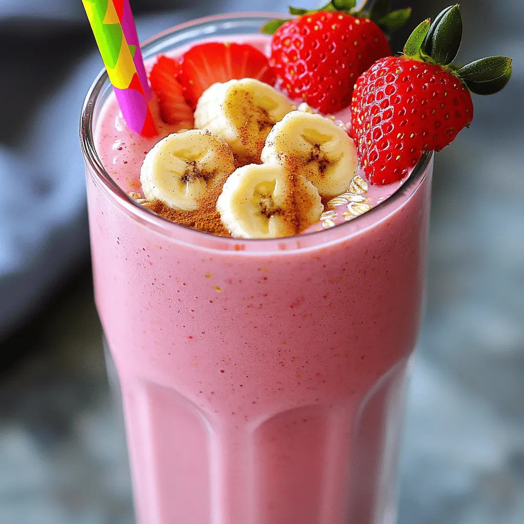 To make a tasty Strawberry Banana Oat Smoothie, gather these simple ingredients: - 1 cup fresh strawberries, hulled and halved - 1 ripe banana, sliced - 1/2 cup rolled oats - 1 cup almond milk (or your preferred milk) - 1 tablespoon honey or maple syrup (optional) - 1/2 teaspoon vanilla extract - 1/4 teaspoon cinnamon - Ice cubes (optional, for a thicker smoothie) Each ingredient serves a purpose. The strawberries and bananas add natural sweetness and flavor. Oats give the smoothie a nice texture and help keep you full. Almond milk adds creaminess, while vanilla and cinnamon enhance the taste. You can use honey or maple syrup to sweeten it a bit more if you like. This blend is quick to make, and it tastes amazing! You can find the Full Recipe above. Enjoy making this delicious smoothie! To make the perfect Strawberry Banana Oat Smoothie, start by preparing your ingredients. - Hulling and halving strawberries: Take one cup of fresh strawberries. Remove the green tops and cut each berry in half. This helps them blend easily and release their sweet flavor. - Slicing the banana: Use one ripe banana. Slice it into small pieces. This makes it easier to blend and ensures a smooth texture. - Measuring out oats and liquids: Measure half a cup of rolled oats. Next, pour one cup of almond milk or your favorite milk. You can also prepare honey or maple syrup if you want a touch of sweetness. Now it’s time to blend everything together. - Adding ingredients to the blender: Add the hulled strawberries, sliced banana, oats, and liquids to your blender. If you like, include one tablespoon of honey or maple syrup, half a teaspoon of vanilla extract, and a dash of cinnamon. - Blend settings and timing: Blend on high for about 30 seconds. You want to achieve a smooth and creamy texture. If you have some chunks, stop and scrape down the sides. Blend again. - How to adjust consistency: If your smoothie is too thin, add a few ice cubes and blend again. This will make it thicker and colder. If it’s too thick, add a bit more milk until you reach your desired consistency. It’s time to serve your delicious smoothie. - Garnishing the smoothie: Pour your smoothie into glasses. For a nice touch, garnish with a few slices of banana or strawberries on top. - Serving suggestions: Serve your smoothie right away for the best taste. You can also enjoy it with a straw for easy sipping. - Presentation tips: Use clear glasses to show off the vibrant colors. A sprinkle of cinnamon on top adds a lovely touch. For a fun twist, you can serve it in a bowl and add your favorite toppings. You can find the full recipe at the beginning of this article. Enjoy your fresh and healthy treat! To get the right texture for your smoothie, you can decide if you want it thick or thin. A thick smoothie is great for a filling breakfast. To achieve this, you can add a few ice cubes before blending. For a thinner version, simply use less fruit or more almond milk. When blending, start on low speed and gradually increase. This helps to mix all the ingredients smoothly. If you find it lumpy, stop and scrape down the sides. Blend again until creamy. Strawberries and bananas are packed with nutrients. Strawberries provide vitamin C and antioxidants, which help your body fight off illness. Bananas offer potassium, which is good for your heart and muscles. Oats add fiber, making your smoothie more filling. They help keep your digestive system healthy. Almond milk is a great dairy alternative. It is low in calories and rich in vitamins, making it a smart choice for smoothies. Using natural sweeteners like honey or maple syrup can add a nice touch. They are better than added sugars. You can taste the smoothie before you pour it. If you want it sweeter, add a little more honey or syrup. If you prefer no added sugar, try using ripe bananas. They are naturally sweet and can enhance the flavor. You can also use dates or stevia as alternatives. Just remember to adjust the amount based on your taste. For the full recipe, check the earlier section. {{image_2}} You can easily make this smoothie vegan-friendly. Just swap the honey for maple syrup. This simple change keeps it sweet and plant-based. If you need a gluten-free option, choose certified gluten-free oats. They work just as well in this recipe. You can enjoy the same great taste without worry. For those watching calories, cut back on the sweeteners. You can also use unsweetened almond milk. These small tweaks make a big difference. Want to add more greens? Toss in a handful of spinach or kale. They blend well and boost nutrition without changing the taste much. You can also mix in other fruits. Try blueberries, mango, or even peaches. Each fruit adds a new twist to the flavor. Using flavored almond milk can change the game too. Look for vanilla or chocolate almond milk for extra flavor. It makes the smoothie taste even more like dessert. Seasonal fruits can add fun to your smoothie. In spring and summer, use fresh berries. In fall, try apples or pears. Each season offers unique flavors to explore. You can also adapt this recipe year-round. For colder months, consider adding warm spices like nutmeg. This gives the smoothie a cozy vibe. The Full Recipe is flexible, so don’t hesitate to experiment. Each change can lead to a new favorite version! After you make your Strawberry Banana Oat Smoothie, you might have some left. You can store it in the fridge for up to 24 hours. To keep it fresh, pour the smoothie into an airtight container. This helps prevent it from tasting stale. When you’re ready to drink it, just give it a good shake. If it seems too thick, add a splash of almond milk. If you want to save your smoothie for later, freezing is a great option. Pour your smoothie into ice cube trays for easy portions. Once frozen, pop the cubes into a freezer bag. This way, you can blend them with fresh fruit later. If you want to freeze the ingredients instead, store the chopped strawberries and banana in separate bags. Just remember to use them within three months for the best taste. Turning your smoothie into a bowl is fun and tasty. Pour the smoothie into a bowl and add your favorite toppings. Some great options are sliced fruit, granola, or nuts. You can also sprinkle seeds like chia or flax on top for extra texture. This way, you get a meal that is not only filling but also beautiful. Enjoy your smoothie bowl with a spoon and savor every bite! The best way to sweeten a smoothie is to use natural sweeteners. These include honey, maple syrup, or ripe fruits. Processed sugars can add empty calories and may not be as healthy. For this smoothie, I suggest starting with one tablespoon of honey or maple syrup. Blend, then taste. If it needs more sweetness, add a little more. Always adjust to your liking. Yes, you can use frozen fruit! Frozen strawberries and bananas offer great flavor and a thick texture. They can make your smoothie extra cold and creamy. If you use frozen fruit, no need to add ice. If you want to use fresh fruit instead, you can thaw frozen fruit. Just leave it out for a bit or microwave it for a few seconds. This makes blending easier. To make the smoothie more filling, add protein! You can use Greek yogurt, protein powder, or nut butter. These options boost the protein and help keep you full longer. Another idea is to add more oats. They fill you up and provide fiber. Try adding two tablespoons of nut butter or a half-cup of yogurt. This makes the smoothie a hearty meal or snack. For the full recipe, check out the full recipe link. This blog post covered how to make a delicious smoothie with healthy ingredients. You learned about selecting fruits, oats, and different milk options. I provided step-by-step instructions for blending and serving. Don't forget the tips for adjusting texture and sweetness. You can modify the recipe to meet your diet needs or change it up by adding flavors. Enjoy experimenting with your smoothies! They can be tasty, nutritious, and fun.