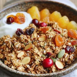 Vanilla Almond Granola uses simple ingredients. You will need: - 3 cups rolled oats - 1 cup sliced almonds - 1 cup mixed seeds (pumpkin, sunflower) - 1/2 cup honey or maple syrup - 1/4 cup coconut oil, melted - 2 teaspoons pure vanilla extract - 1 teaspoon cinnamon - 1/2 teaspoon salt - 1 cup dried fruits (raisins, cranberries, or apricots) (optional) These ingredients blend to create a tasty and crunchy snack. Each part plays a role in flavor and texture. - Rolled oats: They provide fiber. This helps with digestion and keeps you full. - Sliced almonds: These add healthy fats and protein. They support heart health. - Mixed seeds: Seeds offer vitamins and minerals. They boost energy and are great for snacks. - Honey or maple syrup: These natural sweeteners give energy and flavor without refined sugar. - Coconut oil: This oil adds healthy fat. It helps with brain health and boosts metabolism. - Vanilla extract: This gives a sweet aroma. It has antioxidant properties too. - Cinnamon: This spice adds flavor and helps control blood sugar. - Salt: A small amount enhances all the flavors. - Dried fruits: Optional, but they add sweetness and nutrients. You can easily swap some ingredients. If you're out of honey, use agave syrup or brown sugar. If you prefer, replace almonds with walnuts or pecans. Use olive oil instead of coconut oil if needed. For a nut-free version, skip nuts and add more seeds. You can also use unsweetened applesauce instead of syrup for a lower sugar count. For the full recipe, refer to the section above. To make this tasty granola, first, gather your ingredients. You need rolled oats, sliced almonds, mixed seeds, honey or maple syrup, melted coconut oil, vanilla extract, cinnamon, salt, and optional dried fruits. 1. Preheat your oven to 350°F (175°C). Line a baking sheet with parchment paper. 2. In a big bowl, mix the rolled oats, sliced almonds, and mixed seeds. 3. In another bowl, whisk together melted coconut oil, honey or maple syrup, vanilla, cinnamon, and salt. 4. Pour this wet mix over the dry mix. Stir until all is coated. 5. Spread this mixture on the baking sheet. Press it down with a spatula. 6. Bake for 20-25 minutes. Stir halfway through to help it brown evenly. Watch it closely to avoid burning. 7. Remove from the oven and let it cool on the baking sheet. It will harden as it cools. 8. Once cool, mix in any dried fruits if you want. 9. Store your granola in an airtight container for up to two weeks. For the best granola, make sure to keep an eye on your baking time. Every oven is different. Stirring halfway helps it bake evenly. If you want extra crunch, let it bake a bit longer, but watch it closely. The granola should turn a nice golden brown. You can easily change this recipe! Try adding different nuts like walnuts or pecans. Use other sweeteners like agave syrup or brown sugar. You can swap vanilla for almond extract for a different flavor. Add spices like nutmeg or ginger for a unique twist. The options are endless! For the full recipe, check the earlier section. Store your homemade granola in an airtight container. This keeps it fresh and crunchy. I recommend glass jars or plastic bins with tight lids. You can keep it on your kitchen shelf for up to two weeks. If you want it to last longer, consider freezing it. Just make sure to use a freezer-safe container. When you’re ready to eat, let it thaw on the counter. For a beautiful serving, try using a rustic bowl. Layer the granola with fresh fruits and creamy yogurt. This makes a great breakfast or snack. You can add a drizzle of honey on top for extra sweetness. Serve it with a spoon for easy eating. This presentation makes it look fancy and inviting. You can also offer it in small cups for a fun party snack. One common mistake is not watching the granola while it bakes. It can burn quickly, especially at the end. Stirring halfway through helps it bake evenly and prevents burning. Another mistake is using old or stale ingredients. Fresh nuts and seeds make a big difference in taste. Lastly, don’t skip the cooling step. The granola will harden as it cools, giving it that perfect crunch. {{image_2}} You can change this granola’s flavor easily. Try adding cocoa powder for a chocolate twist. Use 1/4 cup of cocoa powder in your mix. For a tropical flavor, add shredded coconut. About 1/2 cup will do. You can also swap the vanilla extract for almond extract. This gives a nutty taste. Making this granola gluten-free is simple. Just choose gluten-free oats. Many brands offer this option now. If you want a vegan version, use maple syrup instead of honey. Also, ensure your coconut oil is vegan. These changes keep it delicious and meet dietary needs. Want to boost the nutrition? Add flaxseeds or chia seeds. One or two tablespoons is enough. They give extra fiber and omega-3s. You can also toss in some nuts like walnuts or pecans. This adds crunch and healthy fats. Dried fruits like goji berries or figs can add more flavor and vitamins. Each addition helps make your granola even better. For the full recipe, check the guide above! Homemade granola lasts about two weeks when stored properly. Store-bought granola often has preservatives, so it can last longer, sometimes up to six months. Always check the package for the best-by date. I prefer homemade granola for its fresh taste and simple ingredients. You can freeze granola to keep it fresh longer. Place the granola in an airtight container or a freezer-safe bag. It can last up to three months in the freezer. When you want to eat some, just take out what you need and let it thaw. This keeps your snack fresh and tasty! Choose airtight containers to store your granola. Glass jars, plastic containers, or resealable bags work well. They help keep the granola crunchy and prevent it from getting stale. Label your containers with the date you made the granola. This way, you’ll know how long it has been stored. For the full recipe, check it out and get ready to make some delicious snacks! You can make vanilla almond granola without honey by using maple syrup instead. Maple syrup gives a sweet taste and keeps the granola crunchy. Use the same amount of maple syrup as honey. Mix it with the melted coconut oil and vanilla extract. This change keeps your granola tasty and moist. Yes, you can use other nuts instead of almonds. Pecans, walnuts, or hazelnuts work well too. Just chop them up and add them to the mix. Each nut gives a different flavor and crunch. Feel free to mix and match your favorites for a unique twist. The best way to serve granola is with yogurt and fresh fruits. You can layer it in a bowl for a pretty presentation. Pour your choice of milk over it for a classic breakfast. Adding a drizzle of honey or a sprinkle of cinnamon boosts the flavor. Enjoy it as a snack or a quick meal. For a full recipe, check out the Vanilla Almond Granola details. Making your own vanilla almond granola is fun and easy. You now know the key ingredients, their benefits, and how to customize the recipe. Use the step-by-step guide to bake it perfectly every time. Remember the tips on storage and serving to keep it fresh and tasty. You can even try different flavors or dietary options. Enjoy creating a healthy snack that fits your needs. With these insights, you are ready to make granola your way!