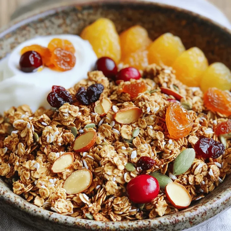 Vanilla Almond Granola uses simple ingredients. You will need: - 3 cups rolled oats - 1 cup sliced almonds - 1 cup mixed seeds (pumpkin, sunflower) - 1/2 cup honey or maple syrup - 1/4 cup coconut oil, melted - 2 teaspoons pure vanilla extract - 1 teaspoon cinnamon - 1/2 teaspoon salt - 1 cup dried fruits (raisins, cranberries, or apricots) (optional) These ingredients blend to create a tasty and crunchy snack. Each part plays a role in flavor and texture. - Rolled oats: They provide fiber. This helps with digestion and keeps you full. - Sliced almonds: These add healthy fats and protein. They support heart health. - Mixed seeds: Seeds offer vitamins and minerals. They boost energy and are great for snacks. - Honey or maple syrup: These natural sweeteners give energy and flavor without refined sugar. - Coconut oil: This oil adds healthy fat. It helps with brain health and boosts metabolism. - Vanilla extract: This gives a sweet aroma. It has antioxidant properties too. - Cinnamon: This spice adds flavor and helps control blood sugar. - Salt: A small amount enhances all the flavors. - Dried fruits: Optional, but they add sweetness and nutrients. You can easily swap some ingredients. If you're out of honey, use agave syrup or brown sugar. If you prefer, replace almonds with walnuts or pecans. Use olive oil instead of coconut oil if needed. For a nut-free version, skip nuts and add more seeds. You can also use unsweetened applesauce instead of syrup for a lower sugar count. For the full recipe, refer to the section above. To make this tasty granola, first, gather your ingredients. You need rolled oats, sliced almonds, mixed seeds, honey or maple syrup, melted coconut oil, vanilla extract, cinnamon, salt, and optional dried fruits. 1. Preheat your oven to 350°F (175°C). Line a baking sheet with parchment paper. 2. In a big bowl, mix the rolled oats, sliced almonds, and mixed seeds. 3. In another bowl, whisk together melted coconut oil, honey or maple syrup, vanilla, cinnamon, and salt. 4. Pour this wet mix over the dry mix. Stir until all is coated. 5. Spread this mixture on the baking sheet. Press it down with a spatula. 6. Bake for 20-25 minutes. Stir halfway through to help it brown evenly. Watch it closely to avoid burning. 7. Remove from the oven and let it cool on the baking sheet. It will harden as it cools. 8. Once cool, mix in any dried fruits if you want. 9. Store your granola in an airtight container for up to two weeks. For the best granola, make sure to keep an eye on your baking time. Every oven is different. Stirring halfway helps it bake evenly. If you want extra crunch, let it bake a bit longer, but watch it closely. The granola should turn a nice golden brown. You can easily change this recipe! Try adding different nuts like walnuts or pecans. Use other sweeteners like agave syrup or brown sugar. You can swap vanilla for almond extract for a different flavor. Add spices like nutmeg or ginger for a unique twist. The options are endless! For the full recipe, check the earlier section. Store your homemade granola in an airtight container. This keeps it fresh and crunchy. I recommend glass jars or plastic bins with tight lids. You can keep it on your kitchen shelf for up to two weeks. If you want it to last longer, consider freezing it. Just make sure to use a freezer-safe container. When you’re ready to eat, let it thaw on the counter. For a beautiful serving, try using a rustic bowl. Layer the granola with fresh fruits and creamy yogurt. This makes a great breakfast or snack. You can add a drizzle of honey on top for extra sweetness. Serve it with a spoon for easy eating. This presentation makes it look fancy and inviting. You can also offer it in small cups for a fun party snack. One common mistake is not watching the granola while it bakes. It can burn quickly, especially at the end. Stirring halfway through helps it bake evenly and prevents burning. Another mistake is using old or stale ingredients. Fresh nuts and seeds make a big difference in taste. Lastly, don’t skip the cooling step. The granola will harden as it cools, giving it that perfect crunch. {{image_2}} You can change this granola’s flavor easily. Try adding cocoa powder for a chocolate twist. Use 1/4 cup of cocoa powder in your mix. For a tropical flavor, add shredded coconut. About 1/2 cup will do. You can also swap the vanilla extract for almond extract. This gives a nutty taste. Making this granola gluten-free is simple. Just choose gluten-free oats. Many brands offer this option now. If you want a vegan version, use maple syrup instead of honey. Also, ensure your coconut oil is vegan. These changes keep it delicious and meet dietary needs. Want to boost the nutrition? Add flaxseeds or chia seeds. One or two tablespoons is enough. They give extra fiber and omega-3s. You can also toss in some nuts like walnuts or pecans. This adds crunch and healthy fats. Dried fruits like goji berries or figs can add more flavor and vitamins. Each addition helps make your granola even better. For the full recipe, check the guide above! Homemade granola lasts about two weeks when stored properly. Store-bought granola often has preservatives, so it can last longer, sometimes up to six months. Always check the package for the best-by date. I prefer homemade granola for its fresh taste and simple ingredients. You can freeze granola to keep it fresh longer. Place the granola in an airtight container or a freezer-safe bag. It can last up to three months in the freezer. When you want to eat some, just take out what you need and let it thaw. This keeps your snack fresh and tasty! Choose airtight containers to store your granola. Glass jars, plastic containers, or resealable bags work well. They help keep the granola crunchy and prevent it from getting stale. Label your containers with the date you made the granola. This way, you’ll know how long it has been stored. For the full recipe, check it out and get ready to make some delicious snacks! You can make vanilla almond granola without honey by using maple syrup instead. Maple syrup gives a sweet taste and keeps the granola crunchy. Use the same amount of maple syrup as honey. Mix it with the melted coconut oil and vanilla extract. This change keeps your granola tasty and moist. Yes, you can use other nuts instead of almonds. Pecans, walnuts, or hazelnuts work well too. Just chop them up and add them to the mix. Each nut gives a different flavor and crunch. Feel free to mix and match your favorites for a unique twist. The best way to serve granola is with yogurt and fresh fruits. You can layer it in a bowl for a pretty presentation. Pour your choice of milk over it for a classic breakfast. Adding a drizzle of honey or a sprinkle of cinnamon boosts the flavor. Enjoy it as a snack or a quick meal. For a full recipe, check out the Vanilla Almond Granola details. Making your own vanilla almond granola is fun and easy. You now know the key ingredients, their benefits, and how to customize the recipe. Use the step-by-step guide to bake it perfectly every time. Remember the tips on storage and serving to keep it fresh and tasty. You can even try different flavors or dietary options. Enjoy creating a healthy snack that fits your needs. With these insights, you are ready to make granola your way!