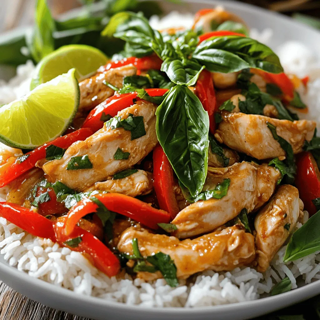 - 1 lb boneless chicken thighs - 1 cup fresh Thai basil leaves - 4 cloves garlic, minced - 2-3 bird's eye chilies, finely chopped Thai basil chicken starts with fresh, simple ingredients. I prefer boneless chicken thighs for their juicy flavor. You can use chicken breast if you want a leaner option. Fresh Thai basil adds a unique flavor that sets this dish apart. Garlic gives a strong aroma, while the chilies add a kick. Adjust the chilies to suit your taste. - 2 tablespoons soy sauce - 1 tablespoon fish sauce - 1 tablespoon oyster sauce - 1 teaspoon sugar The sauce makes this dish shine. Soy sauce adds saltiness, while fish sauce deepens the flavor. The oyster sauce gives a slight sweetness and richness. A pinch of sugar balances the salty and spicy notes. This mix transforms your stir-fry into something special. - 1 red bell pepper, sliced - Fresh lime wedges for serving You can add red bell pepper for color and crunch. It also adds sweetness, balancing the heat. Fresh lime wedges serve as a zesty garnish. Squeeze some over the dish for a bright finish. These optional ingredients take your Thai basil chicken to the next level. For the full recipe, refer to the earlier mentioned details. 1. Start with boneless chicken thighs. Slice them thinly. This helps them cook fast and evenly. 2. Take 4 cloves of garlic and mince them finely. Their flavor will add depth to the dish. 3. Grab 2-3 bird's eye chilies. Chop them finely as well. You can adjust the amount to control the heat. 1. Heat 1 tablespoon of vegetable oil in a large skillet or wok. Keep it on medium-high heat until it shimmers. 2. Add the minced garlic and chopped chilies to the pan. Stir quickly for about 30 seconds. This will release their amazing aroma. 3. Increase the heat to high. Toss in the sliced chicken thighs. Stir-fry for about 5-7 minutes. Cook until the chicken is fully done and starts to brown. 1. Now, it’s time for some color! Toss in the sliced red bell pepper. Stir-fry for 2 more minutes until it’s slightly tender. 2. In a separate bowl, mix 2 tablespoons of soy sauce, 1 tablespoon of oyster sauce, 1 tablespoon of fish sauce, and 1 teaspoon of sugar. This mix adds a sweet-salty flavor. 3. Pour the sauce over the chicken and peppers. Stir well to coat everything evenly. 4. Finally, add 1 cup of fresh Thai basil leaves. Toss them in until they wilt, which takes about 1 minute. Serve hot, and enjoy the spicy Thai basil chicken! For the full recipe, check out the details above. - Choosing the right pan: A large skillet or wok works best. This allows heat to spread evenly. A non-stick surface helps prevent sticking. I love using a well-seasoned cast iron skillet for great flavor. - Adjusting spice levels: If you want less heat, use fewer chilies. Start with one bird's eye chili. You can always add more later. For a spicy kick, keep the seeds in the chilies. - Adding lime or extra herbs: Fresh lime juice brightens the dish. Squeeze some over your serving for a zesty taste. You can also add more Thai basil or even mint for extra freshness. - Serving suggestions: Serve Thai basil chicken over jasmine rice or rice noodles. This helps soak up the tasty sauce. Adding fresh lime wedges on the side makes it look great and adds flavor. - Selecting quality ingredients: Fresh Thai basil is key for this dish. Look for vibrant green leaves. Use fresh chicken thighs for the best texture and taste. Strong flavors come from good quality sauces too. - Traditional accompaniments: Serve with jasmine rice and pickled vegetables. These sides balance the rich flavors of the chicken. They add a nice crunch and tang to each bite. {{image_2}} You can easily make this dish vegetarian or vegan. Instead of chicken, try using mushrooms or eggplant. Both options soak up flavors well. For sauces, swap oyster sauce with mushroom sauce. It keeps the rich taste without meat. If you want to change the protein, tofu or shrimp work great. For tofu, use firm or extra-firm. Cut it into cubes and cook it until golden. For shrimp, add them to the pan for 3-4 minutes. They cook faster than chicken, so watch closely. Feel free to play with the veggies. You can add broccoli, carrots, or snap peas. Each adds a new taste and texture. If you like it spicy, add more chilies. For a milder dish, skip the hot peppers. Adjust the heat to fit your taste! To keep your Thai Basil Chicken fresh, follow these tips. First, allow the dish to cool. Then, place it in an airtight container. This keeps moisture in and odors out. You can store it in the fridge for up to three days. If you have leftovers, try to eat them soon. This helps maintain flavor and texture. If you want to keep Thai Basil Chicken for longer, freezing is a great option. Start by letting the dish cool completely. Then, pack it in a freezer-safe container. You can also use freezer bags for easy storage. Make sure to remove as much air as possible. Thai Basil Chicken can last in the freezer for up to three months. When you are ready to eat it, thaw it in the fridge overnight. To reheat, place it in a skillet over medium heat. Add a splash of water or broth to keep it moist. Stir occasionally until it's heated through. Thai Basil Chicken lasts about three days in the fridge. In the freezer, it can last up to three months. Always check for signs of spoilage before eating. If it smells off or has a strange color, it’s best to toss it out. Remember, food safety is key to enjoying your meals. You can store Thai Basil Chicken in an airtight container. It stays fresh in the fridge for up to three days. If you want to keep it longer, freeze it. Thai Basil Chicken can last up to three months in the freezer. Just make sure to cool it before storing. Thaw it overnight in the fridge before reheating. Yes, you can make it gluten-free! Swap regular soy sauce for gluten-free soy sauce or tamari. Use a gluten-free oyster sauce if you want to keep that sweet flavor. Always check labels to ensure your sauces are gluten-free. Serve Thai Basil Chicken with fluffy jasmine rice. It also pairs well with rice noodles. A side of steamed vegetables adds color and nutrition. Fresh cucumber slices or a simple salad can balance the dish perfectly. The spiciness of Thai Basil Chicken depends on the chilies you use. Bird's eye chilies pack a punch, so adjust them based on your taste. If you prefer less heat, use fewer chilies or remove the seeds. You can also add sugar to balance the spice. Enjoy your cooking adventure with this flavorful dish! For the Full Recipe, refer to the earlier sections. In this article, we explored how to make Thai Basil Chicken. We discussed key ingredients like chicken thighs, garlic, and fresh basil. I shared step-by-step cooking methods and tips for enhancing flavor. You learned about variations for different diets and how to store your dish properly. In closing, I encourage you to experiment with this recipe. Customize it to fit your taste and share it with others. Enjoy the process and savor your new dish!