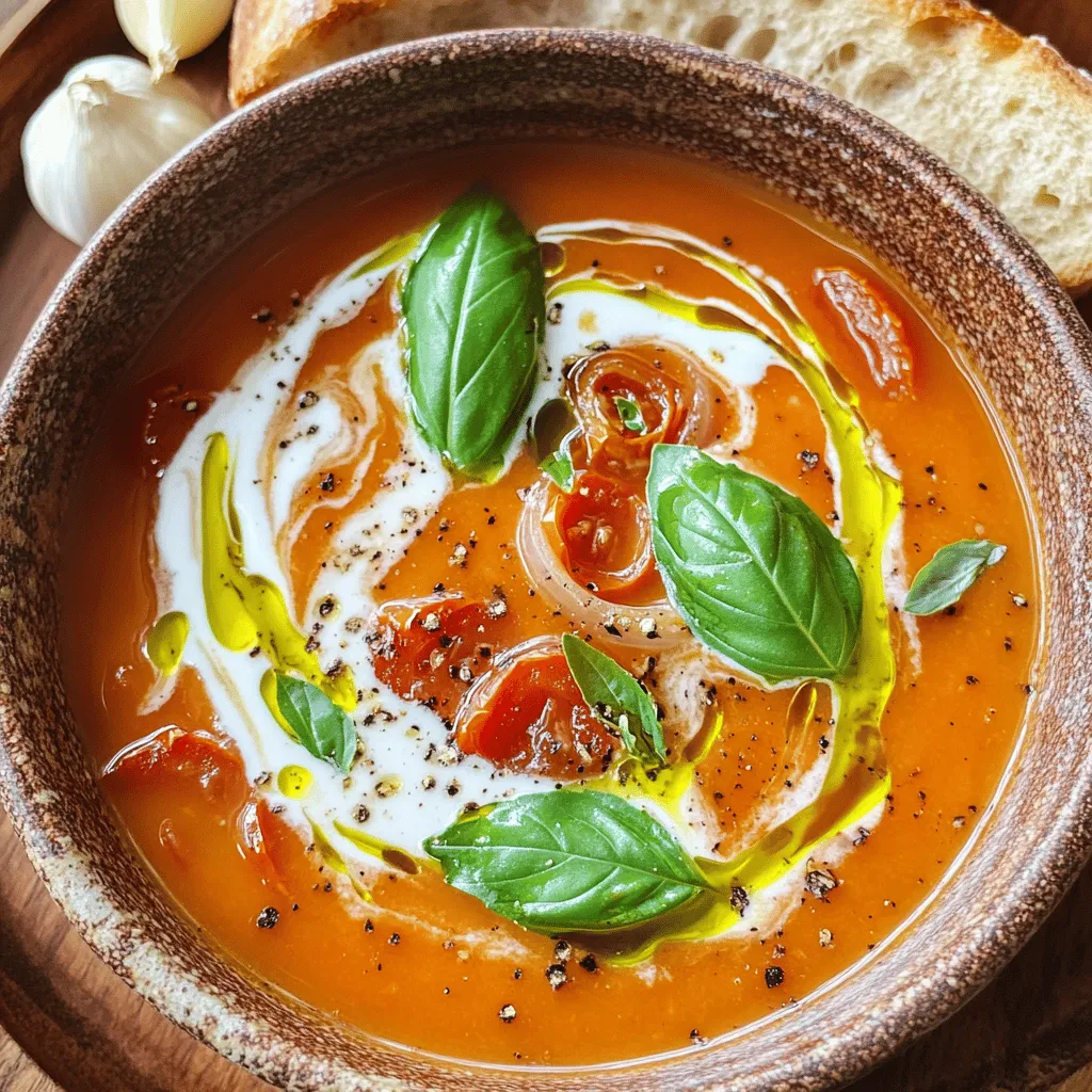 To make a great roasted tomato basil soup, gather these key items: - 2 lbs ripe tomatoes, halved - 1 medium onion, quartered - 5 cloves garlic, unpeeled - 3 tablespoons olive oil - 1 teaspoon salt - 1/2 teaspoon black pepper - 4 cups vegetable broth - 1 cup fresh basil leaves, packed These ingredients create a rich and tasty base. The tomatoes give the soup its sweetness, while the garlic and onion add depth. The fresh basil brings a bright, herbal note. For added flavor, consider these optional ingredients: - 1/2 teaspoon red pepper flakes - 1 tablespoon balsamic vinegar - 1/2 cup heavy cream (for a creamy texture) Red pepper flakes add heat, while balsamic vinegar enhances sweetness. Heavy cream provides a rich finish. You can mix and match based on your taste. This roasted tomato basil soup is not only tasty but also healthy. Here is a simple breakdown: - Calories: 180 per serving - Protein: 4g - Carbohydrates: 30g - Fat: 7g - Fiber: 3g This soup is low in calories but high in flavor. It offers vitamins and minerals from the tomatoes and basil. For the full recipe, check out the details above. Start by gathering all your ingredients. You will need: - 2 lbs ripe tomatoes, halved - 1 medium onion, quartered - 5 cloves garlic, unpeeled - 3 tablespoons olive oil - 1 teaspoon salt - 1/2 teaspoon black pepper - 1/2 teaspoon red pepper flakes (optional) - 4 cups vegetable broth - 1 cup fresh basil leaves, packed - 1 tablespoon balsamic vinegar - 1/2 cup heavy cream (optional) Preheat your oven to 400°F (200°C). Prepare a large baking dish for the tomatoes, onion, and garlic. Halve the tomatoes and quarter the onion. Leave the garlic unpeeled for roasting. Place the halved tomatoes, quartered onion, and unpeeled garlic in the baking dish. Drizzle them with olive oil. Add salt, black pepper, and red pepper flakes if you like some heat. Toss everything well to coat. Roast in the oven for about 30-35 minutes. Watch for the tomatoes to caramelize and the onions to soften. The aroma will fill your kitchen! Once they are done, take them out and let them cool a bit. Peel the garlic cloves after cooling. In a large pot, combine the roasted tomatoes, onions, garlic, and vegetable broth. Bring this mixture to a gentle simmer over medium heat. Let it cook for about 10 minutes. Next, add fresh basil leaves and balsamic vinegar to the pot. Use an immersion blender to puree the soup until smooth. If you don’t have an immersion blender, you can transfer it in batches to a regular blender. For a creamier soup, stir in the heavy cream now. Adjust the seasoning with extra salt and pepper if you need to. Finally, heat the soup gently over low heat until it’s warm. Serve it in warm bowls, garnished with fresh basil and a drizzle of olive oil. Enjoy with rustic bread! To boost the taste of your roasted tomato basil soup, use fresh ingredients. Fresh basil adds bright flavor. Roasting the garlic with the tomatoes makes it sweet and rich. You can also add red pepper flakes for a bit of heat. If you want a creamier soup, stir in some heavy cream. For an extra layer of taste, add a splash of balsamic vinegar. This enhances the natural sweetness of the tomatoes. A common mistake is not using ripe tomatoes. Choose firm, red tomatoes for the best flavor. Avoid overcooking the garlic; keep the cloves unpeeled until after roasting. This prevents burning. Also, don’t skip the blending step! Blending helps create a smooth texture. Lastly, remember to taste before serving. Adjust seasoning as needed to make sure it’s just right. Serve your soup hot in warm bowls. This keeps the soup at the right temperature. Garnish with fresh basil leaves for a pop of color. A drizzle of olive oil or a swirl of cream can make it look fancy. Pair the soup with rustic bread for delicious dipping. This simple addition makes each bite better. Check out the full recipe to make this meal shine! {{image_2}} You can easily make this soup vegan. Just skip the heavy cream. The soup is still creamy and rich from the roasted tomatoes. Use vegetable broth as your base. You can also add a splash of coconut milk for added creaminess without dairy. This keeps the vibrant flavor intact while making it plant-based. This soup is naturally gluten-free. The ingredients do not include any gluten sources. Just make sure your vegetable broth is gluten-free, as some brands may add gluten. The rest of the recipe is safe, allowing everyone to enjoy this comforting bowl of soup. You can make this soup your own with fun add-ins. Try adding a pinch of smoked paprika for a smoky twist. Fresh herbs like thyme or oregano can elevate the taste. For a kick, toss in some diced jalapeños or a dash of hot sauce. You can even add a handful of spinach or kale for extra greens. These changes keep the soup exciting and full of flavor. For the complete recipe, check the Full Recipe section. To store leftovers, let the soup cool first. Then, pour the cooled soup into an airtight container. Make sure to seal it well. This way, the soup stays fresh. You can store it in the fridge for up to three days. If you want to keep it longer, freezing is a great option. Freezing is simple! First, cool the soup completely. Then, pour it into freezer-safe containers. Leave some space at the top for expansion. You can also use freezer bags for easy storage. Try to remove as much air as possible before sealing. This soup can last up to three months in the freezer. To reheat, take the soup out of the fridge or freezer. If frozen, let it thaw in the fridge overnight or use the microwave. For stovetop reheating, pour the soup into a pot. Heat it over medium-low heat. Stir occasionally until warm. If you prefer, you can also use a microwave. Heat in short bursts, stirring in between. Enjoy your soup warm for a cozy meal! You can use coconut milk or cashew cream. Both add creaminess without dairy. You can also try using whole milk or half-and-half for a lighter option. If you want it rich, choose full-fat coconut milk. Each option gives a unique taste and texture. Yes, you can use canned tomatoes. Choose whole or crushed tomatoes for the best flavor. Canned tomatoes are often picked at peak ripeness, making them sweet and tasty. Just remember to drain excess liquid to avoid a watery soup. Add red pepper flakes or hot sauce to the soup. Start with a small amount, and taste as you go. You can also include jalapeños or a pinch of cayenne pepper. For a smoky flavor, try adding smoked paprika. Roasted tomatoes are rich in antioxidants, especially lycopene. Lycopene may help reduce the risk of certain cancers. Basil has anti-inflammatory properties and can support digestion. Together, they create a nutritious and tasty dish. Eating this soup can boost your health while delighting your taste buds. This blog post covers everything you need for roasted tomato basil soup. We discussed key ingredients and added flavor tips. I shared easy steps for roasting and blending. You learned how to avoid common mistakes and serve the soup best. I also gave ideas for variations and storage tips. In conclusion, this soup is healthy, tasty, and easy to make. Enjoy trying new flavors and variations!