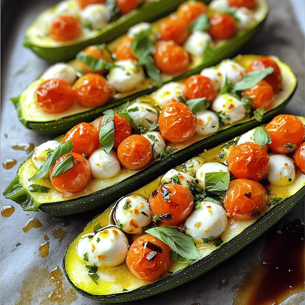 - 4 medium zucchinis - 2 cups cherry tomatoes, halved - 1 cup fresh mozzarella balls, halved - 1/4 cup fresh basil, chopped - 2 cloves garlic, minced - 1 tablespoon olive oil - Salt and pepper to taste - 1 teaspoon balsamic glaze (optional) When making Margherita zucchini boats, fresh ingredients shine. Zucchinis serve as the perfect base. They hold flavors well and have a nice texture. Cherry tomatoes add sweetness. They burst in your mouth with each bite. Fresh mozzarella brings creaminess and richness. Basil adds a fragrant herbal note. It ties all the flavors together. Garlic provides a sharp kick that enhances the dish. A drizzle of olive oil enriches the overall taste. Adding salt and pepper boosts all these flavors. You may choose to finish with balsamic glaze. It adds a tangy sweetness that balances the dish. The choice is yours, but I love the contrast it creates. - Baking dish - Mixing bowl - Spoon for scooping - Aluminum foil Having the right tools makes cooking easier. A baking dish is essential to hold your zucchini boats. A mixing bowl helps you combine the filling without mess. Use a spoon to scoop the zucchini centers. This creates space for the delicious filling. Finally, aluminum foil covers the dish while it bakes. This keeps moisture in and helps cook the zucchinis evenly. With these ingredients and tools ready, you're set to create this flavorful summer delight! For the full recipe, check back to see how to bring it all together. - Preheat the oven to 375°F (190°C). - Cut the zucchinis in half lengthwise. Scoop out the centers to form boats. Place them in a baking dish. - In a mixing bowl, combine the halved cherry tomatoes, mozzarella balls, minced garlic, and chopped basil. - Drizzle with olive oil. Season with salt and pepper. Toss this mixture well. - Fill each zucchini with the prepared mixture. Pack it tightly to fit. - Cover the baking dish with aluminum foil and bake for 20 minutes. - After 20 minutes, remove the foil. Bake for another 10-15 minutes until the zucchinis are tender and cheese is melted. - If desired, drizzle with balsamic glaze before serving. Garnish with more fresh basil for extra appeal. You can find the full recipe with all the details to create these tasty Margherita Zucchini Boats. To check if your zucchini is done, gently pierce it with a fork. If it slides in easily, it’s ready. If not, give it a few more minutes. Zucchini size matters too. Larger zucchinis need more time to cook. Adjust the baking time by adding 5-10 minutes on larger ones. This keeps them tender without getting mushy. Seasonings can make your Margherita zucchini boats shine. I love using fresh basil, oregano, and a pinch of red pepper flakes. They add depth and warmth. For oils, I recommend a good extra virgin olive oil. It brings out the flavors of the tomatoes and cheese. A drizzle of balsamic glaze adds a nice touch of sweetness, too. Pair these boats with a light salad or crusty bread. A fresh arugula salad with lemon vinaigrette complements the flavors well. For presentation, serve the boats on a colorful platter. Garnish with extra basil leaves. This makes the dish look fresh and inviting. For a bit of crunch, offer some toasted pine nuts on the side. For the full recipe, check out the [Full Recipe]. {{image_2}} You can change the cheese in your Margherita Zucchini Boats. For a twist, use feta or goat cheese. These cheeses add different flavors and textures, enhancing your dish. You can also go dairy-free with cashew cheese or nutritional yeast. If you want to try other vegetables, bell peppers or eggplant work great. They have a nice texture and soak up flavors well. You can even use mushrooms for a hearty filling. Just adjust the cooking time if needed. To make the recipe gluten-free, ensure your ingredients do not contain gluten. Most cheeses and vegetables are safe. Just check any pre-made items for hidden gluten. For vegan options, replace cheese with a vegan cheese alternative. You can also use mashed avocado for creaminess or add more veggies to the filling. This keeps it tasty and satisfying. Using seasonal ingredients makes your Margherita Zucchini Boats fresh and fun. In summer, add fresh corn or diced bell peppers. In fall, try adding roasted butternut squash for a sweet touch. Adjusting the recipe for holidays can also be fun. For a festive look, add cranberries or pine nuts for a pop of color and flavor. These little changes can make a big impact on your dish. For the full recipe, refer to the previous section. To keep your Margherita zucchini boats fresh, store them in an airtight container. This method helps keep moisture in and prevents them from drying out. You can refrigerate the leftovers for up to three days. After three days, the taste and texture may decline. If you want to save the zucchini boats for later, freezing is a great option. First, let the boats cool completely. Place them in a single layer on a baking sheet. Freeze them for a few hours until firm. After that, pack them in freezer bags. They can stay frozen for up to three months. To thaw, move them to the fridge overnight. Reheat in the oven at 350°F (175°C) until warm. To heat your zucchini boats without losing flavor, use the oven. Set it to 350°F (175°C). Place the boats on a baking sheet and cover with foil. This helps keep them moist during reheating. Bake for about 15-20 minutes. If you have leftover filling, use it in salads or as a topping for pasta. This way, you can enjoy the flavors in a new dish. Can I use larger zucchinis? Yes, you can use larger zucchinis. Just make sure they are firm and fresh. Larger zucchinis may need more cooking time. Check for tenderness with a fork. What can I substitute for mozzarella? You can use other cheeses like goat cheese or ricotta. Both offer great flavors. Vegan cheese also works if you want a dairy-free option. How do I know when the zucchinis are done cooking? The zucchinis are done when they are tender and the cheese is melted. Use a fork to poke them. If they feel soft, they are ready. Can I prepare these boats ahead of time? Yes, you can prepare the filling a day in advance. Just store it in the fridge. When ready, fill the zucchinis and bake them. What if I don’t have balsamic glaze? If you don’t have balsamic glaze, use balsamic vinegar instead. Drizzle it over the finished dish. It will add similar flavor. Calories and macronutrient breakdown One serving has about 200 calories. It includes 10g of fat, 15g of carbs, and 8g of protein. This dish is filling and nutritious. Health benefits of the ingredients used Zucchini is low in calories and high in vitamins. Tomatoes are rich in antioxidants. Fresh basil adds flavor and health benefits too. These ingredients make Margherita Zucchini Boats a healthy choice. This blog post walks you through making tasty Margherita zucchini boats. You learned about the key ingredients, kitchen tools, and easy steps to prepare this dish. We covered helpful tips for cooking and enhancing flavors. I shared variations for different diets and seasonal changes, along with storage advice. In the end, zucchini boats are not just fun to cook; they are also healthy and versatile. You can enjoy them anytime. Try this recipe and make it your own!