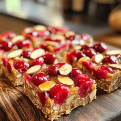 To make Cherry Almond Protein Bars, you need these key ingredients: - 1 cup pitted cherries (fresh or frozen) - 1 cup almond butter - 1/2 cup rolled oats - 1/4 cup honey or maple syrup - 1/2 cup vanilla protein powder - 1/4 cup sliced almonds - 1/4 teaspoon almond extract - 1/4 teaspoon salt - Optional: 2 tablespoons chia seeds These ingredients come together to create a delicious snack. The cherries provide sweetness and help bind the bars. Almond butter adds creaminess and healthy fats. Oats give a good chew, while protein powder boosts the nutrition. These bars pack a punch of nutrition. Here’s what each key ingredient brings: - Cherries: High in vitamins and antioxidants, which help keep you healthy. - Almond butter: Rich in protein and healthy fats, great for muscle recovery. - Rolled oats: Provide fiber for good digestion and long-lasting energy. - Honey or maple syrup: Natural sweeteners that also offer some vitamins. - Protein powder: Helps build and repair muscles, perfect for post-workout. - Sliced almonds: Add crunch and extra protein. When you eat these bars, you get energy and nutrients to fuel your day. If you have dietary needs, don’t worry! You can swap some ingredients: - Nut allergies: Use sunflower seed butter instead of almond butter. - Vegan option: Replace honey with agave syrup or more maple syrup. - Gluten-free: Make sure your rolled oats are labeled gluten-free. - Low-sugar: Use a sugar substitute like stevia for a lighter bar. These swaps let everyone enjoy Cherry Almond Protein Bars! To make your Cherry Almond Protein Bars, start by gathering your ingredients. You need: - 1 cup pitted cherries (fresh or frozen) - 1 cup almond butter - 1/2 cup rolled oats - 1/4 cup honey or maple syrup - 1/2 cup vanilla protein powder - 1/4 cup sliced almonds - 1/4 teaspoon almond extract - 1/4 teaspoon salt - Optional: 2 tablespoons chia seeds for added texture Now, preheat your oven to 350°F (175°C). Line an 8x8 inch pan with parchment paper. This will help you remove the bars easily later. In a medium saucepan, warm the almond butter and honey over low heat. Stir often to keep it smooth. In a mixing bowl, combine the pitted cherries and almond extract. Mash them lightly with a fork to let some juice out. Pour in the warm almond butter and honey mix. Stir well until everything is combined. Next, add the rolled oats, protein powder, sliced almonds, salt, and optional chia seeds. Mix until it forms a thick batter. Transfer this mixture to your prepared pan. Press it down evenly with a spatula. Bake for 15-20 minutes. Look for golden brown edges. For the best texture, do not overbake the bars. Keep an eye on them. If you bake too long, they can become dry. Make sure to press the mixture firmly into the pan. This helps the bars hold together better. Using almond butter adds creaminess. If you want a smoother texture, blend the almond butter first. Once your bars are done baking, let them cool in the pan for about 10 minutes. Then, lift them out using the parchment paper. Place the bars on a wire rack to cool completely. This step is key to keeping them from getting soggy. After they are cool, cut them into squares or rectangles. Store them in an airtight container to keep them fresh. You can find the full recipe in the previous section if you want to refer back to it. Enjoy your tasty Cherry Almond Protein Bars! To keep your Cherry Almond Protein Bars fresh, store them in an airtight container. This helps keep moisture out and keeps them tasty. You can keep them at room temperature for up to a week. If you want them to last longer, put them in the fridge. They can stay fresh for up to two weeks this way. You can add fun flavors to your protein bars. Consider mixing in some dark chocolate chips for a sweet touch. Dried fruits like cranberries or apricots work great too. For a crunch, try adding nuts or seeds. Just remember to adjust the amount so the bars hold together well. One common mistake is overcooking the bars. Watch them closely in the oven. They should be golden brown on the edges but still soft in the middle. If you bake them too long, they can become dry. Another mistake is not pressing the mixture firmly into the pan. This can lead to crumbly bars. Make sure to press it down evenly before baking. {{image_2}} You can change the fruit in these bars. Instead of cherries, use dried cranberries or blueberries. Banana works too, but it will add moisture. Apples or diced peaches can also bring a sweet twist. Each fruit gives a new taste and fun texture. While almond butter is great, feel free to switch it up. Peanut butter adds a rich flavor. Sunflower seed butter is perfect for nut-free diets. Cashew butter gives a creamy taste and blends well. Each nut butter can change the whole vibe of your bars. Make these bars vegan by using maple syrup instead of honey. For a gluten-free option, ensure you use gluten-free oats. You can also try adding a scoop of flaxseed meal for extra nutrition. These simple swaps keep the bars healthy and delicious for all diets. Check out the Full Recipe to get started! To keep your Cherry Almond Protein Bars fresh, use an airtight container. This method helps them stay moist and tasty. You can store them at room temperature for up to five days. For longer storage, consider the freezer. Always separate layers with parchment paper to avoid sticking. Freezing is a great option if you want to save some bars for later. First, wrap each bar tightly in plastic wrap. Then, place them in a freezer-safe bag. They can last in the freezer for up to three months. When you want to eat one, let it thaw in the fridge overnight. These bars have a good shelf life. You’ll notice they start to lose their taste and texture after a week. Look for signs like a change in color or smell. If they feel dry or crumbly, it’s best to toss them. Always trust your senses when it comes to food safety! Yes, you can skip the protein powder. Instead, use more oats or nut butter. This change keeps the bars tasty and healthy, but they will have less protein. To change serving sizes, scale the ingredients up or down. For example, if you want 24 bars, double all the ingredients. If you need 6 bars, halve them. Use a bigger or smaller pan to bake. Yes, these bars are great for meal prep. They stay fresh for a week in the fridge. You can also freeze them for longer. Just wrap each bar in plastic wrap. This makes it easy to grab one on busy days. Protein bars offer many health perks. They help with muscle recovery and keep you full longer. They also provide energy for workouts. The cherries add antioxidants, and the almonds give healthy fats. Plus, you get fiber from the oats. These benefits make Cherry Almond Protein Bars a smart snack choice. For the full recipe, check out the details above! You learned about the key ingredients for Cherry Almond Protein Bars, their health benefits, and how to adapt recipes. I shared step-by-step instructions to help you bake them perfectly. We covered best practices for storing, enhancing flavors, and avoiding mistakes. You discovered variations with fruits and nut butters, along with important storage tips. These bars are easy to make and can fit many diets. Enjoy creating your version with flavors you love! Your healthy snack is just a recipe away!