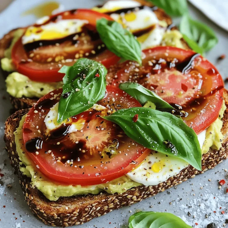 - 2 slices of whole-grain or sourdough bread - 1 ripe avocado - 1 medium-sized tomato, sliced - 1 ball of fresh mozzarella, sliced - 1 tablespoon extra virgin olive oil - 1 tablespoon balsamic reduction - Fresh basil leaves, for garnish - Salt and pepper to taste - A pinch of red pepper flakes (optional) Gathering the right ingredients is key to making great Caprese avocado toast. Look for fresh, ripe ingredients to ensure the best flavor. Start with whole-grain or sourdough bread. This type of bread gives a nice crunch and a hearty base. Next, you need a ripe avocado. It should feel slightly soft when you press it. Choose a medium-sized tomato. A juicy, flavorful tomato adds freshness. For the creamy element, pick fresh mozzarella. It should be soft and moist. Extra virgin olive oil adds richness, while balsamic reduction brings a sweet tang. Fresh basil leaves make everything pop with flavor. Finally, season with salt, pepper, and red pepper flakes for a touch of heat if you like. - Toaster or oven - Mixing bowl - Fork for mashing You will need a few simple tools to make this dish. A toaster or oven helps toast the bread until it’s golden and crisp. A mixing bowl is great for mashing the avocado. A fork makes mashing easy and lets you control the texture. With these tools and ingredients, you are ready to make a delicious Caprese avocado toast. For a detailed guide, check out the Full Recipe. Toasting the bread is key for this dish. You want it golden and crispy. This gives a firm base for the toppings. Start by using whole-grain or sourdough bread. Place the slices in a toaster or oven. Toast until you see a light brown color. If you want, you can brush a bit of olive oil on the bread before toasting. This adds flavor and helps with crispiness. While the bread toasts, prepare the avocado. Cut it in half and remove the pit. Scoop the green flesh into a bowl. Use a fork to mash it lightly. You want some chunkiness for a nice texture. Add a pinch of salt and pepper to bring out the flavor. If you like heat, sprinkle some red pepper flakes in, too. This step makes your avocado tasty and bright. Now it's time to layer your ingredients. Start with the toasted bread. Spread the mashed avocado evenly on each slice. Next, place the tomato slices on top. Follow with the fresh mozzarella slices. Layering this way keeps everything balanced. Make sure each bite has all the flavors. This is important for a great taste experience. For the final touches, drizzle extra virgin olive oil over the top. Then add balsamic reduction for a sweet kick. This step makes the dish shine. Finally, add fresh basil leaves as a garnish. They give a fresh look and taste. It’s all about those finishing touches that make your Caprese Avocado Toast special. Enjoy it right away, while everything is warm and fresh. You can find the full recipe at the start of this article. To make the best Caprese Avocado Toast, start with your ingredients. - Signs of a perfect avocado: Look for avocados that are firm but yield slightly when you press them. A ripe avocado should have smooth skin and be dark green. Avoid any with large brown spots or wrinkles. - Selecting fresh mozzarella and tomatoes: Choose mozzarella that feels soft and moist. Look for a creamy texture. For tomatoes, pick ones that are bright and fragrant. A medium-sized tomato should feel heavy for its size. The bread can make or break your toast. - Avoiding soggy bread: Toast the bread until it's golden and crispy. This helps keep the toppings from making it soggy. If you use bread that is too fresh, it can lose its crispness quickly. - Best toasting methods: You can use a toaster or an oven. For a crispier finish, try baking the bread in the oven for a few minutes at 400°F (200°C). Adding extra flavors can make your toast even better. - Suggested spices and additional toppings: Sprinkle some red pepper flakes for heat. You can also add a pinch of garlic powder for extra flavor. Drizzling with balsamic reduction adds a sweet and tangy taste. - Adjusting for different palates: If you prefer milder flavors, skip the red pepper flakes. You can also experiment with other herbs, like oregano or chives, if basil isn't your favorite. Now, you are ready to create your own Caprese Avocado Toast masterpiece. For the full recipe, check out the [Full Recipe]. Enjoy your cooking! {{image_2}} You can swap the bread for different types. Try a bagel or pita for a fun twist. If you want a gluten-free option, use corn tortillas or gluten-free bread. For a vegan delight, try dairy-free mozzarella made from nuts or tofu. This keeps the dish creamy without any dairy. Incorporating seasonal veggies can bring new life to your toast. Roasted peppers add a sweet and smoky flavor. In the spring, add fresh asparagus for a crunchy bite. For a hearty breakfast, top your toast with a poached egg. The runny yolk adds richness and pairs well with the other flavors. Don't just stick to basil! Try using cilantro or parsley for a fresh taste. If you like heat, add some sliced jalapeños. These spicy peppers give your toast a kick that wakes up your taste buds. With these options, you can create endless variations of Caprese avocado toast. Enjoy experimenting with your flavors! To keep your Caprese avocado toast fresh, store the ingredients separately. If you have leftover toast, place it in an airtight container. It will stay good for one day. If you haven't toasted the bread yet, you can store it in a cool, dry place. You can keep the ripe avocado in the fridge, wrapped in plastic. It will last for one to two days. Store the sliced mozzarella and tomato in their original packaging or in a sealed container. This helps maintain their freshness for up to three days. When reheating toast, use an oven or toaster. Set the oven to 350°F (175°C) and heat for about five minutes. This method keeps the toast crispy. Avoid using the microwave. It makes the bread soggy and chewy. If you've stored the avocado mix, only add it to fresh toast. This way, you won’t lose that creamy texture. Always enjoy your Caprese avocado toast fresh. For the best taste, eat it right after making it. For more details on how to prepare this delicious dish, check out the Full Recipe. To make this dish, follow these steps: 1. Toast the bread: Start by toasting two slices of whole-grain or sourdough bread until they are golden and crispy. 2. Prepare the avocado: Cut a ripe avocado in half. Remove the pit and scoop the flesh into a bowl. Mash it with a fork, leaving some chunks. Add salt, pepper, and red pepper flakes if you like heat. 3. Layer the ingredients: Spread the mashed avocado evenly on the toasted bread. 4. Add tomato and mozzarella: Layer sliced tomatoes over the avocado. Then, place slices of fresh mozzarella on top. 5. Drizzle and garnish: Drizzle extra virgin olive oil and balsamic reduction over the toast. Add fresh basil leaves for a pop of color. 6. Final seasoning: Sprinkle more salt and pepper to taste. 7. Serve immediately: Enjoy your Caprese Avocado Toast while it's warm and crispy. This recipe offers several health benefits: - Avocado: Packed with healthy fats, fiber, and vitamins. It supports heart health and aids digestion. - Tomato: Rich in vitamins C and K, tomatoes boost your immune system and skin health. - Mozzarella: A good source of protein and calcium, mozzarella supports bone health. - Basil: This herb has antioxidants and can help reduce inflammation. - Olive oil: Contains healthy fats and can lower bad cholesterol levels. Together, these ingredients create a tasty and nutritious meal. You can prepare some components in advance: - Avocado: You can mash the avocado a few hours ahead. Store it in an airtight container with a bit of lemon juice to prevent browning. - Tomato and mozzarella: Slice these ingredients ahead and store them in the fridge. - Toasting bread: Toast the bread just before serving for the best texture. For the best taste, assemble the toast right before you eat it. This keeps the bread crispy and fresh. For the full recipe, check out the provided link! In this post, we explored the key ingredients for a delicious Caprese Avocado Toast, from the essential elements to various tips for perfecting your toast. Remember, toasting the bread well, mashing the avocado right, and layering your ingredients can elevate your meal. Experiment with variations, storage tips, and personal touches to make it your own. Enjoying this simple yet tasty dish can bring joy to your kitchen. Simple steps lead to great flavors, so dive in and create your unique version today.