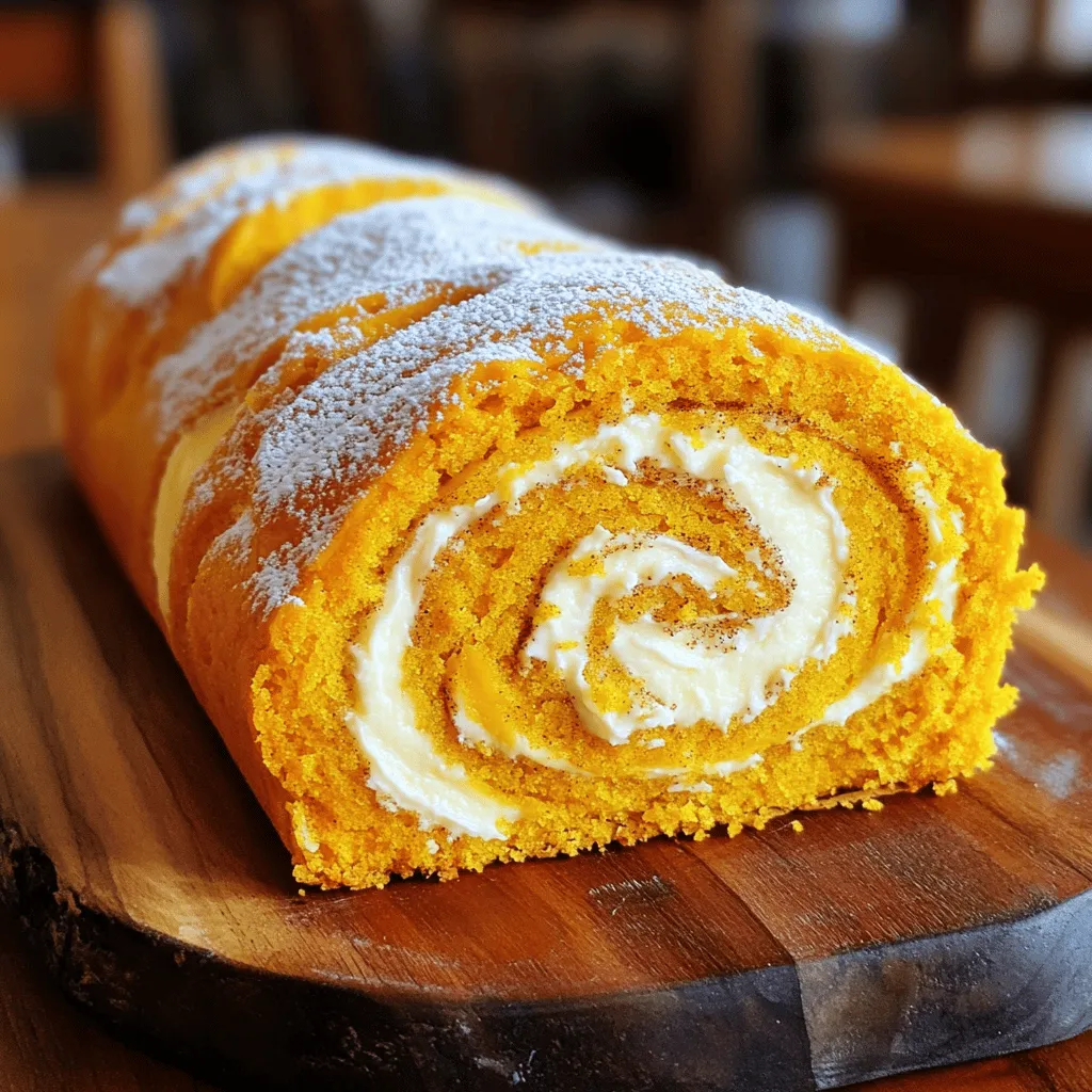 - 3/4 cup all-purpose flour - 1 teaspoon baking powder - 1/2 teaspoon baking soda - 1 teaspoon cinnamon - 1/2 teaspoon nutmeg - 1/4 teaspoon cloves - 1/4 teaspoon salt - 3 large eggs - 1 cup granulated sugar - 1 cup canned pumpkin puree - 1 teaspoon vanilla extract The main ingredients for the pumpkin cream cheese roll are simple and easy to find. The all-purpose flour forms the base of the cake. Baking powder and baking soda help it rise. The warm spices like cinnamon, nutmeg, and cloves bring great flavor. Sugar and pumpkin puree add sweetness and moisture. Eggs help bind everything together, while vanilla extract adds a lovely aroma. - 8 oz cream cheese, softened - 1/2 cup powdered sugar - 1 teaspoon vanilla extract - 1 tablespoon lemon juice For the cream cheese filling, you need softened cream cheese. The powdered sugar makes it sweet and smooth. Vanilla extract boosts the flavor, and lemon juice adds a nice zing. This filling balances the sweet pumpkin roll perfectly. - Powdered sugar for dusting - Whipped cream or cinnamon sprinkle Optional garnishes can elevate your presentation. A light dusting of powdered sugar makes the roll look fancy. Whipped cream adds creaminess, and a sprinkle of cinnamon gives a warm touch. These simple additions make your pumpkin cream cheese roll even more delightful. Check out the Full Recipe for a complete guide! 1. Preheat the Oven: Set your oven to 350°F (175°C). Line a 15x10-inch jelly roll pan with parchment paper. Lightly grease it with cooking spray. 2. Mix Dry Ingredients: In a medium bowl, whisk together these dry items: - 3/4 cup all-purpose flour - 1 teaspoon baking powder - 1/2 teaspoon baking soda - 1 teaspoon cinnamon - 1/2 teaspoon nutmeg - 1/4 teaspoon cloves - 1/4 teaspoon salt In a large bowl, beat together the eggs and sugar until thick and pale. 3. Add Pumpkin and Vanilla: Stir in 1 cup of canned pumpkin puree and 1 teaspoon of vanilla extract into the egg mixture until blended well. 4. Combine Wet and Dry: Gradually fold the dry mix into the wet mix. Use a spatula to mix until just combined. Do not overmix. 5. Spread the Batter: Pour the batter into the prepared pan. Spread it evenly to the edges. 6. Bake: Place the pan in the oven and bake for 15-20 minutes. The cake is done when it springs back when touched. 7. Cooling Procedure: Remove the cake from the oven. Flip it out onto a clean kitchen towel dusted with powdered sugar. Gently peel off the parchment paper. 8. Make the Cream Cheese Filling: In a medium bowl, beat together these ingredients until smooth: - 8 oz cream cheese, softened - 1/2 cup powdered sugar - 1 teaspoon vanilla extract - 1 tablespoon lemon juice 9. Filling the Cake: Once the cake is cool, unroll it gently. Spread the cream cheese filling evenly over the surface. 10. Re-Roll: Carefully roll the cake back up without the towel. Keep the filling inside. Wrap it in plastic wrap and refrigerate for at least 1 hour to set. Now you have a delightful Pumpkin Cream Cheese Roll! For the full recipe, refer back to the main section. Enjoy your baking! - Overmixing the batter: If you mix too much, your cake can turn dense and tough. Aim to fold in the dry ingredients until just combined. - Not cooling the cake properly: Cooling is key. If you skip this step, your cake may crack when you roll it. Always let the cake cool completely in the towel. - Using a towel to roll: A clean kitchen towel makes rolling easy. Dust it with powdered sugar before placing the cake on it. This helps prevent sticking. - Tips for a tight roll: Start rolling from the short end. Roll it up tightly but gently. A tight roll gives the cake better shape. - Suggestions for spice adjustments: You can add more cinnamon or nutmeg for a stronger flavor. Try a pinch of ginger for extra warmth. - Ideas for making it moist: Using extra pumpkin puree or a bit of applesauce can add moisture. This keeps your roll soft and delicious. For the full recipe, check out the [Full Recipe]. {{image_2}} You can have fun with your pumpkin cream cheese roll. Try adding chocolate or cocoa to the batter. This gives a rich twist to the classic flavor. You can also mix in nuts or dried fruits. Walnuts or cranberries add texture and taste. These seasonal adaptations let you explore new tastes while keeping the spirit of fall. Switching up the cream cheese filling is a great idea. You can use flavored cream cheese like maple or vanilla. This will add a nice depth to the roll. If you're looking for a dairy-free option, vegan cream cheese works well too. Look for brands that taste creamy and smooth. These alternative fillings can make your roll unique and special. Pair your pumpkin cream cheese roll with delightful side dishes. A simple salad can balance the sweetness. You might also serve it with a scoop of vanilla ice cream for extra richness. For drinks, coffee or tea works perfectly. They enhance the flavors and make a cozy treat. Enjoy these ideas to make your pumpkin roll even more delightful! To keep your leftover pumpkin cream cheese roll fresh, store it in the fridge. Wrap the roll tightly in plastic wrap. This helps it last for about 3 to 5 days. If you want to save it longer, freeze it. Slice the roll first, and then wrap each piece in plastic wrap. Place these in a freezer bag or container. The roll should stay good for up to 3 months in the freezer. You can serve the pumpkin roll chilled or at room temperature. If you prefer it warm, heat it gently. For the microwave, set it for 10 to 15 seconds. Check if it's warm enough to your liking. If not, heat it a bit longer. If you use the oven, preheat it to 350°F (175°C). Place the roll in for about 10 minutes. This method keeps the roll moist, and the cream cheese filling stays creamy. When storing, keep the roll wrapped well. This helps prevent it from drying out. If you decorate the roll, like with powdered sugar, do this right before serving. Storing it with decorations may cause them to get soggy or messy. For best results, add any garnishes just before you enjoy the roll. A Pumpkin Cream Cheese Roll can last about 3 to 4 days in the fridge. Store it in an airtight container to keep it fresh. If you want to keep it longer, you can freeze it for up to 3 months. Just wrap it well in plastic wrap and then in foil. Yes, you can make this recipe dairy-free. Use dairy-free cream cheese and a plant-based milk instead of regular cream cheese. Also, check that the other ingredients do not have dairy. This way, you can enjoy the roll without dairy. You can serve it with whipped cream or a scoop of vanilla ice cream. A cup of coffee or tea also pairs well. For a fun twist, add a sprinkle of cinnamon on top. This makes it look pretty and taste great! Yes, homemade pumpkin puree works well. Just make sure it is thick and not too watery. Drain any excess moisture if needed. This gives a rich flavor to your roll, making it even more special. The roll is ready when the top springs back when touched lightly. It should also look set and slightly golden. If you insert a toothpick, it should come out clean. Avoid overbaking to keep it moist and fluffy. You learned how to make a delightful Pumpkin Cream Cheese Roll from start to finish. We covered key ingredients, step-by-step instructions, and helpful tips. Remember to avoid common mistakes and try fun variations. This roll can impress at any gathering or simply satisfy your sweet tooth. Enjoy each bite and share your tasty creation with others!