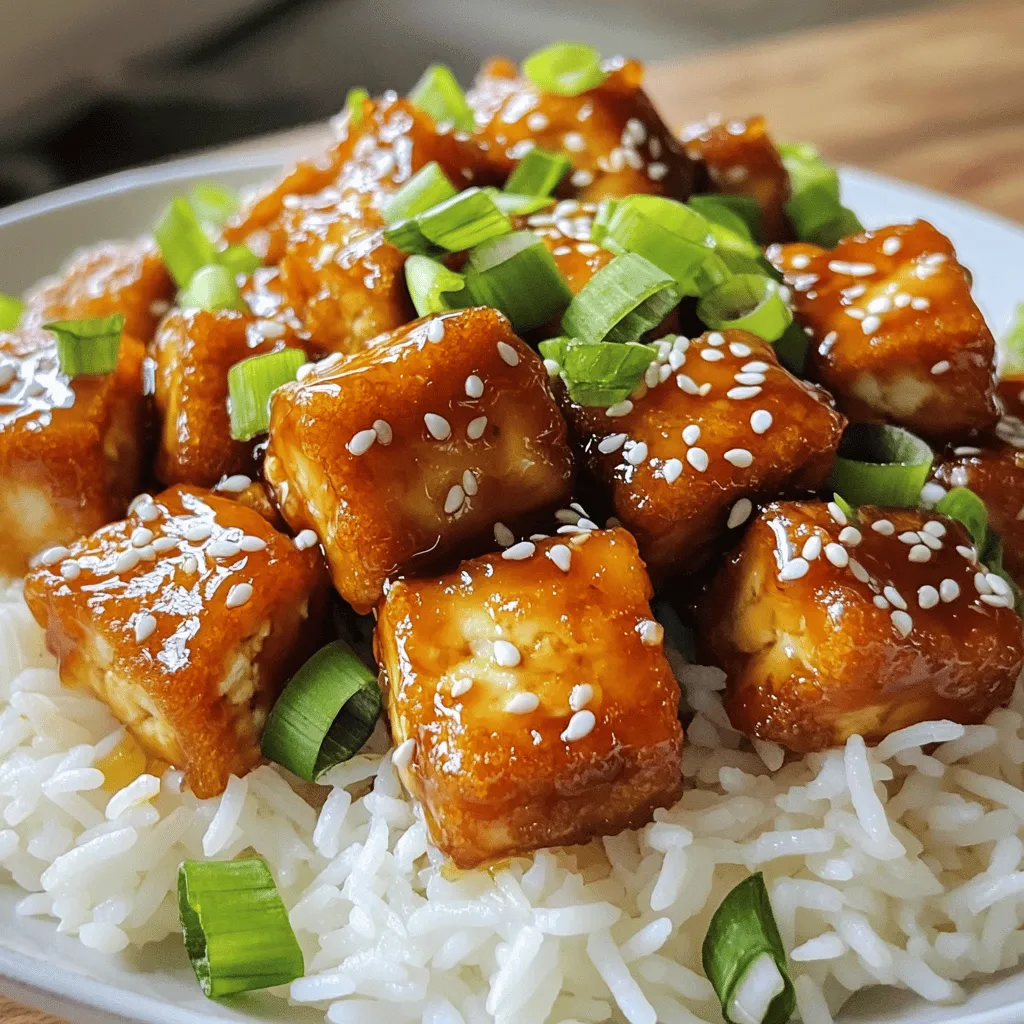 - 14 oz firm tofu, drained and pressed - 3 tablespoons cornstarch - 2 tablespoons vegetable oil - 3 cloves garlic, minced - 1/4 cup honey (or maple syrup for a vegan option) - 2 tablespoons soy sauce - 1 tablespoon rice vinegar - 1 teaspoon fresh ginger, grated - 1 teaspoon sesame oil - Green onions, sliced (for garnish) - Sesame seeds (for garnish) The key to this dish is the balance of flavors. Firm tofu works best. It holds its shape and absorbs the sauce well. Cornstarch gives the tofu a crispy exterior. This crunch makes each bite satisfying. For the sauce, garlic adds warmth. Honey or maple syrup brings sweetness. Soy sauce adds umami, making it rich. Rice vinegar gives a bit of tang. Ginger adds freshness and a slight zing. Sesame oil rounds it all out with its nutty flavor. Garnishes like green onions and sesame seeds add color and crunch. They make the dish look inviting and taste even better. Check out the Full Recipe for precise amounts and tips on cooking this dish to perfection. - Cut the pressed tofu into 1-inch cubes. - Toss the cubed tofu with cornstarch until evenly coated. First, you need to prepare the tofu. Start by cutting your firm tofu into 1-inch cubes. This size helps it cook evenly and get crispy. Then, toss the cubes in cornstarch until they are well coated. The cornstarch gives the tofu a nice crunch when you fry it. - Heat vegetable oil in a non-stick skillet over medium-high heat. - Cook tofu cubes until golden brown and crispy. Next, heat vegetable oil in a non-stick skillet over medium-high heat. Once the oil is hot, carefully add the tofu cubes in a single layer. Cook the tofu until it turns golden brown and crispy, about 3-4 minutes on each side. Make sure not to crowd the pan. This helps each piece get that perfect crispiness. - Sauté minced garlic in the skillet. - Whisk together honey, soy sauce, rice vinegar, grated ginger, and sesame oil. - Simmer the sauce until slightly thickened. After cooking the tofu, lower the heat to medium and add minced garlic to the same skillet. Sauté the garlic for about 30 seconds until it smells great. In a small bowl, whisk together honey, soy sauce, rice vinegar, grated ginger, and sesame oil. Pour this mixture into the skillet with the garlic and let it simmer for about 2 minutes. This thickens the sauce and makes it rich and flavorful. - Toss the crispy tofu with the honey garlic sauce. - Cook for an additional few minutes until heated through. Finally, add the crispy tofu back into the skillet. Toss it well in the honey garlic sauce until it is fully coated. Cook everything together for another 2 minutes to heat through. This step locks in all the flavors, making every bite delicious. For the full recipe, check out the detailed instructions to impress your family and friends! - Best oils for frying tofu: I like to use vegetable oil or canola oil. They have high smoke points and work well for frying. You can also try peanut oil for a nutty taste. - How to achieve extra crispiness: To make your tofu extra crispy, coat it well in cornstarch. Make sure to press the tofu well to remove moisture. Fry it in a hot pan, giving each piece space to cook evenly. - Suggestions for additional herbs and spices: You can add chili flakes for heat or fresh basil for a different twist. Try adding black pepper for a bit of spice, too. Don’t be afraid to experiment with what you have. - Leftover sauce ideas: If you have extra sauce, use it as a dressing for salads or drizzle it over steamed veggies. It’s great for adding flavor to rice or quinoa dishes, too. - Pairing with jasmine rice or quinoa: Serve your crispy honey garlic tofu over a bed of jasmine rice or fluffy quinoa. Both options soak up the sauce well and make the meal more filling. - Complementary side dishes: For sides, consider stir-fried bok choy or steamed broccoli. A fresh cucumber salad adds a nice crunch. You can also serve it with a light soup for a complete meal. {{image_2}} To make this dish vegan, swap the honey for maple syrup. Maple syrup has a similar sweetness. You can also use agave nectar or brown rice syrup for a tasty twist. These options give you that rich flavor without using any animal products. If you want to change up the protein, try tempeh or seitan. Tempeh has a nutty taste, while seitan is chewy and hearty. Both cook quickly, but you may need to adjust the cooking time. Tempeh takes about 6-7 minutes, while seitan might take 4-5 minutes to brown nicely. Want to spice things up? Add chili flakes to the sauce for heat. You can also use chili garlic sauce for extra flavor. Mix in seasonal vegetables like bell peppers or broccoli for added nutrition. They cook quickly and make the dish colorful and healthy. After cooking your crispy honey garlic tofu, let it cool down first. Cooling helps prevent moisture build-up, which can make the tofu soggy. Place it on a plate lined with paper towels to absorb extra oil. Once it’s cool, transfer it to a container. Use a glass or plastic container with a tight lid. This keeps the tofu fresh and flavorful. To store leftovers, place the tofu in the fridge within two hours of cooking. It stays good for about three to four days. If you want to freeze it, first cut the tofu into pieces. Wrap it tightly in plastic wrap and place it in a freezer bag. When you're ready to eat, thaw it in the fridge overnight. To reheat, bake or pan-fry until crispy again. You can also microwave it, but it might not be as crispy. In the fridge, crispy honey garlic tofu lasts about three to four days. Look for signs of spoilage before eating. If it smells off or has a slimy texture, throw it out. Proper storage helps maintain its taste and quality. Enjoy your leftovers while they’re fresh! For the full recipe, check out the details shared earlier. To make crispy tofu, start with firm tofu. Drain and press it to remove excess water. This step is key for texture. Cut the tofu into 1-inch cubes. Coat these cubes in cornstarch to create a crispy crust. Use a hot non-stick skillet with oil for frying. Cook each side until golden brown, about 3-4 minutes. This method locks in moisture and gives you a crunchy bite. Yes, you can make honey garlic tofu in advance. Prepare the tofu and sauce separately. Store the tofu in an airtight container in the fridge. Keep the sauce in another container. When ready to eat, reheat the tofu in a skillet. Add the sauce to warm it up. This method keeps your dish fresh and tasty. Crispy honey garlic tofu pairs well with many sides. Jasmine rice or quinoa is a great base. They soak up the sauce and add flavor. You can also add steamed veggies like broccoli or snap peas. A simple salad with a tangy dressing works well too. These sides enhance the meal's balance and nutrition. Yes, this recipe can be gluten-free. Use gluten-free soy sauce instead of regular soy sauce. Brands like Tamari offer a great option. Always check the label to be sure. This swap keeps the dish safe for those with gluten allergies. You can adjust the sweetness of the sauce. Use less honey if you want it less sweet. Maple syrup is a great vegan option that can also work. If you prefer, try adding a sugar substitute like agave. Taste the sauce as you go to find the balance you like best. This recipe for crispy honey garlic tofu combines simple ingredients and easy steps. You learned how to make a tasty dish using tofu, a delicious sauce, and helpful tips. Don’t forget to try variations and explore different proteins. Storing leftovers properly helps to keep your food fresh. Experiment with flavors and serving options to make this dish yours. Cooking should be fun and tasty! Enjoy your cooking adventure with crispy honey garlic tofu.