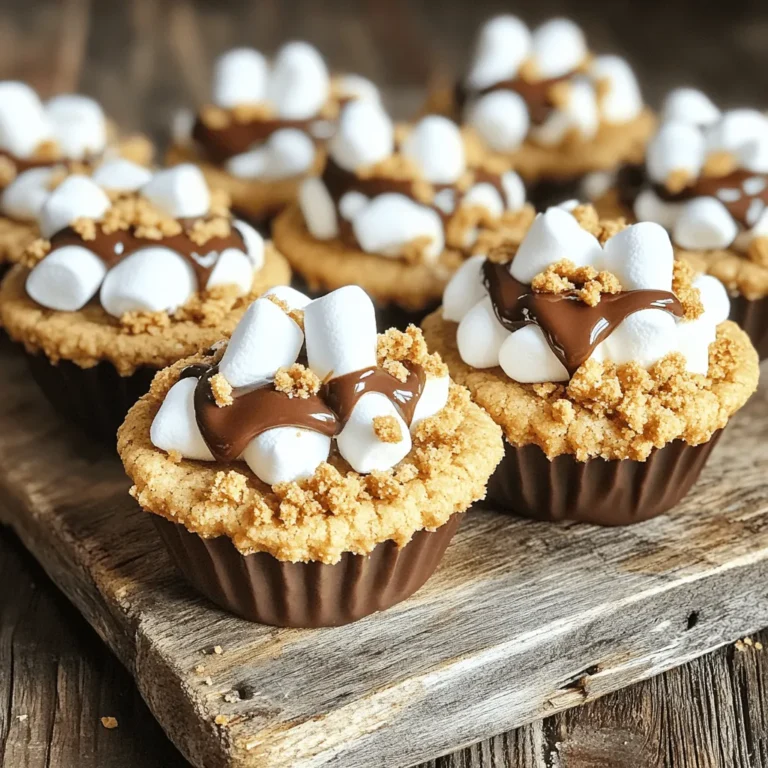 - 1 cup all-purpose flour - 1/2 teaspoon baking soda - 1/4 teaspoon salt - 1/2 cup unsalted butter, softened - 1/2 cup brown sugar, packed - 1/4 cup granulated sugar - 1 large egg - 1 teaspoon vanilla extract - 1 cup graham cracker crumbs - 1 cup mini chocolate chips - 1 cup mini marshmallows To make S'mores Cookie Cups, you need some key ingredients. Each one adds flavor and texture. Flour gives structure. You want all-purpose flour for the best results. Baking soda helps the cookie rise. It keeps them soft and chewy. Salt enhances the taste. Use just a little bit for balance. Next, unsalted butter is key. Softened butter makes mixing easy and keeps cookies moist. Brown sugar adds a rich taste, while granulated sugar gives sweetness. Both sugars work together for the perfect cookie. You’ll also need one egg. It binds everything and adds moisture. Don't forget vanilla extract for flavor. It's a must-have in baked goods. Graham cracker crumbs create that classic s'mores flavor. They add crunch and sweetness. Mini chocolate chips bring richness and melt beautifully. Lastly, mini marshmallows are the star. They puff up during baking and give that gooey texture we love. Gather these ingredients for a delicious treat. For the Full Recipe, check out the complete instructions! 1. Preheat your oven to 350°F (175°C). 2. Grease a muffin tin with cooking spray or use paper liners. 1. In a medium bowl, combine the flour, baking soda, and salt. 2. In a large bowl, mix the softened butter, brown sugar, and granulated sugar until creamy. 1. Add the egg and vanilla extract to the butter mixture and mix well. 2. Slowly add the dry mix from the medium bowl to the wet mix. Stir until combined. 3. Fold in the graham cracker crumbs and mini chocolate chips until even. 4. Use a cookie scoop or tablespoon to place rounded dough balls into the muffin tin. Press down to shape them into cups. 5. Bake in the preheated oven for 10-12 minutes, or until the edges turn golden. 6. Remove the tin and quickly add mini marshmallows on top of each cookie cup. 7. Put the cookie cups back in the oven for 2-3 minutes, until the marshmallows puff up and turn golden. 8. Let the cookie cups cool in the pan for about 5 minutes. Then, move them to a wire rack to cool completely. For the Full Recipe, follow the outlined steps carefully. Enjoy your delicious S'mores Cookie Cups! To get the perfect cookie texture, use softened butter. This makes the dough creamy and helps the cookies rise. You also want to mix the dough just until combined. Over-mixing can lead to tough cookies. To prevent sticking in the muffin tin, grease it well. Use cooking spray or butter to coat each cup. You can also use paper liners for easy removal. They help keep the cookie cups intact. The best way to serve S'mores Cookie Cups is warm. The marshmallows should be gooey and the chocolate melty. This makes each bite a tasty treat. For garnishing, drizzle melted chocolate over the top. Sprinkle extra graham cracker crumbs for crunch. You can also add a few mini marshmallows on top as a fun touch. One common mistake is over-baking the cookie cups. Keep an eye on them as they bake. They should be lightly golden around the edges. Another mistake is not measuring ingredients accurately. Use a kitchen scale or measuring cups. This will help ensure your cookie cups turn out great. If they spread too much, try chilling the dough before baking. {{image_2}} You can switch up the chocolate in your S'mores Cookie Cups. Dark chocolate adds a rich taste. White chocolate brings a sweet, creamy flavor. You can also try milk chocolate for that classic s'mores vibe. Adding nuts like walnuts or pecans can give a nice crunch. You can even sprinkle sea salt on top for a sweet and salty mix. Don't be afraid to get creative with your toppings! Want a gluten-free version? Use gluten-free flour instead of all-purpose flour. This change keeps the taste and texture just right. For a vegan option, swap butter for coconut oil or vegan butter. You can use a flax egg instead of a regular egg. Just mix one tablespoon of ground flaxseed with three tablespoons of water, let it sit, and you’re good to go! You can customize S'mores Cookie Cups for any holiday! For Halloween, add orange sprinkles or top with candy corn. During Christmas, use peppermint bits for a fresh twist. You could even add colored chocolate to match the holiday spirit. For summer, try adding fresh fruit, like strawberries, for a delightful change. The options are endless, making these cookie cups fun for all seasons! To keep your S'mores Cookie Cups fresh, use an airtight container. Place parchment paper between layers to prevent sticking. Store them at room temperature for best results. If you live in a humid area, keep them in the fridge. This helps maintain their texture and taste. Freezing S'mores Cookie Cups is easy. Follow these steps: 1. Allow the cookie cups to cool completely. 2. Place them on a baking sheet in a single layer. 3. Freeze for 1-2 hours until firm. 4. Transfer them to a freezer-safe bag or container. 5. Label with the date and type. This way, your cookie cups stay fresh for up to three months. S'mores Cookie Cups last about 3-5 days at room temperature. They stay fresh for about a week in the fridge. For longer storage, freezing is best. Just remember to thaw them at room temperature before enjoying. S'mores Cookie Cups are a fun twist on the classic campfire treat. They combine cookie dough, chocolate, and marshmallows in a cup shape. The cookie base is soft and chewy, while the chocolate melts perfectly. The marshmallows on top add a sweet, gooey finish. Each bite is a delightful mix of flavors and textures. Kids and adults love these tasty treats. They are great for parties or just a fun snack at home. Yes, you can prepare S'mores Cookie Cups in advance. Make the dough and shape it into cups. Store them in the fridge for up to two days before baking. You can also bake them fully and let them cool. Store baked cups in an airtight container for up to three days. To serve later, reheat them in the oven for a few minutes. This brings back their soft texture and warm flavors. You can easily swap some ingredients in this recipe. If you're out of all-purpose flour, try using almond flour or oat flour. These options change the flavor but keep the texture. For butter, coconut oil or vegan butter works well. If you want a healthier sweetener, use honey or maple syrup instead of sugar. Each swap may change the taste, so experiment to find your favorite mix. In this post, we covered how to make delicious S'mores Cookie Cups. We listed ingredients, tools, and provided easy steps to bake them. You learned tips for great texture and common mistakes to avoid. With different variations and storage tips, you can customize this treat to fit your needs. Remember, S'mores Cookie Cups are fun and tasty. Now, grab your ingredients and start baking! Enjoy your treat, share with friends, and get creative with flavors. You have all you need to impress everyone.