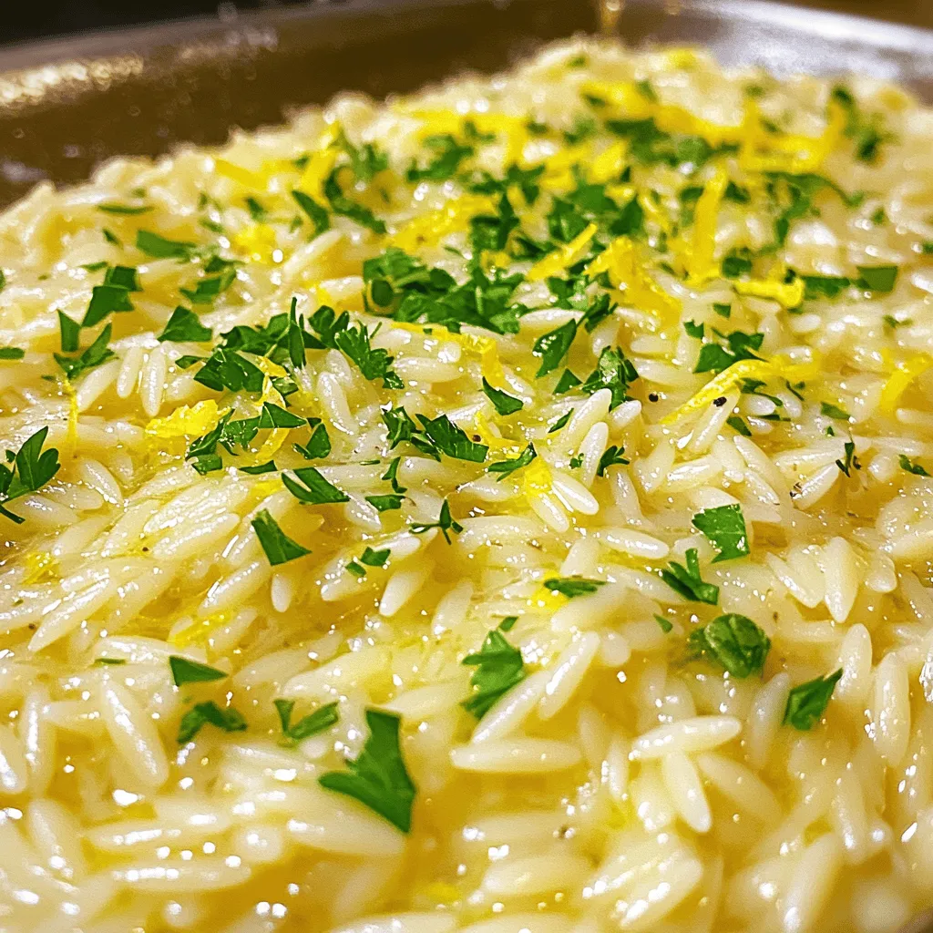 Here’s what you need for Lemon Parmesan Orzo. These ingredients blend to create a bright and creamy dish. - 1 cup orzo pasta - 2 tablespoons olive oil - 1 small onion, finely chopped - 2 cloves garlic, minced - 2 cups vegetable broth - Zest of 1 lemon - 1/4 cup freshly squeezed lemon juice - 1/2 cup grated Parmesan cheese - 1/4 teaspoon black pepper - Salt to taste - Fresh parsley, chopped (for garnish) Each ingredient plays a key role. The orzo pasta acts as the base. Olive oil adds richness, while onion and garlic offer depth. Vegetable broth brings flavor and moisture. Lemon zest and juice provide bright, fresh notes. Parmesan cheese gives a creamy touch. Black pepper adds subtle heat, and salt brings all flavors together. Finally, fresh parsley gives a pop of color and fresh taste. For a full experience, try the Full Recipe to see how these ingredients come together in a delightful way. - Bring vegetable broth to a gentle simmer. - Heat olive oil and sauté onion until translucent. - Add minced garlic and cook until fragrant. Start by simmering your vegetable broth in a medium pot over low heat. This helps it warm up and flavors the orzo. In a large skillet, heat the olive oil over medium heat. Toss in the finely chopped onion. Cook it for about 3-4 minutes. You want it to turn soft and clear. Next, add the minced garlic. Cook it for just one minute until it smells great. - Toast orzo pasta in the skillet. - Pour in simmering broth and boil, then reduce heat to medium-low. - Cover and cook until the liquid is absorbed and pasta is tender. Now, stir in the orzo pasta. Toast it in the skillet for about two minutes. This step adds a nice flavor. After that, pour in the warm vegetable broth. Bring the mix to a boil. Once it boils, reduce the heat to medium-low and cover the skillet. Cook for 10-12 minutes. Stir it occasionally. You want the liquid to soak up and the pasta to be soft. - Stir in lemon zest, lemon juice, and Parmesan cheese. - Season with black pepper and salt to taste. - Adjust creaminess with extra olive oil or broth if desired. When the orzo is ready, remove it from the heat. Stir in the lemon zest and juice. Add the grated Parmesan cheese next. This adds a rich flavor. Season with black pepper and salt to taste. If you want it creamier, stir in a bit more olive oil or broth. Your Lemon Parmesan Orzo is now ready to serve! For the full recipe, check the ingredient list above. - Use low-sodium vegetable broth for better control of saltiness. This keeps your dish tasty without being too salty. - Toasting orzo can enhance its flavor. Just cook it in oil for a bit before adding liquid. - Stir occasionally to ensure even cooking. This helps the orzo cook perfectly and not stick together. - Serve warm as a side or main dish. This orzo is great at any meal. - Pair with grilled chicken or vegetables for a complete meal. The flavors work well together. - Garnish with extra Parmesan and fresh parsley for presentation. It makes your dish look and taste even better. For the full recipe, check out the detailed steps to make this dish shine. {{image_2}} To make Lemon Parmesan Orzo even better, you can add some fun ingredients. - Spinach or Kale: Toss in a handful for a nutrition boost. - Cherry Tomatoes: Cut them in halves for a sweet burst in each bite. - Feta Cheese: Swap out Parmesan for feta to try a new flavor. If you want to change the dish for different diets, here are some ideas. - Vegan Option: Use nutritional yeast in place of cheese for a tasty twist. - Gluten-Free: Switch out orzo for gluten-free pasta to keep it friendly. - Herb Variations: Try fresh herbs like basil or thyme to change the taste. These variations let you enjoy Lemon Parmesan Orzo in many ways, keeping it fresh and fun while using the Full Recipe as your base. After enjoying your Lemon Parmesan Orzo, let it cool completely. This step is key to keeping the dish fresh. Store the orzo in an airtight container. It will stay good in the fridge for up to 3 days. If you want to keep it longer, freezing is a great option. It can last in the freezer for up to 1 month. When it's time to reheat, I suggest using the stovetop. Add a splash of vegetable broth to keep it moist. Stir it often to help heat evenly. You can also use a microwave if you prefer. Just cover the bowl to stop it from drying out. Stir occasionally while reheating for the best results. Cooked orzo lasts for about 3 days when properly stored. Keep it in a tight container. This helps keep it fresh and tasty. If you see any mold, throw it away. Yes, whole wheat orzo can be used for a healthier option. It adds more fiber to your meal. The taste is slightly nutty, which can be a nice twist. It pairs well with grilled meats, roasted vegetables, or salads. Grilled chicken or fish is a great match. Roasted broccoli or carrots add color and flavor. A fresh garden salad brightens the plate. For the full recipe, check out the earlier section. This recipe for Lemon Parmesan Orzo combines rich flavors and easy steps. You start with basic ingredients, like orzo, garlic, and lemon, then add your twist with toppings and variations. Remember, toasting the orzo and choosing the right broth can make a big difference. Enjoy this dish warm as a side or main course. With careful storage, leftovers can bring joy for days. Explore different ingredients to keep it fresh. Whether vegan, gluten-free, or not, this orzo can fit your taste. Happy cooking!