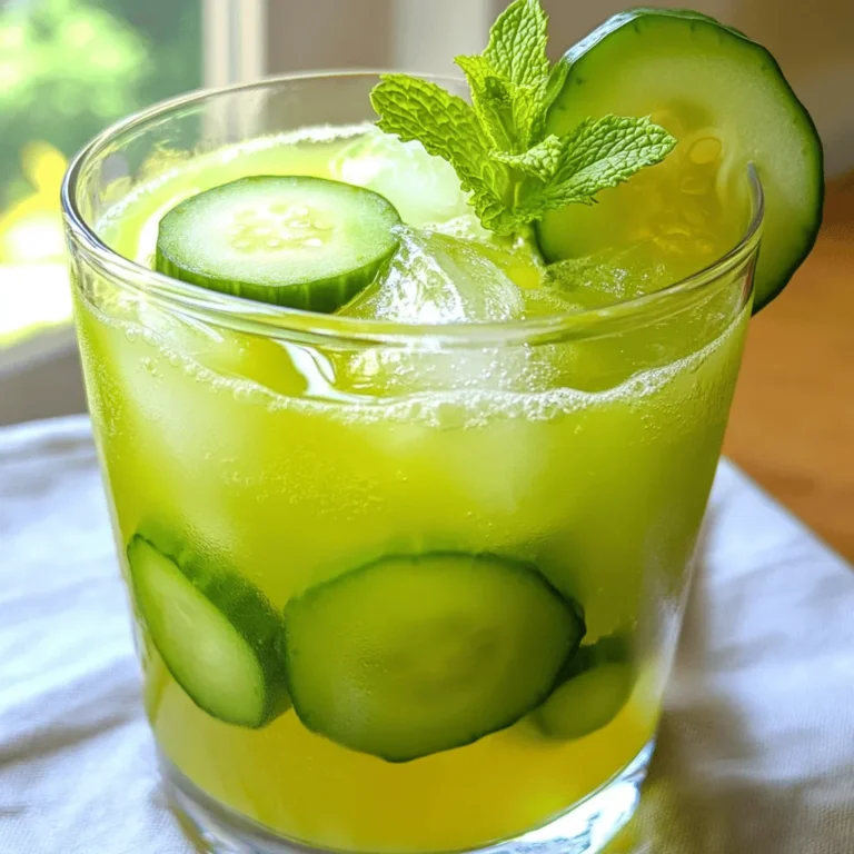 To make the Honeydew Cucumber Cooler, gather these fresh ingredients: - 2 cups honeydew melon, cubed - 1 large cucumber, peeled and diced - 1 cup coconut water - 2 tablespoons lime juice - 1 tablespoon honey (optional) - Fresh mint leaves for garnish - Ice cubes These ingredients work together to create a cool, refreshing drink. Honeydew melon brings sweetness, while cucumber adds a crisp touch. Coconut water adds a hint of tropical flavor, making this drink perfect for summer. Lime juice gives it a zesty kick. If you want added sweetness, use honey. Fresh mint leaves not only look great but also add aroma. Don't forget to have some ice cubes ready for chilling your drink. For the full recipe, check out the details above. - Step 1: Combine honeydew, cucumber, coconut water, lime juice, and honey in a blender. Start by chopping the honeydew melon into cubes. Then, peel and dice the cucumber. This mix will create a fresh base. - Step 2: Blend until smooth; adjust consistency with more coconut water if needed. I like to start on low speed. Then, I increase it to make sure everything blends well. If it's too thick, just add a bit more coconut water. - Step 3: Taste and adjust sweetness with additional honey. I often add honey to balance the flavors. If you want it sweeter, drizzle in more honey and blend again. - Step 4: Serve over ice cubes and garnish with mint leaves. Fill your glasses with ice. Pour the mixture over the ice, then top with fresh mint leaves. The mint gives a nice pop of flavor and color. For the full recipe, check out the instructions above! - Add more lime juice for a tangier taste. This brightens the drink and wakes up your taste buds. - Substitute honey with agave syrup for a vegan option. Agave gives a nice sweetness without animal products. - Chill ingredients beforehand for an extra refreshing drink. Cold fruits and veggies make your cooler so much better. - Use a high-speed blender for the smoothest texture. This helps break down the honeydew and cucumber easily. - Blend in batches if your blender is small. This way, you ensure everything gets mixed well without overflow. Making the Honeydew Cucumber Cooler is fun and easy! You can follow these tips to make it even better. Enjoy the cool, refreshing taste! For the full recipe, check the earlier section. {{image_2}} You can easily switch up the ingredients for a fun twist. For a fizzy version, replace coconut water with sparkling water. This gives your drink a refreshing sparkle. If you want something unique, try adding fresh basil or parsley. These herbs add a new flavor that pairs well with honeydew and cucumber. Looking for a sweetener swap? You can use stevia or maple syrup instead of honey. Both options provide sweetness without the extra calories. Stevia is a great choice for those who want to cut sugar. Maple syrup adds a lovely, rich flavor that enhances the drink. Feel free to get creative with these variations! You can find the Full Recipe above, which will guide you to your perfect summer drink. To keep your Honeydew Cucumber Cooler fresh, store any leftovers in an airtight container in the refrigerator. This drink tastes best when enjoyed within 24 hours. The flavors are at their peak, and the drink remains cool and refreshing. If you have extra Honeydew Cucumber Cooler, you can freeze it in ice cube trays. This method creates refreshing ice cubes for future drinks. Just pop them into any beverage to add a burst of flavor and chill. It’s a fun way to keep your drinks cool and tasty! A Honeydew Cucumber Cooler is a refreshing drink made with honeydew melon and cucumber. It combines the sweet taste of honeydew with the crispness of cucumber. You blend these fruits with coconut water and lime juice for a light and hydrating drink. It's perfect for hot summer days! Yes, you can make this drink ahead of time. Just blend all the ingredients and store it in the fridge. It stays fresh for up to 24 hours. However, I recommend serving it over ice right before drinking for the best taste. Absolutely! This drink is packed with nutrients. Honeydew melon is rich in vitamins C and A, while cucumber is hydrating and low in calories. Coconut water offers electrolytes, making this drink a great choice for hydration. It's a guilt-free way to cool down! You can adjust the sweetness easily. If you like it sweeter, add more honey. You can also use agave syrup or stevia instead. Just blend in small amounts until you reach your perfect sweetness. Taste as you go for the best results! Fresh mint leaves are my favorite garnish. They add a burst of flavor and color. You can also use a slice of cucumber on the rim for style. If you want to get fancy, try adding edible flowers for a beautiful touch. Enjoy your drink! You learned how to make a Honeydew Cucumber Cooler. We covered the needed ingredients and easy steps to blend this fresh drink. You can enhance its flavor and try fun variations too. Remember, store leftovers in the fridge for the best taste. Enjoy it cold and feel refreshed! This cooler is not just tasty; it’s healthy and simple to make. Now, gather your ingredients and create this light, summer drink!